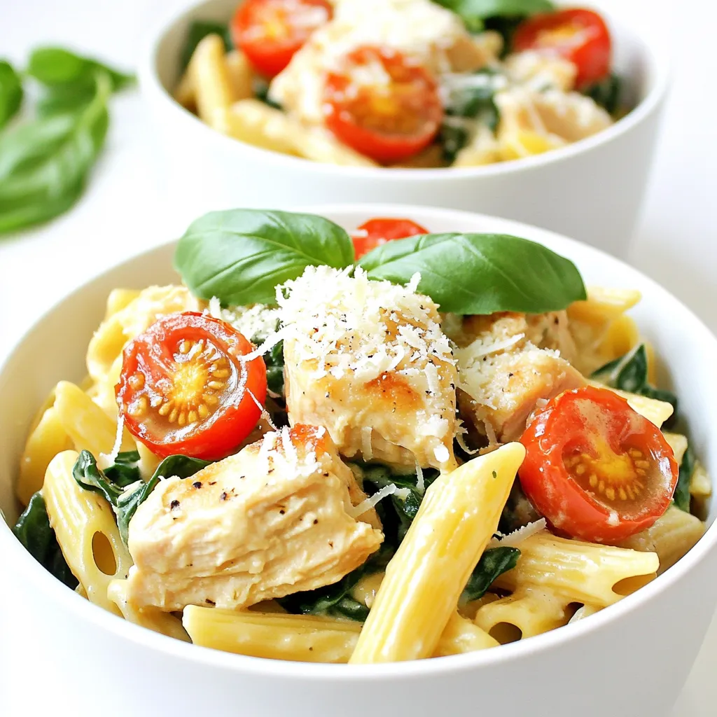 - 1 lb boneless, skinless chicken breasts - 8 oz penne pasta - 1 cup heavy cream - 1 cup cherry tomatoes, halved - 2 cups fresh spinach - 1/2 cup grated Parmesan cheese - 1 tablespoon olive oil - 3 cloves garlic, minced - 1 teaspoon Italian seasoning - 1 teaspoon red pepper flakes - 2 cups chicken broth - Salt and pepper to taste Gathering these ingredients sets you up for success. The chicken gives protein, while penne pasta makes it fill you up. Heavy cream adds richness, and cherry tomatoes bring a burst of flavor. Fresh spinach adds color and nutrition, and Parmesan cheese ties it all together. For seasoning, olive oil helps cook the chicken, while garlic adds a punch. Italian seasoning gives it that classic taste, and red pepper flakes can add some heat. Chicken broth is key for cooking the pasta, and salt and pepper enhance all the flavors. Make sure to get the freshest ingredients. This choice not only boosts taste but also makes your meal more nutritious. Enjoy the cooking process, as it leads to a creamy, delicious dish. First, I turn on the Instant Pot to the sauté function. I add a tablespoon of olive oil and let it heat for about a minute. Then, I toss in one pound of boneless, skinless chicken breasts, cut into bite-sized pieces. I season the chicken with salt, pepper, one teaspoon of Italian seasoning, and one teaspoon of red pepper flakes. I sauté the chicken until it turns lightly brown, which takes about four to five minutes. After that, I stir in three minced garlic cloves and cook for one more minute until I can smell the garlic. Next, I pour in two cups of chicken broth. I make sure the broth covers the chicken. Then, I add eight ounces of penne pasta, ensuring it is fully submerged in the liquid. This step is key for even cooking. Once everything is in, I close the lid of the Instant Pot, set the valve to sealing, and cook on high pressure for eight minutes. After the cooking time ends, I carefully perform a quick release to let the steam escape. I open the lid and stir the pasta and chicken to mix everything well. Then, I add one cup of heavy cream, one cup of halved cherry tomatoes, and two cups of fresh spinach. I stir these ingredients together until they blend nicely. I turn the Instant Pot back to sauté mode and let the mixture cook for three to four minutes. This lets the spinach wilt and warms everything up. Finally, I stir in half a cup of grated Parmesan cheese until it melts and makes the dish creamy. I taste it and adjust the seasoning as needed. To make your dish shine, start with the right seasonings. Adjust salt and pepper based on your taste. If you like more heat, add more red pepper flakes. Taste as you go to ensure balance. Next, let’s talk creaminess. Use heavy cream for that rich texture. If you want a lighter option, consider half-and-half. Just remember, the cream should meld well with the other flavors. Stir it in slowly and see how it blends. Serving your pasta nicely makes a big difference. Use deep bowls to hold the creamy sauce. Top each serving with extra grated Parmesan. This adds a lovely touch of flavor and elegance. Fresh basil leaves are a perfect garnish. They add color and a fresh aroma. You can also sprinkle some extra red pepper flakes for a pop of color. If you want to impress, consider serving with crusty garlic bread on the side. It’s a great way to soak up that creamy goodness! {{image_2}} - Alternatives for chicken: You can swap chicken for shrimp, tofu, or turkey. Shrimp cooks quickly and adds a nice flavor. Tofu is a great choice for a plant-based meal. Turkey provides a leaner option with a hearty taste. - Gluten-free pasta options: If you need gluten-free pasta, use rice or quinoa pasta. These options work well in this creamy dish. They absorb flavors nicely and keep the meal satisfying. - Adding different veggies: You can mix in bell peppers, zucchini, or mushrooms. These veggies add color and nutrition. They also bring new textures and tastes to the pasta. Adding them during the sauté step helps them cook well. - Using different cheeses: Try using goat cheese or mozzarella instead of Parmesan. Goat cheese adds a tangy flavor, while mozzarella creates a creamy texture. You can also mix different cheeses for a unique twist. To keep your creamy Tuscan chicken pasta fresh, store it in an airtight container. This helps maintain its flavor and texture. Place it in the fridge within two hours of cooking. This dish lasts about three to four days in the refrigerator. If you want to keep it longer, consider freezing it. It can stay good in the freezer for up to three months. Just remember to thaw it in the fridge before reheating. When reheating, I recommend using a stovetop method. This helps keep the creaminess intact. Start by adding a splash of chicken broth or cream to the pasta. Then, heat it over low heat. Stir it often to prevent sticking. You can also microwave it, but be cautious. Heat it in short bursts, stirring in between. For serving, add a sprinkle of fresh Parmesan and a few basil leaves. This adds a nice touch and enhances the flavor. Enjoy your delicious reheated creamy Tuscan chicken pasta just like it was fresh! To make this dish dairy-free, you can use alternative creams and cheeses. Here are some options: - Coconut cream: This thick cream adds richness. - Cashew cream: Blend soaked cashews with water for a creamy texture. - Nutritional yeast: This gives a cheesy flavor without dairy. - Dairy-free cheese: Many brands offer great dairy-free cheese options. These swaps keep the dish creamy and tasty without dairy. Yes, you can prepare this dish on the stovetop. Here’s how: 1. Sauté the chicken in a large pot with olive oil, salt, and pepper. 2. Add garlic after the chicken is browned. 3. Pour in chicken broth and add penne pasta. 4. Cover and simmer until the pasta is cooked, stirring occasionally. 5. Stir in cream, tomatoes, and spinach, cooking until heated through. This method takes a bit longer but still makes a delicious meal. This pasta pairs well with several side dishes: - Garlic bread: Perfect for soaking up sauce. - Caesar salad: A fresh, crisp side that balances the meal. - Roasted vegetables: Adds color and nutrition. - Steamed broccoli: A healthy and simple choice. These sides enhance your dining experience and complement the pasta's flavors. This blog post shared how to make Creamy Tuscan Chicken Pasta. We covered ingredients, seasoning, and cooking steps. I provided tips for perfecting the dish and suggested variations. You can customize it to suit your tastes and dietary needs. Remember to store leftovers properly to enjoy later. This dish is creamy, flavorful, and sure to impress. Whether you cook it for a weeknight meal or a special occasion, it will delight everyone. Enjoy creating this tasty dish and make it your own!
