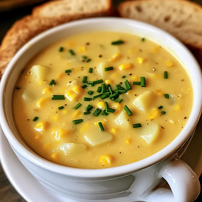 To make Slow Cooker Creamy Corn Chowder, gather these simple ingredients. Each one adds to the rich flavor. - 4 cups fresh or frozen corn (about 4-5 ears of corn if fresh) - 2 medium potatoes, diced - 1 small onion, chopped - 2 cloves garlic, minced - 2 cups vegetable broth - 1 cup heavy cream or coconut milk (for a dairy-free option) - 1 teaspoon dried thyme - 1 teaspoon paprika - Salt and pepper to taste - 1 tablespoon olive oil - Chopped fresh chives or parsley for garnish Each ingredient plays a key role in making this chowder creamy and comforting. Fresh or frozen corn gives a sweet taste and smooth texture. Diced potatoes add heartiness. Chopped onion and minced garlic create a strong base flavor. Vegetable broth brings depth while heavy cream or coconut milk offers creaminess. Dried thyme and paprika add warmth and aroma. Finally, salt and pepper enhance all the flavors. Don’t forget the olive oil for sautéing the onion and garlic. For garnish, use fresh chives or parsley for a colorful touch. This blend of ingredients makes for a cozy dish that warms the soul. Sautéing the Onion and Garlic Start by heating olive oil in a large skillet over medium heat. Add the chopped onion. Cook until it turns soft and clear, about five minutes. Then, add the minced garlic. Cook for one more minute until it smells great. This step builds a strong flavor base for your chowder. Combining Ingredients in the Slow Cooker Once the onion and garlic are ready, transfer them to the slow cooker. Add the diced potatoes and corn next. Pour in the vegetable broth. Sprinkle in dried thyme, paprika, salt, and pepper. Stir everything well. Make sure all the ingredients mix nicely. Setting the Cooking Time Cover the slow cooker with its lid. You can set it to cook on low for six hours or high for three hours. Cooking on low gives a richer flavor, but both settings work well. Check the potatoes after the cooking time. They should be soft and tender. Blending for Desired Consistency After cooking, use an immersion blender to blend the chowder. Blend until you get the texture you like. You can leave some chunks for a hearty feel. This step gives the chowder a creamy base while keeping some texture. Adding Cream or Coconut Milk Now, stir in the heavy cream or coconut milk for a rich taste. Mix it in well. Taste your chowder and adjust the seasoning if needed. A little more salt or pepper can enhance the flavor. Heating Before Serving Let the chowder heat for another 15 to 20 minutes. This step warms it up nicely. Serve the chowder warm in bowls. You can top it with fresh chives or parsley for a lovely finish. Enjoy it with some crusty bread for dipping! - Choosing the Right Corn Use fresh corn for the best flavor. You can pick corn from the market or store. If fresh corn is not available, frozen corn works well too. It still gives a sweet, bright taste. Aim for about 4 cups, whether fresh or frozen. - Adjusting Consistency to Your Liking After cooking, you can change the chowder's texture. Use an immersion blender to blend it smooth, or leave some chunks for a hearty feel. If you want it thinner, add a bit more broth. For a thicker chowder, blend less. - Low vs. High Cooking Times Cooking on low takes about 6 hours. This allows the flavors to mix well. Cooking on high takes around 3 hours. Both methods work, but low gives a richer flavor. - Tips for Beginner Slow Cooker Users Check your cooker settings before starting. Each slow cooker is different. Make sure to cover it while cooking. This keeps the heat in and helps your chowder cook evenly. - Serving Options and Pairings Serve the chowder in warm bowls. A nice touch is crusty bread on the side. This helps soak up the creamy chowder. You can also serve it with a light salad for a balanced meal. - Garnishing Ideas for a Beautiful Finish Top your chowder with fresh chives or parsley. This adds a pop of color and flavor. A sprinkle of paprika can also enhance the look. Enjoy your delicious chowder! {{image_2}} You can easily make this chowder creamy without dairy. Substitute the heavy cream with coconut milk. Coconut milk adds a lovely sweetness and richness. It blends well with the corn and spices. Use the same amount as the cream. Your chowder will still be rich and satisfying. Feel free to customize your chowder with more veggies or proteins. You can add carrots, bell peppers, or zucchini for more color and taste. If you want protein, consider adding cooked chicken or bacon. These extras will boost flavor and texture. Just chop them up and toss them in the slow cooker with the other ingredients. Spices and herbs can change the game for your chowder. You can add more dried thyme or paprika for warmth. For a kick, try a pinch of cayenne pepper or crushed red pepper flakes. Fresh herbs like parsley or cilantro add brightness. Experiment to find the mix that you love best! To store your corn chowder, let it cool first. Once cool, transfer it to an airtight container. This helps keep the flavors fresh. Chowder can last in the fridge for up to three days. Make sure to label the container with the date. This way, you will know when to use it. You can freeze corn chowder for later meals. Make sure it cools completely before freezing. Use freezer-safe containers or bags. Leave some space at the top to allow for expansion. The chowder can stay good in the freezer for up to three months. When you’re ready to eat it, just take it out and thaw it overnight in the fridge. Reheating chowder is easy. You can use the stove or microwave. For the stove, place the chowder in a pot over low heat. Stir often until it’s warm. If using a microwave, pour it into a microwave-safe bowl. Heat in 30-second intervals, stirring in between. This helps it heat evenly. Always check if the chowder is hot enough before serving. Slow Cooker Creamy Corn Chowder lasts about 3 to 4 days in the fridge. Store it in an airtight container. Always check for any signs of spoilage before eating. Reheat it in a pot over low heat or in the microwave until warm. Yes, you can use canned corn. Drain and rinse it before adding it to the slow cooker. It saves time and still gives a sweet flavor. Just remember that fresh corn adds a nice texture and taste, but canned corn works well too. Yes, you can make this chowder vegan. Simply swap the heavy cream for coconut milk. Use vegetable broth to keep it plant-based. Make sure to check that your broth is vegan-friendly. This way, you can enjoy a creamy chowder without dairy. Corn chowder pairs nicely with crusty bread or a fresh salad. You can also serve it with grilled cheese for a fun twist. For a simple side, try crackers or tortilla chips. They add a nice crunch and balance the creamy chowder. You can easily spice up your chowder. Add a pinch of cayenne pepper or some diced jalapeños. Stir in hot sauce for an extra kick. Adjust the amount to your taste. Spicy corn chowder can be a fun twist on the classic recipe. In this blog post, I shared how to make a creamy corn chowder using key ingredients. You learned the step-by-step process, from prepping to cooking and serving. I also covered tips for perfecting the dish and suggested fun variations. With this recipe, you can impress anyone with a delicious meal. Enjoy trying new flavors and techniques, and don’t forget to store leftovers properly. Your tasty chowder will surely be a hit at any dinner table!