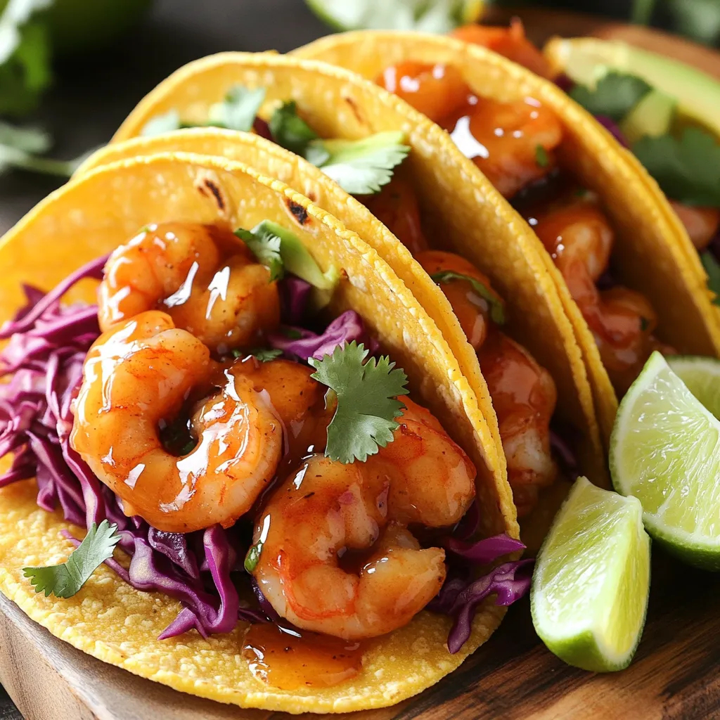 To make Spicy Honey Garlic Shrimp Tacos, you need these simple items: - 1 lb large shrimp, peeled and deveined - 2 tablespoons olive oil - 3 cloves garlic, minced - 1 tablespoon fresh ginger, grated - 2 tablespoons honey - 1 tablespoon soy sauce - 1 tablespoon sriracha (adjust to taste) - 1 teaspoon lime juice - 8 small corn tortillas - 1 cup red cabbage, shredded - 1 avocado, sliced - Fresh cilantro, chopped, for garnish - Lime wedges, for serving These ingredients combine to create bold flavors. The shrimp becomes sweet and spicy. The toppings add crunch and creaminess. While the tacos taste great as is, you can add a few garnishes for extra flavor. These include: - Chopped green onions - Sliced jalapeños - Crumbled queso fresco - Extra lime wedges These garnishes can enhance the dish. They provide a fresh contrast to the shrimp. If you don't have an ingredient, here are some easy swaps: - Use shrimp alternatives like chicken or tofu. - Swap olive oil for avocado oil. - Replace soy sauce with tamari for gluten-free tacos. - Honey can be substituted with agave syrup. - Use garlic powder if fresh garlic is not available. These substitutions won't change the overall taste too much. You can still enjoy a delicious taco experience. To start, grab a bowl. You will mix the shrimp with olive oil, minced garlic, and grated ginger. Add honey, soy sauce, sriracha, and lime juice. Stir well to coat each shrimp. Let this sit for at least 15 minutes. This time helps the shrimp soak up all the tasty flavors. Next, heat a skillet over medium-high heat. When it's hot, add the marinated shrimp. Save any leftover marinade for later. Cook the shrimp for about 2-3 minutes on each side. Look for them to turn pink and opaque. This means they are done! In the last minute, pour the reserved marinade into the skillet. Toss the shrimp to coat them in the glaze. Cook until the glaze thickens a bit. Now it’s time to put it all together. First, warm the corn tortillas in another skillet for about 30 seconds on each side. They should be soft and flexible. On each tortilla, place some shredded red cabbage. Add a few pieces of the spicy honey garlic shrimp on top. Then, add avocado slices and sprinkle fresh cilantro over everything. Your tacos are ready to serve! To get juicy shrimp, start with fresh shrimp. I use large shrimp for size and flavor. Marinate the shrimp for at least 15 minutes. This lets the flavors soak in. When cooking, heat your skillet properly. A hot skillet sears the shrimp, keeping them tender. Cook the shrimp just until they turn pink. Overcooked shrimp can become rubbery. Warming tortillas is easy. I use a dry skillet for this. Heat the skillet on medium. Place the corn tortillas in the skillet for about 30 seconds. Flip them over and warm the other side. This makes them soft and pliable. You can also wrap them in a damp paper towel and microwave them for 20 seconds. This keeps them moist. You can add extra toppings to boost flavor. Try adding sliced jalapeños for heat. A squeeze of lime juice brings brightness. If you like crunch, try adding diced radishes. You can also sprinkle some queso fresco for creaminess. Fresh herbs like cilantro can add a pop of freshness. These additions make your tacos even more delicious! {{image_2}} You can change these tacos to suit your taste. Try adding mango for sweetness. Pineapple also works well, adding a juicy kick. You can mix in jalapeños for extra heat. For crunch, add some diced bell peppers. Experiment with different herbs like mint or parsley. Each twist brings something new to the table. Serve these tacos with fresh sides. Consider a simple corn salad. A zesty lime slaw pairs great too. You can also serve chips with salsa or guacamole. For a healthy option, try a side of black beans. These sides keep the meal light and fresh. You can swap shrimp with other proteins. Chicken or beef works well in this recipe. Tofu is a great option for a vegetarian meal. Just adjust the cooking time based on your choice. Make sure to marinate it as you would with shrimp. This keeps the flavors rich and tasty. If you have leftover tacos, store them in an airtight container. Keep them in the fridge. They will stay fresh for up to two days. Make sure to separate the shrimp, tortillas, and toppings. This helps keep everything fresh and tasty. To reheat the shrimp, use a skillet over medium heat. Add a little olive oil to the pan. Once hot, add the shrimp and cook for about 2-3 minutes. Stir gently until the shrimp are warmed through. Avoid overcooking to keep them tender. Store each ingredient separately for the best flavor. Place the shrimp in one container and the tortillas in another. Keep the toppings, like cabbage and avocado, in their own containers too. This way, they stay fresh longer and keep their textures. Yes, you can prepare the shrimp ahead of time. Marinate the shrimp and store it in the fridge for up to 24 hours. When you're ready to cook, just heat a skillet and cook the shrimp until they're pink. You can also warm the tortillas ahead. Just keep them wrapped in a clean towel to stay warm. If you don't have sriracha, you can use any hot sauce you like. You can also mix chili powder with a little vinegar for heat. Adjust the amount based on your spice level. If you prefer no heat, skip the hot sauce and add extra garlic or ginger for flavor. To make these tacos gluten-free, use gluten-free soy sauce or tamari in the marinade. Be sure to check your tortillas as well. Look for corn tortillas labeled gluten-free to avoid any wheat products. This way, you can enjoy tasty tacos without worrying about gluten. This article covered how to make tasty shrimp tacos. We discussed the needed ingredients, cooking steps, and helpful tips. You learned fun variations and how to store leftovers. Remember, you can adjust flavors and proteins to fit your taste. Feel free to make these tacos your own. Enjoy the process and have fun with your cooking!