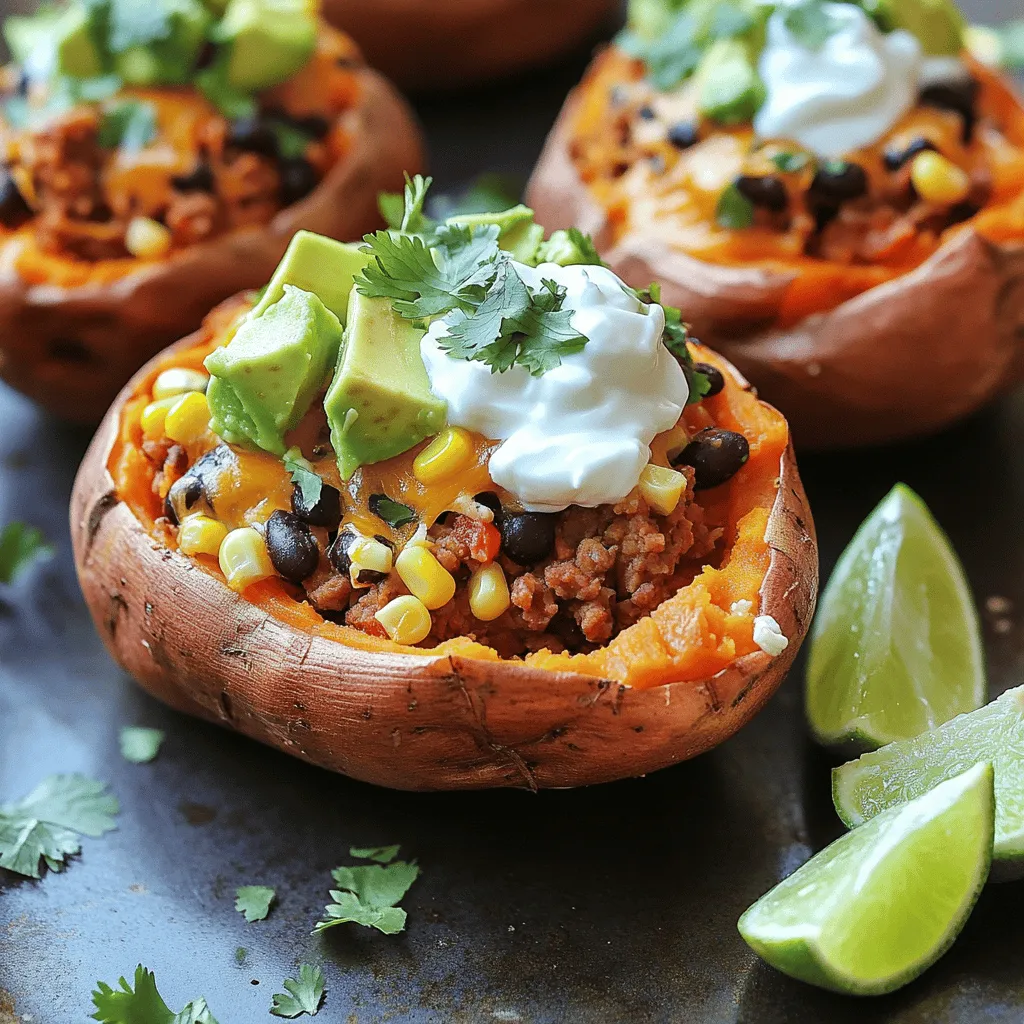 - 4 medium sweet potatoes - 1 lb ground turkey or beef - 1 can black beans, rinsed and drained - 1 cup corn kernels (fresh or frozen) - 1 packet taco seasoning - 1 cup diced tomatoes (fresh or canned) - 1 cup shredded cheese (cheddar or Mexican blend) - 1 avocado, diced - 1/2 cup Greek yogurt or sour cream - Fresh cilantro, chopped (for garnish) - Lime wedges (for serving) Sweet potatoes are the star here. They add sweetness and nutrients. Choose medium-sized ones for even cooking. Ground turkey is lean and healthy, but you can use beef for a richer flavor. Black beans add protein and fiber. Using fresh corn makes the dish taste bright. Canned tomatoes are a great shortcut. Use your favorite cheese for a melty topping. Finally, fresh cilantro brings a pop of flavor. You can swap the ground turkey for chicken or even plant-based meat. If you want a vegetarian take, try lentils or mushrooms. For the cheese, vegan cheese works well too. Instead of Greek yogurt, you can use a dairy-free sour cream. If you don't like cilantro, try green onions or parsley instead. Sweet potatoes can be swapped for regular potatoes, but they will change the taste. Start by preheating your oven to 400°F (200°C). This heat is perfect for baking sweet potatoes. Next, wash the sweet potatoes well. Use a fork to pierce them several times. This allows steam to escape while they bake. Place the sweet potatoes on a baking sheet. Bake them for 45 to 60 minutes. You will know they are ready when they feel soft. While the sweet potatoes bake, prepare the taco filling. In a skillet, heat it over medium heat. Add 1 pound of ground turkey or beef to the pan. Cook the meat for about 5 to 7 minutes until it is brown. Then, add the taco seasoning, black beans, corn, and diced tomatoes. Stir everything together well. Cook for another 5 minutes to heat it all through. When the sweet potatoes are done, take them out of the oven. Let them cool for a few minutes to avoid burns. Carefully cut each sweet potato in half lengthwise. Scoop out a small amount of flesh to make room for your filling. Now, fill each half with the taco meat mixture. Don't forget to sprinkle shredded cheese on top! Return the stuffed sweet potatoes to the oven for 10 more minutes. This melts the cheese and makes it bubbly. Once the time is up, take them out of the oven. Top each potato with diced avocado and a dollop of Greek yogurt or sour cream. Finish with freshly chopped cilantro. Serve with lime wedges on the side for a bright burst of flavor! To cook sweet potatoes perfectly, start by selecting ones that feel firm. Medium-sized sweet potatoes work best. Wash them well and pierce them with a fork. This step lets steam escape while baking. Bake at 400°F (200°C) for 45 to 60 minutes. You know they are ready when they feel soft. Let them cool before cutting. This makes it easier to scoop out the flesh. For a tasty taco filling, use fresh ingredients. Cook the ground turkey or beef until brown. This gives it a nice flavor. When you add the taco seasoning, stir it well with the meat. This helps the spices spread evenly. Add rinsed black beans and corn for texture. Diced tomatoes add moisture and freshness. Let it simmer for five minutes to blend all the tastes together. Serving is all about making your dish look inviting. After filling the sweet potatoes, sprinkle cheese on top. Bake them until the cheese melts. This gives a nice golden color. Top each potato with fresh avocado and a scoop of Greek yogurt or sour cream. Finish with chopped cilantro for a pop of color. Serve lime wedges on the side. This adds a zesty touch and makes your dish look stunning. {{image_2}} You can easily make Taco Stuffed Sweet Potatoes vegetarian or vegan. Instead of meat, use black beans or lentils. They add protein and fiber. You can also add more veggies like bell peppers or zucchini. For vegan cheese, look for plant-based options in stores. Replace Greek yogurt with a vegan yogurt. These swaps keep the dish tasty and filling. If you love heat, add spice to your taco filling. Use spicy taco seasoning or add chopped jalapeños. You can also mix in diced chipotle peppers in adobo sauce. For extra flavor, sprinkle cayenne pepper or chili powder. Top with spicy salsa for a fresh kick. These small changes will make your stuffed sweet potatoes fiery and delicious. Feel free to switch up the protein in your taco filling. Ground chicken or pork works great in this dish. You can also try plant-based meats like soy crumbles or tempeh. For a seafood twist, consider shrimp or fish. Each option has its own flavor, making this dish versatile. Just remember to cook the protein until it’s fully done before adding the other ingredients. To store leftover taco stuffed sweet potatoes, let them cool first. Place them in an airtight container. You can keep them in the fridge for up to 3 days. If you want them to last longer, consider freezing them. Make sure they are tightly wrapped to avoid freezer burn. When you’re ready to eat the leftovers, reheating is simple. Preheat your oven to 350°F (175°C). Place the stuffed sweet potatoes on a baking sheet. Heat them for about 15-20 minutes. You can also use a microwave if you’re in a hurry. Heat them on high for 1-2 minutes, checking to ensure they are warm throughout. Freezing taco stuffed sweet potatoes is a great option for meal prep. Wrap each half in plastic wrap, then place them in a freezer bag. Label the bag with the date. They can stay frozen for up to 3 months. When you want to eat them, thaw them in the fridge overnight before reheating. This method helps keep the flavors fresh and tasty. Yes, you can prepare Taco Stuffed Sweet Potatoes ahead of time. You can bake the sweet potatoes and cook the taco filling in advance. Store the sweet potatoes and filling separately in the fridge. When you're ready to eat, just reheat them. This way, you save time on busy days. You can use several options instead of ground turkey or beef. Consider ground chicken, pork, or even plant-based meat. If you prefer a vegetarian option, try lentils or mushrooms. Both will add great texture and flavor. Chickpeas work well too! Sweet potatoes are done baking when they are soft and tender. You can check by piercing them with a fork. If the fork goes in easily, they are ready. Typically, baking takes about 45 to 60 minutes at 400°F (200°C). We covered the key ingredients and steps to make Taco Stuffed Sweet Potatoes. You learned how to prep your sweet potatoes, cook the filling, and assemble the dish. I shared tips for flavor and presentation, as well as exciting variations, like vegetarian options. Remember to store leftovers properly and reheat them right for the best taste. Taco Stuffed Sweet Potatoes are fun to make and delicious to eat. Try your own version and enjoy the flavors!