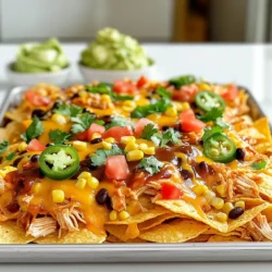 - 2 cups cooked chicken, shredded - 1 cup BBQ sauce (your favorite brand) - 1 bag tortilla chips (about 12 oz) To start, you need cooked chicken. Shredded chicken works best. You can use leftovers or rotisserie chicken. Next, grab your BBQ sauce. Pick a flavor you love. Finally, get a bag of tortilla chips. Choose sturdy chips that can hold all the toppings. - 2 cups shredded cheddar cheese - 1 cup black beans, rinsed and drained - 1 cup corn kernels (frozen or fresh) For toppings, you want shredded cheddar cheese. It melts perfectly and adds great flavor. Black beans are next. They give protein and texture. You can use canned or pre-cooked beans. Lastly, add corn kernels. Fresh or frozen corn works well here. - 1 cup diced tomatoes (fresh or canned with juice) - 1/2 cup sliced jalapeños (pickled or fresh) - 1/4 cup chopped fresh cilantro Finish with fresh garnishes. Diced tomatoes add freshness and color. Use fresh or canned, depending on what you have. Sliced jalapeños will add heat. Pickled jalapeños give a nice tang. Finally, add chopped fresh cilantro. It brightens the dish and adds a pop of flavor. These ingredients create a fun and tasty dish. Feel free to mix and match based on your taste. Enjoy making your BBQ chicken nachos! First, you need to preheat the oven to 400°F (200°C). This step helps the nachos bake evenly. While the oven heats, take 2 cups of shredded chicken. In a medium bowl, mix the chicken with 1 cup of your favorite BBQ sauce. Make sure the chicken gets well coated. This adds a rich flavor to your nachos. Set this mixture aside, and get ready to assemble. Now, grab a large baking sheet. Spread 1 bag of tortilla chips evenly across the sheet. Leave some space between the chips for toppings. Next, add the BBQ chicken mixture over the tortilla chips. Make sure to cover them well. Then, sprinkle 1 cup of rinsed black beans, 1 cup of corn kernels, and 1 cup of diced tomatoes on top. Don’t forget the sliced jalapeños! Finish off by sprinkling 2 cups of shredded cheddar cheese over everything. This cheese will melt and bring all the flavors together. It’s time to bake! Place the baking sheet in your preheated oven. Bake the nachos for about 10-12 minutes. You want the cheese to melt and get bubbly. Keep an eye on the edges of the chips. They should turn golden brown. Once done, remove the nachos from the oven. Let them cool slightly before adding 1/4 cup of chopped fresh cilantro on top. Serve your nachos hot with sides of sour cream and guacamole. Enjoy the tasty party dish! Spacing the Chips When you spread the tortilla chips, leave space between them. This helps heat reach all parts of the chips. If the chips are too close, some may get soggy. Aim for a single layer for best results. Avoiding Sogginess To prevent soggy nachos, avoid overloading with toppings. You want enough toppings to add flavor but not so much that the chips get wet. Layering is key. Start with chips, then a light layer of chicken, and finish with cheese on top. Customizing BBQ Sauce Not all BBQ sauces are the same. Try different flavors to find your favorite. You can mix sauces, add spices, or even a bit of honey for a sweet kick. This small change can elevate your nachos. Experimenting with Cheese Types Cheddar is great, but don’t stop there. Try Monterey Jack or Pepper Jack for added spice. Mixing cheeses can give your nachos a unique taste. Just remember to use cheese that melts well. Pairing Suggestions Serve your nachos with sides like coleslaw or a fresh salad. This adds crunch and balances the meal. Drinks like iced tea or soda pair well too. They keep the party vibe going. Adding Extra Proteins Want to make it heartier? Add beans or ground beef along with the chicken. You can even use pulled pork for a twist. This makes your nachos filling and satisfying for any crowd. {{image_2}} You can easily make these nachos vegetarian. Just replace the cooked chicken with plant-based proteins. Options like jackfruit, tofu, or a meat substitute work great. These choices soak up flavors well, making your nachos just as tasty. Switching up the BBQ sauce can change everything! Try a sweet BBQ for a hint of sugar or a spicy sauce for heat. You can also add unique toppings like pineapple or roasted red peppers. These options give your nachos a fun twist and add depth to each bite. If you need gluten-free nachos, use corn tortilla chips. They taste great and work well with all the toppings. For low-carb options, swap chips with sliced bell peppers or zucchini. Both options still give you that crunch without the carbs. After enjoying your sheet pan BBQ chicken nachos, you may have some leftovers. To keep the nachos fresh, you should refrigerate them. Start by placing them in an airtight container. This helps keep the flavors nice. You can also wrap them tightly in plastic wrap. If you want to store them for longer, freezing is a good option. - To freeze, place the nachos in a freezer-safe bag or container. - Make sure to remove as much air as possible to prevent freezer burn. When it comes time to reheat your nachos, you have two main options: the oven or the microwave. I recommend the oven for the best results. It helps keep the chips crispy. - Oven: Preheat your oven to 350°F (175°C). Spread the nachos on a baking sheet. Heat for about 10 minutes or until warm. - Microwave: Place the nachos on a microwave-safe plate. Heat in 30-second bursts until warm. Be careful, as the chips can get soggy in the microwave. Now let’s talk about how long your nachos last. If stored properly in the fridge, they are good for 3-4 days. After that, they may not taste as fresh. If you freeze them, they can last up to 2 months. Just remember, the longer they sit, the more the texture can change. Enjoy your nachos while they’re still tasty! To make BBQ chicken nachos from scratch, gather these ingredients: - 2 cups cooked chicken, shredded - 1 cup BBQ sauce - 1 bag tortilla chips (about 12 oz) - 2 cups shredded cheddar cheese - 1 cup black beans, rinsed and drained - 1 cup corn kernels - 1 cup diced tomatoes - 1/2 cup sliced jalapeños - 1/4 cup chopped fresh cilantro - Sour cream and guacamole for serving Start by mixing the shredded chicken with BBQ sauce. Spread tortilla chips on a large baking sheet. Add the BBQ chicken and other toppings. Finally, sprinkle cheese on top and bake. You can use rotisserie chicken to save time. If you're out of BBQ sauce, try a mix of ketchup and Worcestershire sauce. For cheese, any melty variety works well. Use canned beans if you don't have dried ones. You can swap jalapeños for bell peppers for a milder taste. The best BBQ sauce for nachos depends on your taste. Popular brands like Sweet Baby Ray's and Stubb's offer great flavors. If you want a homemade option, mix ketchup, brown sugar, and apple cider vinegar. Sweet Baby Ray's is sweet and smoky. Stubb's has a spicier kick. For homemade, blend together: - 1 cup ketchup - 1/4 cup apple cider vinegar - 1/4 cup brown sugar - 1 tsp smoked paprika This mix gives you a tasty sauce for nachos. Yes, you can prepare nachos in advance. Assemble the nachos without baking them. Cover the baking sheet with plastic wrap and store it in the fridge. To keep them fresh, add toppings just before baking. This helps prevent sogginess. Bake them for about 10-12 minutes when you're ready to eat. Enjoy the delicious flavors! BBQ chicken nachos are simple to make and fun to share. We discussed key ingredients, toppings, and fresh garnishes. I walked you through the steps of prepping, assembling, and baking. I also provided tips for even baking and enhancing flavors. Plus, there are fun variations for dietary needs. In the end, nachos can be a delicious meal or snack for everyone. You can customize them just how you like. Enjoy creating your version of BBQ chicken nachos!