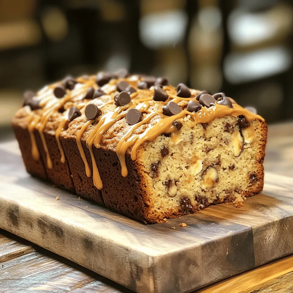For this Peanut Butter Chocolate Chip Banana Bread, you will need: - 3 ripe bananas, mashed - 1/2 cup creamy peanut butter - 1/2 cup granulated sugar - 1/2 cup brown sugar, packed - 2 large eggs - 1 teaspoon vanilla extract - 1 teaspoon baking soda - 1/2 teaspoon salt - 1 1/2 cups all-purpose flour - 1/2 cup chocolate chips (milk or dark) - 1/4 cup chopped walnuts (optional) This recipe does not contain gluten-free options. However, you can use gluten-free flour for a similar texture. When it comes to peanut butter, I recommend these brands: - Jif for creamy texture - Skippy for a smooth blend - Justin's for a natural choice For chocolate chips, some of the best varieties include: - Ghirardelli for rich flavor - Nestlé Toll House for classic taste - Enjoy Life for dairy-free options Choosing quality ingredients makes a big difference in flavor and texture. First, preheat your oven to 350°F (175°C). This step is key to baking. Then, prepare a 9x5-inch loaf pan by greasing it. You can also line it with parchment paper to help with easy removal later. Next, grab a large bowl. In this bowl, combine the mashed bananas and the creamy peanut butter. Mix well until smooth and creamy. This will form the base of your batter, giving it that rich flavor. Now, it’s time to add some sweetness. Pour in the granulated sugar and brown sugar. Stir until these sugars blend well with the banana and peanut butter mix. This step ensures every slice will be sweet and tasty. Then, beat in the large eggs one at a time. After that, mix in the vanilla extract. This adds depth to the flavor profile of your bread. Now, take a separate bowl for the dry ingredients. Whisk together the baking soda, salt, and all-purpose flour. This step helps to evenly distribute the baking soda and salt throughout the flour. Gradually add the dry mixture into the wet ingredients. Fold gently until just combined. Be careful not to overmix. Overmixing can lead to a dense bread. You want it light and fluffy. Now, it’s time for the fun part! Gently fold in the chocolate chips. If you like, add walnuts too. This adds a delightful crunch and extra flavor to the bread. Pour the batter into your prepared loaf pan. Spread it evenly using a spatula. Place it in your preheated oven. Bake for 55-65 minutes. Check for doneness by inserting a toothpick into the center. It should come out clean, with just a few crumbs. Once your banana bread is done baking, remove it from the oven. Let it cool in the pan for about 10 minutes. After that, transfer the bread to a wire rack. Let it cool completely before slicing. This helps to set the texture and flavors. Enjoy your delicious Peanut Butter Chocolate Chip Banana Bread! - Ensure banana ripeness: Use bananas that are very ripe. They should be brown and soft. This adds natural sweetness and flavor. Overripe bananas mash easily and blend well in the batter. If your bananas are still yellow, they may not give the same taste. - Monitoring baking time: Keep an eye on the baking time. Set a timer for 55 minutes, but check earlier. Every oven is a bit different. Insert a toothpick in the center. If it comes out clean or with a few crumbs, your bread is ready. - Adding spices: Try adding a teaspoon of cinnamon or nutmeg. These spices deepen the flavor of your banana bread. They blend well with the peanut butter and chocolate. You can add these spices to the dry mix for even distribution. - Toppings or spreads for serving: Serve your banana bread warm. Spread extra peanut butter on top for a creamy finish. You can also sprinkle a few chocolate chips for extra sweetness. Another idea is to add sliced bananas on top for a fresh touch. {{image_2}} You can switch up the nut butter in this recipe. Almond or cashew butter works great. Each nut butter brings its own flavor. You can try using almond butter for a nutty twist. Cashew butter gives a creamy texture. Don’t be afraid to experiment! Mix-ins can change the whole taste too. Consider adding dried fruits like raisins or cranberries. They bring sweetness and chewiness. You can also add seeds such as sunflower or pumpkin. They add crunch and nutrients. If you want a vegan option, you can skip the eggs. Use flaxseed meal instead. Mix 1 tablespoon of flaxseed with 3 tablespoons of water. Let it sit for a few minutes to thicken. This will act as a great egg substitute. Looking for lower sugar choices? You can reduce the granulated sugar and brown sugar. Use mashed dates or applesauce instead. These options keep your bread moist while lowering the sugar content. To keep your Peanut Butter Chocolate Chip Banana Bread fresh, follow these simple steps. First, let the bread cool completely. This helps prevent moisture buildup. Once cool, wrap the loaf tightly in plastic wrap or aluminum foil. You can also place it in an airtight container. Store it at room temperature for up to three days. If the bread is warm, let it cool to avoid sogginess. If you live in a humid area, refrigeration may be a good option. However, this can change the texture. The bread may become denser and less fluffy. For the best taste, try to keep it at room temperature when possible. Freezing is perfect for longer storage. You can freeze slices or the whole loaf. To freeze slices, wrap each piece in plastic wrap. Then place them in a freezer bag. This way, you can grab just what you need. For a whole loaf, wrap it well and place it in a freezer-safe bag. When you want to enjoy the bread, thaw it at room temperature. For quick thawing, you can use the microwave. Just warm it in short bursts to avoid drying it out. Enjoy your delicious banana bread with that fresh taste! Can I use frozen bananas? Yes, you can use frozen bananas. Just thaw them first. Drain any excess liquid before mashing. This will give you the same great flavor. Frozen bananas work well in baking. How do I know when it's done baking? To check if the banana bread is done, use a toothpick. Insert it into the center. If it comes out clean or with a few crumbs, it is ready. Avoid overbaking to keep it moist. What can I substitute for peanut butter? You can use almond butter or sunflower seed butter. Both options work nicely. They add a different flavor, but still keep the bread moist. Can I omit the chocolate chips? Yes, you can skip the chocolate chips. The bread will still taste great. You might try adding nuts or dried fruit instead for extra texture. What pairs well with banana bread? Banana bread pairs well with a spread of butter or extra peanut butter. You can also enjoy it with a side of fresh fruit or yogurt. These add delicious flavors and textures. Ideas for breakfast or snack options Try banana bread for breakfast with coffee or tea. It also makes a great afternoon snack. You can toast it for a warm treat. This blog post covered how to make delicious banana bread using fresh ingredients. You learned about choosing the right brands and dietary considerations. I shared step-by-step instructions for mixing and baking. Plus, I provided tips for success, variations for dietary needs, and storage strategies. Remember, the key is to experiment and find what you love. Enjoy making your banana bread! It’s a fun way to treat yourself or share with others. Happy baking!