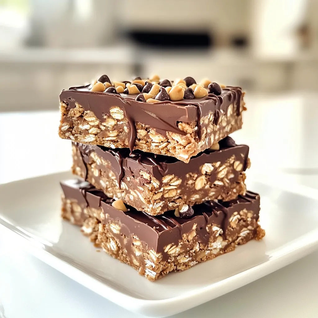 To make the No-Bake Chocolate Peanut Butter Oat Bars, you will need these simple ingredients: - 2 cups rolled oats - 1 cup natural peanut butter - 1/2 cup honey or maple syrup - 1/2 cup dark chocolate chips - 1/4 cup flax seeds (optional) - 1/4 teaspoon salt - 1 teaspoon vanilla extract - 1/4 cup chopped nuts (almonds or walnuts, optional) Each ingredient plays a key role in making these bars tasty and nutritious. The oats provide a hearty base, while the peanut butter adds creaminess and protein. Honey or maple syrup sweetens the mix, and dark chocolate chips bring a rich flavor. Flax seeds add a healthy touch, but you can skip them if you prefer. The salt and vanilla enhance all the flavors. Chopped nuts add crunch, making each bite more exciting. Gather these ingredients to get started on a delicious treat! 1. In a large bowl, combine 2 cups of rolled oats and 1/4 cup of flax seeds, if you choose to use them. Stir well to mix them evenly. 2. In another microwave-safe bowl, add 1 cup of natural peanut butter, 1/2 cup of honey or maple syrup, 1/2 cup of dark chocolate chips, 1/4 teaspoon of salt, and 1 teaspoon of vanilla extract. 3. Microwave this mix in 30-second intervals. Stir after each time. It should take about 1-2 minutes until it is melted and smooth. 1. Pour the melted mixture over the oats. Stir everything together until it is well combined. 2. If you like, fold in 1/4 cup of chopped nuts like almonds or walnuts for extra crunch. 1. Line an 8x8-inch baking dish with parchment paper. Make sure some paper hangs over the edges for easy removal later. 2. Pour the mixture into the dish. Press it down firmly and evenly using the back of a spatula or your hands. 3. Place the dish in the fridge for at least 2 hours. This time helps the bars set and become firm. - Drizzle melted chocolate on top for a fancy look. - Add extra chopped nuts for a crunchy texture. - Keep bars in an airtight container to stay fresh. - Use a glass or plastic container for best results. - Each bar has about 150 calories. - You get 6 grams of protein and 5 grams of fiber per bar. {{image_2}} You can switch up flavors in these bars easily. Try using different nut butters like almond or cashew. Each nut butter brings its own taste and texture. You can also add dried fruits, like raisins or cranberries. They add natural sweetness and chewiness. Seeds, like pumpkin or sunflower, add crunch and nutrition. Feel free to mix and match to find your favorite combo! Making these bars vegan is simple. Just swap honey with maple syrup or agave nectar. Both options work well and keep the sweetness. For gluten-free bars, use certified gluten-free oats. This way, everyone can enjoy these tasty treats without worry. These adjustments make the recipe more inclusive for different diets. You can adapt the size of the bars based on your needs. For larger gatherings, use a bigger baking dish. Just adjust the ingredient amounts to fit. If you want smaller snacks, cut the bars into bite-sized pieces. These mini versions are great for kids and parties. No matter the size, they will stay delicious and satisfying! Yes, you can use different sweeteners. Honey and maple syrup work well. You can try agave syrup or brown rice syrup too. Each sweetener will change the taste a bit. Adjust the amount based on how sweet you want your bars. Remember, some sweeteners are thicker than others. To make these bars nut-free, swap the peanut butter for sun butter or soy nut butter. These spreads offer a similar taste and texture. Check for allergies to ensure safety. You can also skip the nuts and still have a tasty treat. The bars will still hold together without nuts. If you don’t have dark chocolate chips, you can use milk chocolate or semi-sweet chocolate. You can even use cocoa powder for a different twist. Just mix it with a little coconut oil for melting. For a healthier option, try carob chips. They give a unique flavor while keeping it sweet. People love these no-bake bars! Many say they are easy to make. The taste is a big hit, too. Readers often comment on the rich chocolate and peanut butter flavor. Some suggest adding more nuts for crunch. They also recommend using maple syrup for a lighter sweetness. A few users have shared tips on how to cut the bars. They suggest using a hot knife for clean edges. This tip really helps to make the bars look nice. You can find many user uploads on Instagram and Pinterest. Search for hashtags like #NoBakeBars or #ChocolatePeanutButterOatBars. Many people share their own twists on the recipe. Some even add fun toppings like sprinkles or coconut. Tagging ideas include @YourCookingPage to show off your creation. These posts inspire others to try the recipe too! You can also join the conversation by sharing your own photos. It’s a fun way to connect with fellow food lovers. These no-bake bars are simple and fun to make. You mix oats, peanut butter, and chocolate, then chill. You can add nuts or make them vegan or gluten-free. Remember to store them well for freshness. Overall, they fit many tastes and diets. With this guide, you can create tasty treats everyone will enjoy. Dive in and enjoy your healthy snack!
