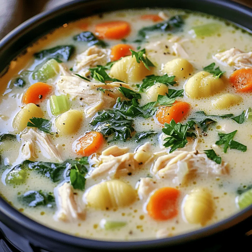 - 1 pound boneless, skinless chicken breast - 1 (16-ounce) package gnocchi (fresh or frozen) - 4 cups chicken broth - 1 medium onion - 3 cloves garlic - 2 medium carrots - 2 celery stalks - 2 cups fresh spinach - 1 tablespoon olive oil - 1 teaspoon dried thyme - 1 teaspoon dried oregano - ½ teaspoon salt - ½ teaspoon black pepper - 1 cup heavy cream - Grated Parmesan cheese for serving - Fresh parsley for garnish In this recipe, I use fresh and simple ingredients to create a warm soup. The chicken breast provides protein. I prefer using boneless and skinless chicken for ease and texture. Gnocchi adds a delightful chewiness. You can use either fresh or frozen gnocchi, depending on what you have. The chicken broth forms the base of the soup, giving it rich flavor. For vegetables, I like to add onion, garlic, carrots, and celery. These add depth to the soup. Fresh spinach adds color and nutrients. For seasonings, I use olive oil, thyme, oregano, salt, and pepper. They bring out the best flavors in this dish. The heavy cream makes the soup rich and creamy. For serving, I like to add grated Parmesan cheese and a sprinkle of fresh parsley. This adds a nice touch and extra flavor. First, gather all your ingredients. You need: - 1 pound boneless, skinless chicken breast, diced - 1 medium onion, diced - 3 cloves garlic, minced - 2 medium carrots, diced - 2 celery stalks, diced - 1 (16-ounce) package gnocchi (fresh or frozen) - 2 cups fresh spinach Start by dicing the chicken into small pieces. This helps it cook well. Next, dice the onion, carrots, and celery. Make sure to mince the garlic finely. These veggies add flavor and texture to the soup. If using frozen gnocchi, no need to thaw. They will cook perfectly in the soup. Set your Instant Pot to the sauté function. Once it's hot, add 1 tablespoon of olive oil. When the oil is hot, add the diced chicken. Sauté the chicken for about 5 minutes until it turns lightly brown. Remove the chicken and set it aside. In the same pot, add the diced onion, minced garlic, carrots, and celery. Sauté these for 3-4 minutes, or until they soften. This step builds the base flavor for your soup. Return the chicken to the pot, and pour in 4 cups of chicken broth. Stir in 1 teaspoon of dried thyme, 1 teaspoon of dried oregano, ½ teaspoon of salt, and ½ teaspoon of black pepper. Now, close the lid of the Instant Pot. Make sure the valve is set to sealing. Set it to manual high pressure for 4 minutes. Once the cooking time is up, do a quick release of pressure. Carefully open the lid. Next, stir in the gnocchi and 1 cup of heavy cream. Switch the Instant Pot back to the sauté function. Cook for another 4-5 minutes, or until the gnocchi become tender and the soup is creamy. Finally, stir in 2 cups of fresh spinach until it wilts, which takes about 1 minute. The total cooking time for this soup is around 30 minutes. This includes 5 minutes for sautéing the chicken, 3-4 minutes for the vegetables, and 4 minutes of pressure cooking. The quick release process lets you open the pot safely and continue cooking. Keep in mind that using the Instant Pot saves both time and effort. You will enjoy a rich and creamy chicken gnocchi soup in just half an hour! To keep your chicken from overcooking, use a quick release. After cooking, release the steam right away. This helps keep the chicken tender. Also, cut the chicken into small, even pieces. This ensures they cook evenly. For a creamier texture, add the heavy cream last. Stir it in after cooking for the best results. If you want even more creaminess, try adding a bit more heavy cream as you go. If you want to switch up the chicken, you can use turkey instead. Shredded rotisserie chicken works well too. For the gnocchi, try using small pasta, like mini shells, if you can't find gnocchi. If you need a dairy-free option, use coconut milk instead of heavy cream. It will add a nice flavor without the dairy. Almond milk is another option, but it may be less creamy. To make your soup meal complete, serve it with crusty bread or a fresh salad. A simple green salad pairs well and adds freshness to the meal. For garnishes, sprinkle some grated Parmesan cheese on top. Fresh parsley adds color and flavor too. You can also add a squeeze of lemon for a zesty kick. Enjoy your cozy bowl of soup! {{image_2}} You can change up the soup by adding different veggies. Potatoes or corn can add tasty bites. Feel free to use turkey or shrimp instead of chicken. These swaps keep the soup fresh and exciting. You can play with the herbs and spices in this soup. Try basil or rosemary for a new twist. If you want heat, add red pepper flakes or hot sauce. These changes can boost the flavor profile and warm you up. This soup can fit every season. In fall or winter, use root vegetables like squash or sweet potatoes. For summer, make a lighter version by using less cream and adding more greens. These options keep your meals fresh and in tune with the weather. To keep your Instant Pot creamy chicken gnocchi soup fresh, cool it quickly. I recommend letting the soup cool at room temperature for about 30 minutes. Then, transfer it to an airtight container. Glass or BPA-free plastic containers work best for storing soup. Make sure they are sealed well to keep out air and moisture. This way, your soup stays tasty for later use. Freezing the soup is easy! First, let it cool completely. Then, pour the soup into freezer-safe bags or containers. Leave some space at the top, as the soup will expand when frozen. To reheat, thaw the soup overnight in the fridge. Then, heat it on the stove over low heat. Stir often until it's hot. You can also warm it in the microwave in short bursts, stirring in between. In the fridge, this soup can stay fresh for about 3 to 4 days. If you freeze it, it can last up to 3 months. Always check for signs of spoilage before eating. If you see any off smells or discoloration, it's best to throw it away. Keeping an eye on freshness ensures you enjoy the soup at its best! Yes, you can make this soup on the stove. Use a large pot instead of the Instant Pot. Start by sautéing the chicken and vegetables in a pot. Then, add the broth and spices. Let it simmer for about 20 minutes. Add the gnocchi and cream at the end. Cook until the gnocchi is tender. This method takes a bit longer, but the soup will still be tasty. The Instant Pot cooks this soup quickly. It takes about 30 minutes from start to finish. You will spend around 10 minutes prepping the ingredients. The actual cooking time is just 4 minutes under high pressure. After cooking, do a quick release of pressure. Then, stir in the gnocchi and cream. Cook for another 4-5 minutes to finish the soup. Yes, you can use frozen gnocchi. There is no need to thaw them first. Just add the frozen gnocchi directly into the soup during the last cooking phase. They will cook right in the broth. This makes the soup even easier to prepare. If you use fresh gnocchi, it may cook slightly faster, so keep an eye on it. This blog post covered how to make a hearty chicken gnocchi soup. We discussed ingredients, step-by-step cooking instructions, and helpful tips. You learned how to customize the soup with different flavors and ingredients. Storage methods ensure you can enjoy leftovers later. Overall, this recipe is easy to modify for your tastes. Enjoy making a delicious meal that warms the soul and satisfies your belly!