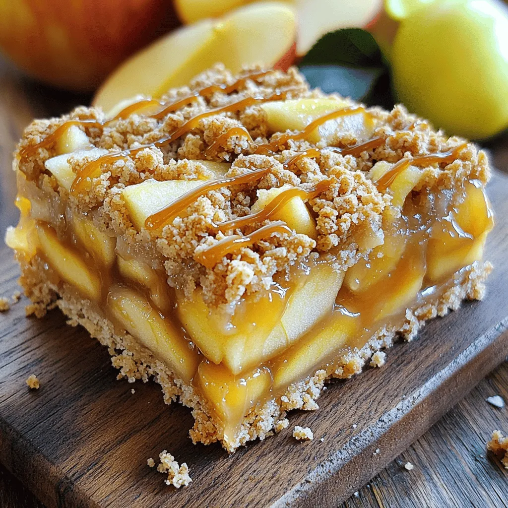 To make these delicious bars, gather the following ingredients: - 2 cups all-purpose flour - 1 cup rolled oats - 1/2 cup brown sugar, packed - 1/2 cup granulated sugar - 1/2 teaspoon baking powder - 1/2 teaspoon baking soda - 1/2 teaspoon cinnamon - 1/2 cup unsalted butter, melted - 1 large egg - 4 medium apples, peeled, cored, and diced - 1/2 cup salted caramel sauce (store-bought or homemade) - 1/2 teaspoon sea salt (for garnish) You can add more flavor with these optional ingredients: - Chopped nuts like pecans or walnuts - A splash of vanilla extract - A pinch of nutmeg for warmth - Dried cranberries for a tart twist If you need to swap out ingredients, here are some ideas: - Use whole wheat flour for more fiber. - Replace butter with coconut oil for a dairy-free option. - Use honey or maple syrup instead of granulated sugar for a natural sweetener. - Swap apples with pears or peaches for a different fruit flavor. These choices keep your bars tasty and fun while catering to different dietary needs! First, gather all your ingredients and tools. You will need a 9x13 inch baking dish, parchment paper, and mixing bowls. Preheat your oven to 350°F (175°C). Line the baking dish with parchment paper. Leave some paper hanging over the edges. This will help you lift the bars out later. 1. In a large bowl, mix the flour, oats, brown sugar, granulated sugar, baking powder, baking soda, and cinnamon. Stir until combined. 2. Pour in the melted butter. Add the egg and mix until crumbly and moist. 3. Press about two-thirds of this mixture firmly into the lined baking dish. This will be your crust. 4. In another bowl, toss the diced apples with half of the salted caramel sauce. Add a sprinkle of cinnamon for extra flavor. 5. Spread the apple mixture evenly over the crust. 6. Crumble the remaining one-third of the oat mixture over the apple layer. 7. Drizzle the rest of the salted caramel sauce on top. 8. Bake in the oven for 30-35 minutes. The top should be golden brown, and apples should be tender. Once baked, take the bars out of the oven. Let them cool for about 30 minutes. This cooling time helps them set. After they cool, sprinkle with sea salt for a tasty finish. Use the parchment paper to lift the bars out of the dish. Cut them into squares or rectangles. Enjoy serving these bars on a rustic board, drizzled with extra caramel and a few fresh apple slices on the side. To get the best crumble texture, use cold butter. This helps create a nice, flaky crust. When mixing, don’t overwork the dough. You want it crumbly, not smooth. Use your fingers for mixing. This gives you better control. Also, keep an eye on the baking time. You want a golden top, not burnt. One common mistake is not measuring ingredients correctly. Use measuring cups and spoons for accuracy. Another mistake is using too much liquid. The mixture should hold together but not be wet. Lastly, don’t skip chilling the bars before cutting. This helps them hold their shape better. Making your own salted caramel is easy and fun. Here’s how: 1. In a medium saucepan, heat 1 cup of sugar over medium heat. Stir until it melts and turns golden brown. 2. Once melted, slowly add 6 tablespoons of unsalted butter. Stir until melted and combined. 3. Carefully pour in 1/2 cup of heavy cream while stirring. The mixture will bubble. 4. Add a pinch of sea salt to taste. Stir well and let it cool before using. This sauce will elevate your apple crumble bars. It adds a rich flavor that pairs perfectly with apples. {{image_2}} You can make these bars even better by adding nuts or spices. Chopped nuts like walnuts or pecans add a nice crunch. Toss in about a half cup of nuts with the apple mix. You can also try spices like nutmeg or ginger for a warm twist. Just a pinch can change the flavor a lot! If you need gluten-free bars, swap the all-purpose flour for a gluten-free blend. Many brands work well in baking. For a vegan option, use coconut oil instead of butter and a flaxseed egg. To make a flaxseed egg, mix one tablespoon of flaxseed meal with three tablespoons of water and let it sit for five minutes. This will help bind the bars. You can switch up the fruit based on the season. In spring, try fresh strawberries or rhubarb. In summer, peaches or blueberries work great. Fall is perfect for pears or cranberries. Each fruit brings its own flavor, so feel free to experiment! To keep your salted caramel apple crumble bars fresh, store them in an airtight container. Place parchment paper between layers to prevent sticking. They stay good for up to four days in the fridge. If you want to keep them longer, freezing is a great option. To freeze the bars, first ensure they are completely cool. Then, cut them into squares. Wrap each piece in plastic wrap. Place the wrapped bars in a freezer-safe bag or container. They can last up to three months in the freezer. When you want to enjoy them, just thaw them in the fridge overnight. To reheat your bars, preheat your oven to 350°F (175°C). Place the bars on a baking sheet, and cover them with foil. Warm them for about 10 minutes. This helps keep the crumble texture and makes the caramel nice and gooey. Avoid using the microwave, as it can make the bars soggy. Yes, you can make these bars ahead of time. They keep well for up to three days. Store them in an airtight container at room temperature. This way, you can enjoy them fresh whenever you want. You can also freeze the bars for up to three months. Just wrap them tightly in plastic wrap and then in foil. Thaw them in the fridge before serving. To keep your apples firm, choose the right type of apple. Firm apples like Granny Smith or Honeycrisp work best. Before baking, toss the diced apples with a bit of lemon juice. This step helps maintain their texture. Avoid overcooking the apples in the oven. Bake just until tender, about 30-35 minutes. This way, they won’t turn mushy. These bars pair well with several tasty options. A scoop of vanilla ice cream is a classic choice. You can also serve them with whipped cream for added creaminess. Drizzling extra salted caramel sauce on top adds a lovely touch. For a fun twist, try serving them with a cup of warm cinnamon tea. We explored how to make delightful Salted Caramel Apple Crumble Bars. You learned about the key ingredients, step-by-step cooking, and how to serve them perfectly. Tips helped you avoid common mistakes and achieve the best texture. You also discovered flavor variations and how to store your bars for later. Remember, this dessert can fit any season or diet. Now, enjoy your tasty creation and share it with friends and family. Making these bars will bring joy to your table. Happy baking!