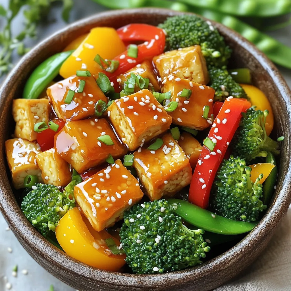 - 1 block (14 oz) firm tofu - 2 tablespoons cornstarch - 2 tablespoons vegetable oil - 1 bell pepper (red or yellow) - 1 cup broccoli florets - 1 cup sugar snap peas - 3 cloves garlic - 3 tablespoons honey - 2 tablespoons soy sauce - 1 tablespoon rice vinegar - Salt and pepper - Sesame seeds - Green onions Gathering your ingredients is key. Make sure you have a block of firm tofu, as it gives the best texture. Cornstarch is important for a crispy coating. You will also need vegetable oil for frying. Choose a bell pepper for color; red or yellow both work great. Broccoli florets add crunch, while sugar snap peas give a sweet touch. Garlic is a must for flavor, and honey adds the sweet element. Prepare soy sauce and rice vinegar for the sauce. Don’t forget salt and pepper for seasoning. Finally, sesame seeds and chopped green onions will make your dish look beautiful. With these ingredients, you set the stage for a delicious Honey Garlic Tofu Stir Fry. Pressing and cubing the tofu Start by pressing the tofu. This step is key. Wrap the tofu in a clean kitchen towel. Place a heavy object on top for about 15-20 minutes. This helps remove excess moisture. After pressing, cut the tofu into bite-sized cubes. Coating tofu with cornstarch Next, toss the tofu cubes in cornstarch until they are evenly coated. This adds a nice crunch when fried. Frying tofu until golden brown In a large non-stick skillet or wok, heat vegetable oil over medium-high heat. Once the oil is hot, add the tofu cubes in a single layer. Fry them until they are golden brown and crispy on all sides. This should take about 8-10 minutes. Remove the tofu from the skillet and set it aside. Stir-frying vegetables In the same skillet, add sliced bell pepper, broccoli florets, and sugar snap peas. Stir-fry these vegetables for about 5-7 minutes. You want them tender but still crisp. Adding garlic and sauce mixture Now, add the minced garlic to the skillet. Stir it for about 30 seconds until fragrant. In a small bowl, whisk together honey, soy sauce, and rice vinegar. Pour this mixture over the vegetables and tofu. Stir to combine everything well and cook for an additional 2-3 minutes. Final seasoning and garnishing Season with salt and pepper to taste. Adjust if needed. Remove from heat and garnish with sesame seeds and chopped green onions. Your Honey Garlic Tofu Stir Fry is now ready to serve! To get the best tofu, start by pressing it. This step removes extra moisture. Wrap the tofu in a clean towel. Place a heavy item on top for 15-20 minutes. This makes the tofu firm and helps it absorb flavors. Next, ensure even frying. After pressing, cut the tofu into cubes. Coat each piece in cornstarch. This helps create a crispy outer layer when frying. When you stir-fry vegetables, use high heat. This keeps them crisp and bright. Add vegetables based on their cooking time. Start with harder veggies like broccoli. Then add softer ones like bell peppers. This way, everything cooks evenly. Adjust heat levels as needed. If things cook too fast, lower the heat. If they aren't cooking, turn it up. This gives you control over the cooking process. Spice up your dish with extra flavors. Try adding red pepper flakes for heat. A dash of ginger can also boost taste. You can customize the honey garlic sauce, too. If you like it sweeter, add more honey. For a tangy kick, increase the rice vinegar. Taste as you go. This makes your dish truly yours. {{image_2}} To make this dish vegan, you can swap honey for maple syrup or agave nectar. Both options work well and keep the sweetness. You can also use different veggies. Try carrots, zucchini, or mushrooms for a fresh twist. These changes keep your stir fry tasty and colorful. If you want to add protein, chicken or shrimp are great choices. Cook them before the tofu for the best results. For those needing tofu alternatives, consider tempeh or seitan. Both provide a nice texture and absorb flavors well. They make the dish hearty and satisfying. Serve your stir fry with steamed rice or noodles for a filling meal. You can also add a side of sesame sauce or chili paste. These condiments add a nice kick. Garnish with extra green onions or sesame seeds for a pop of flavor and color. Enjoy your meal! To keep your honey garlic tofu stir fry fresh, you need the right containers. Use airtight containers to seal in the flavor. This helps prevent the tofu and veggies from getting soggy. Place the leftovers in the fridge within two hours of cooking. This keeps them safe to eat later. You can store them for up to three days. After that, the taste and texture may change. When you are ready to enjoy your leftovers, use the best reheating methods. You can use a skillet or a microwave. For the skillet, heat over medium heat. Add a splash of water or oil to help keep the stir fry moist. Stir often to avoid burning. If using a microwave, place the stir fry in a microwave-safe dish. Cover it loosely to allow steam to escape. Heat in short bursts, stirring in between. To maintain the texture, avoid reheating too long. You want the tofu to stay crispy, not soggy. Enjoy your quick and flavorful meal again! To make tofu crispy, start with firm tofu. Press it for 15-20 minutes to remove moisture. This step is key. Once pressed, cut the tofu into cubes. Toss these cubes in cornstarch. This will help them crisp up. In a hot skillet with vegetable oil, add the tofu in a single layer. Fry each side for 8-10 minutes or until golden brown. Avoid moving the tofu too much. This lets it develop a nice crust. Yes, you can freeze Honey Garlic Tofu Stir Fry. However, tofu has a unique texture change when frozen. For best results, freeze it after cooking. Let it cool completely, then place it in a freezer-safe bag. Remove as much air as possible before sealing. To reheat, defrost in the fridge overnight. Heat gently in a skillet. Add a splash of water or broth to help revive the texture. You can serve Honey Garlic Tofu Stir Fry with various sides. Steamed rice is a classic choice. Quinoa also pairs well. For a low-carb option, try cauliflower rice. You might add a side salad for freshness. A simple cucumber salad or sesame slaw works nicely. Enjoy it with some extra honey for drizzling. This adds a sweet touch to your meal. You now have the tools to create a tasty Honey Garlic Tofu Stir Fry. We covered the ingredients, preparation steps, and cooking techniques. You learned how to perfect tofu texture and enhance flavors. Remember, you can customize this dish with various vegetables or protein sources. Store any leftovers properly and enjoy them later. With these tips, you will impress your friends and family with your cooking skills. Enjoy your cooking adventure!