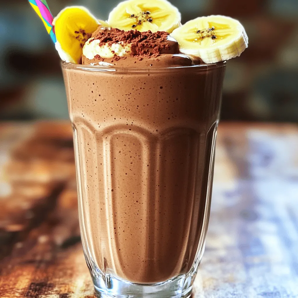 When making the High-Protein Cottage Cheese Chocolate Banana Smoothie, using the right ingredients is key for taste and nutrition. Here’s what you need: - 1 cup cottage cheese (low-fat or full-fat) - 1 ripe banana - 1 tablespoon unsweetened cocoa powder - 1 tablespoon honey or maple syrup (optional for sweetness) - 1 tablespoon peanut butter or almond butter - 1 teaspoon vanilla extract - 1 cup almond milk (or any milk of choice) - Ice cubes (optional, for a thicker texture) Each ingredient adds its own benefits. Cottage cheese gives a protein boost. The banana adds natural sweetness and creaminess. Cocoa powder gives a rich chocolate flavor without extra sugar. Honey or maple syrup can sweeten it, but it's optional. Nut butter adds healthy fat and flavor. Vanilla extract enhances the overall taste. Almond milk keeps it light and adds creaminess. Ice cubes can make the smoothie thicker and cooler. Gather these ingredients before you start. This will make the process smooth and fun. Enjoy blending! - Step 1: Blend cottage cheese and banana Start by putting one cup of cottage cheese and one ripe banana into your blender. Blend these two ingredients until they become smooth and creamy. This mix gives your smoothie a rich texture and great flavor. - Step 2: Incorporate cocoa powder and sweeteners Now, add one tablespoon of unsweetened cocoa powder to the blender. If you want a sweeter taste, include one tablespoon of honey or maple syrup. You can also add one tablespoon of peanut butter or almond butter for extra creaminess. - Step 3: Blend on high for smooth consistency Blend all the ingredients on high speed. Keep blending until everything is well combined and smooth. You want a silky texture without any lumps. - Step 4: Adjust thickness with ice or almond milk If you like a thicker smoothie, add a few ice cubes to the blender. Blend again until they are crushed. You can also pour in more almond milk to adjust the thickness to your liking. - Step 5: Taste and adjust sweetness After blending, take a quick taste of your smoothie. If it needs more sweetness, add a little more honey or maple syrup. Blend once more if you add anything to mix it well. - Step 6: Serve immediately Pour your smoothie into a tall glass or two smaller glasses. Enjoy it right away for the best flavor and texture. You can sprinkle a bit of cocoa powder or add banana slices on top for a nice touch. To make a smooth and creamy smoothie, start with ripe bananas. They blend better and add natural sweetness. Use a high-speed blender to mix everything. This ensures a lump-free texture. If you want to adjust the sweetness, taste your smoothie before serving. You can add honey or maple syrup if needed. Just remember to add a little at a time. Blend well after each addition to find your perfect flavor. You can customize the thickness of your smoothie, too. For a thicker texture, add ice cubes when blending. If it’s too thick, pour in more almond milk. Blend again until you reach your desired consistency. Presentation makes your smoothie even more fun. You can garnish it with a sprinkle of cocoa powder. This adds a nice touch and enhances the chocolate flavor. Slices of banana on top give it a fresh look. For serving, consider using colorful straws. They make drinking your smoothie more enjoyable. You can also use tall glasses or small jars to showcase your tasty creation. Enjoy the fun and vibrant look of your drink! {{image_2}} Cottage cheese offers a great protein boost. It is low in fat and high in protein. One cup of cottage cheese has about 25 grams of protein. This makes it perfect for smoothies. Protein helps build strong muscles and keeps you full for longer. Using protein sources like cottage cheese in smoothies is smart. It adds creaminess and a nice flavor. You can also mix it with other proteins, like nut butter. These sources together provide a complete protein profile, which helps your body recover and grow. Bananas are packed with vitamins and minerals. They give you energy and help digestion. The potassium in bananas is great for heart health. Cocoa powder adds a rich taste and many antioxidants. These antioxidants can help reduce inflammation in the body. Nut butters, like peanut or almond butter, are tasty and healthy. They are high in healthy fats and protein. Just one tablespoon can keep you satisfied. They also help balance blood sugar levels. Together, these ingredients make your smoothie not just tasty but also good for your health. You can easily swap out some ingredients to fit your diet. If you want a dairy-free version, try using silken tofu or a plant-based yogurt instead of cottage cheese. These options still offer creaminess and a good protein boost. For those who prefer different sweeteners, you can use agave syrup or stevia instead of honey or maple syrup. Each sweetener brings its own flavor, so choose what you like best. If you want to change the nut butter, almond butter or sunflower seed butter work great. Each adds a unique taste and texture. To kick up the flavor, think about adding spices. A dash of cinnamon or nutmeg can really elevate your smoothie. Just a pinch will add warmth and depth without overpowering the chocolate and banana. Adding green veggies is another way to boost nutrition. Spinach or kale blend well and won’t change the taste much. You can sneak in those nutrients easily while keeping the smoothie delicious and creamy. Yes, you can use any milk you like. Almond milk works well. You can try oat milk or soy milk too. Each type will change the flavor slightly. Just pick the one you enjoy most. To make this smoothie vegan, swap the cottage cheese. Use a dairy-free cottage cheese or silken tofu. Both options keep the smooth texture. You can also add more nut butter for protein. You can prepare it a few hours ahead. Just blend all the ingredients and store it in the fridge. The smoothie may thicken, so stir it before you drink it. Store leftovers in an airtight container. Use a glass jar or a plastic bottle. Keep it in the fridge and drink within one day for the best taste. This blog has shared a simple and tasty smoothie recipe. You learned how to blend cottage cheese, banana, and cocoa for a creamy drink. We discussed tips for a perfect blend and fun ways to serve smoothies. You also discovered the health perks of the ingredients and creative variations to try. Feel free to customize this smoothie to fit your taste. Enjoy experimenting with flavors and ingredients. Making this drink can be easy and rewarding! You now have the tools to create your own delicious smoothies.