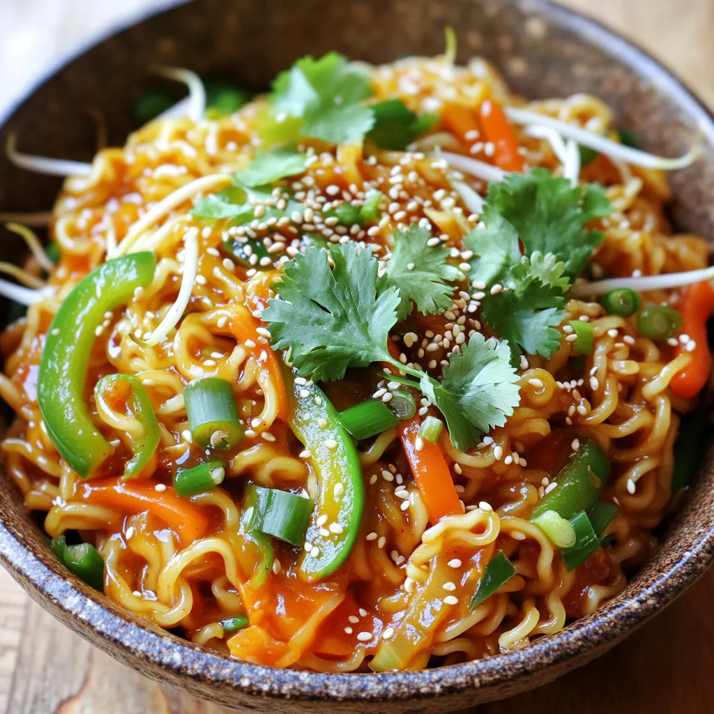 To make Minute Gochujang Noodle Stir-Fry, gather these key items: - 200g instant rice noodles - 2 tablespoons gochujang (Korean chili paste) - 1 tablespoon soy sauce - 1 tablespoon sesame oil - 1 teaspoon rice vinegar - 1 green bell pepper, sliced - 1 carrot, julienned - 1 cup bean sprouts - 2 green onions, chopped - 2 cloves garlic, minced - 1 tablespoon sesame seeds (for garnish) - Fresh cilantro leaves (for garnish) These ingredients help create a bold, spicy, and fresh dish. You can add more flavor and texture with these options: - Mushrooms for earthiness - Broccoli for crunch - Snap peas for sweetness - Red bell pepper for color Feel free to mix and match these extras to your taste. If you have specific dietary needs, here are some swaps: - Use gluten-free soy sauce for gluten-free diets. - Substitute tofu for a plant-based protein. - Replace rice noodles with zucchini noodles for a low-carb option. These substitutions keep the dish delicious while fitting your diet. First, cook the instant rice noodles. Follow the package instructions carefully. This usually takes about 3 to 5 minutes. When they are soft, drain them well. Rinse the noodles under cold water to stop cooking. This helps keep them from sticking together. Set the noodles aside in a bowl. Next, make the sauce. In a small bowl, mix two tablespoons of gochujang, one tablespoon of soy sauce, one tablespoon of sesame oil, and one teaspoon of rice vinegar. Stir until everything blends. This sauce brings heat and flavor to the dish. Set it aside for later use. Now, let’s stir-fry. Heat a large skillet or wok over medium-high heat. If needed, add a little sesame oil to the pan. Once hot, add two minced garlic cloves. Sauté for about 30 seconds until you smell the garlic. Then, toss in one sliced green bell pepper and one julienned carrot. Stir-fry these for 3 to 4 minutes. They should start to soften but still be crisp. After the veggies soften, add the cooked rice noodles to the pan. Pour in the gochujang sauce and mix everything well. Heat it for another 2 to 3 minutes. Finally, fold in one cup of bean sprouts and two chopped green onions. Stir gently until they are just heated through. Turn off the heat and get ready to serve. To get perfect noodles, follow the package instructions closely. Use plenty of water to boil your noodles. This helps them cook evenly. Stir them gently to avoid sticking. Once cooked, drain them well. Rinse with cold water to stop the cooking. This keeps them from becoming mushy. For a great stir-fry, heat your pan well before adding the ingredients. A hot skillet helps the veggies stay crisp. Add the garlic first to build flavor. Then, quickly toss in your bell pepper and carrot. Stir-fry for just a few minutes. You want them tender but still crunchy. Add the noodles last to keep their shape. Gochujang is bold, but you can boost flavor even more. Try adding a splash of lime juice for zing. Fresh herbs like cilantro add a nice touch. You could also sprinkle some sesame seeds for crunch. If you like heat, toss in some chili flakes. Each addition will make your dish pop with flavor! {{image_2}} You can add protein to your Minute Gochujang Noodle Stir-Fry for extra flavor and nutrition. Here are some great options: - Chicken: Use bite-sized pieces of chicken breast. Cook them in the pan before adding the veggies. - Tofu: Firm tofu works best. Cut it into cubes and pan-fry until golden. - Shrimp: Peeled and deveined shrimp cook quickly. Add them right after the garlic for a tasty twist. Each protein brings its own taste and texture. Choose what you enjoy most! Feel free to swap out the veggies based on what you have at home. Here are some fun ideas: - Broccoli: This adds a nice crunch and pairs well with the sauce. - Snap peas: They bring sweetness and bright color to the dish. - Zucchini: Thinly sliced zucchini cooks fast and absorbs flavor well. Mix and match to keep it exciting! If you like things hot, there are easy ways to amp up the spice level. Consider these options: - Extra Gochujang: Add more gochujang to the sauce for a bolder kick. - Chili flakes: Sprinkle some on top for added heat and texture. - Fresh jalapeños: Slice them thin and toss them in during the stir-fry for a fresh burn. Adjust the spice to suit your taste! To keep your Minute Gochujang Noodle Stir-Fry fresh, let it cool first. Then, place it in an airtight container. Store it in the fridge for up to three days. When ready to eat, you can enjoy it warm or cold. Just remember that the noodles may soak up some sauce while they sit. If you want to save it for later, you can freeze the stir-fry. Place the cooled noodles in a freezer-safe bag. Make sure to remove as much air as possible. You can freeze it for up to a month. When you’re ready to eat, thaw it in the fridge overnight. To reheat, use a microwave or a stovetop. If using a microwave, heat it in short bursts. Stir between each burst to ensure even heating. If using the stovetop, add a splash of water or oil to help steam the noodles. This keeps them from drying out. Enjoy your quick and tasty meal! Yes, you can make Minute Gochujang Noodle Stir-Fry vegetarian. Just skip any meat. Use the listed veggies, like bell peppers and carrots. You can also add tofu for protein. Tofu soaks up flavors well, making it a great choice. Make sure to use vegetarian-friendly soy sauce, as some have fish products. Gochujang has a nice kick but is not too hot. It blends sweet and spicy flavors. If you like spicy food, you will enjoy it. If you are sensitive to heat, start with less. You can always add more later. It’s smart to taste as you cook. Yes, you can use other types of noodles. While this recipe calls for instant rice noodles, you can try others. Regular wheat noodles, udon, or even soba noodles work well. Just adjust the cooking time as needed. Always check the package for instructions. Feel free to experiment! This article shared the key ingredients for Minute Gochujang Noodle Stir-Fry, step-by-step cooking steps, and useful tips. We explored tasty variations, easy storage methods, and answered common questions. Stir-frying is quick and fun. You can mix and match flavors and textures. Don’t shy away from trying different proteins or veggies. With these simple methods, you can make a dish that suits your taste. Enjoy your cooking journey!