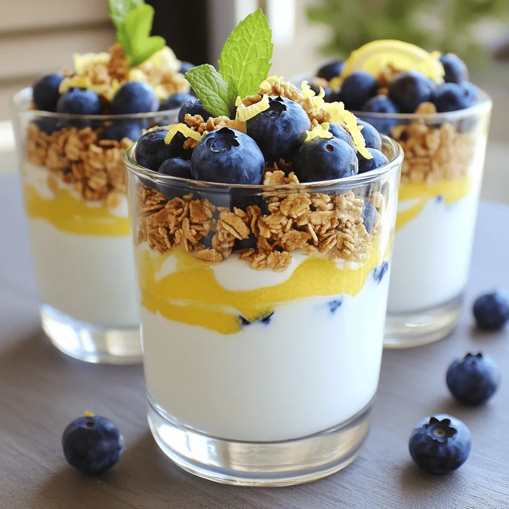 - 2 cups Greek yogurt (plain or vanilla) - 1 cup fresh blueberries - 1 tablespoon honey (optional) - Zest of 1 lemon - Juice of 1 lemon - 1 cup granola (your choice) - Fresh mint leaves for garnish Fresh blueberries are key for bright flavor. They add a sweet and tart taste. Look for plump, firm berries that are deep blue. This ensures they taste great in your parfait. Choosing the right Greek yogurt matters too. Plain yogurt gives a tangy kick, while vanilla adds sweetness. Both options work well. Select a brand that you enjoy. If you want to switch Greek yogurt, try regular yogurt or Skyr. These options still give a creamy texture. For dairy-free choices, use coconut yogurt or almond yogurt. They add unique flavors while keeping it tasty. To start, grab a mixing bowl. Add 2 cups of Greek yogurt. You can use plain or vanilla yogurt, based on your taste. Next, add the zest of one lemon. This zest gives a bright flavor. Squeeze the juice of the same lemon into the bowl. If you like it sweet, add 1 tablespoon of honey. Mix everything well until it’s smooth and creamy. This yogurt mixture is the heart of your parfait. Now, it’s time to layer the parfaits. Take clear glass cups or bowls for a lovely look. Start by adding a layer of your lemon yogurt mix at the bottom. Make it about one-third full. Next, add a layer of fresh blueberries. Use about half of your cup of blueberries. Then, sprinkle a layer of granola on top. Repeat these layers until your glasses are full. Finish with a layer of blueberries and a sprinkle of granola on top. For a beautiful finish, garnish each parfait with a fresh mint leaf. This adds color and a nice scent. Serving in glass cups lets you show off the lovely layers. Enjoy these parfaits chilled for a perfect treat. To make your parfaits stand out, focus on even layers. Start with a layer of lemon yogurt mix at the bottom. This smooth layer sets the stage for the rest. Use a spoon or spatula to spread it evenly. Next, add fresh blueberries on top. Make sure they sit nicely on the yogurt. Finally, sprinkle granola over the blueberries. Repeat this process until your glass is full. The more even the layers, the prettier your parfait will look. Sweetness can make or break the taste. If you prefer a sweeter parfait, add more honey. Mix it in well with the yogurt for even sweetness. You can also taste the yogurt before layering. If it’s too tart, a bit more honey can help. If you like it less sweet, skip the honey altogether. The natural sweetness from the blueberries works well too. To make your parfait exciting, think about texture. You can try using crunchy granola for a nice bite. If you want a creamier feel, mix in some crushed nuts. Chia seeds are another great option for extra crunch. You could also layer in some coconut flakes. This adds both flavor and texture. Experiment with different options to find your favorite mix! {{image_2}} You can switch up the fruits in your parfaits. Try using strawberries or raspberries! Strawberries add a sweet touch. Raspberries bring a tart flavor that pairs well with lemon. Feel free to mix and match fruits based on what you like. Each fruit brings its own taste and color. If you need a gluten-free option, choose gluten-free granola. Many brands offer tasty choices. This way, you can still enjoy your parfait without worry. You can also make your granola if you prefer. Just use oats, nuts, and seeds, and bake them for a crunchy treat. You can adapt this recipe for seasonal fruits. In summer, use peaches or nectarines for a juicy bite. In fall, consider adding apples or pears for a cozy flavor. Winter can bring in citrus fruits like oranges or mandarins. Each season offers unique fruits that can make your parfaits delightful and fresh. To keep your Blueberry Lemon Yogurt Parfaits fresh, cover them tightly. Use plastic wrap or a lid. Store them in the fridge for best results. Avoid stacking parfaits, as this can cause spills and mess. These parfaits stay fresh for about 2 to 3 days in the fridge. After that, the granola may get soggy. The blueberries will also lose their bright taste. Enjoy them within this time for the best flavor. You can prepare components ahead of time. Mix the yogurt with lemon zest and juice a day before. Store it in an airtight container. Wash your blueberries and keep them in a separate container. This way, you can assemble parfaits quickly when you are ready to serve. Yes, you can use frozen blueberries. They work well in parfaits. Just keep in mind that frozen berries may release more juice. This can make your layers a bit runny. If you want a firmer parfait, use fresh blueberries instead. Fresh blueberries add a nice crunch, too. These parfaits last up to three days in the fridge. Cover them well to keep them fresh. The granola may get soggy if stored too long. To keep it crunchy, add the granola just before serving. This way, you get the best texture. Yes, you can make these parfaits vegan! Just swap Greek yogurt for a plant-based yogurt. Almond or coconut yogurt works great. You can also use agave syrup instead of honey. This keeps the recipe sweet and creamy while staying vegan. This recipe is full of good nutrients. Greek yogurt is high in protein, which helps keep you full. Blueberries are rich in antioxidants, which are great for your health. The lemon adds vitamin C, which supports your immune system. Granola provides fiber, making this parfait a balanced snack. This blog post explored how to make tasty yogurt parfaits. We discussed key ingredients like Greek yogurt, fresh blueberries, and granola. I shared step-by-step instructions for mixing, layering, and presenting your parfaits. You learned helpful tips, like perfecting layers and adjusting sweetness. Creating these parfaits is simple and fun. They are great for breakfast or snacks. Enjoy experimenting with flavors and seasonal fruits. Get creative and make them your own!
