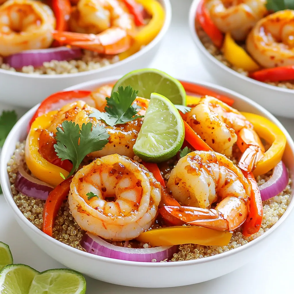 - Large shrimp (1 lb, peeled and deveined) - Olive oil (3 tablespoons) - Garlic (4 cloves, minced) - Chili paste (2 tablespoons, such as sambal oelek) - Honey or agave syrup (1 tablespoon) - Spices (smoked paprika, salt, black pepper) - Bell peppers (red and yellow, sliced) - Red onion (sliced) - Cooked quinoa or rice (2 cups) - Fresh cilantro - Lime wedges I love using fresh, quality ingredients. Large shrimp are my go-to for this dish. Make sure they are peeled and deveined. This saves prep time and makes cooking easier. Olive oil adds richness and helps the spices stick. Minced garlic brings a punch of flavor, while chili paste adds heat. Honey or agave balances the spice with sweetness. I use a mix of spices to enhance the shrimp. Smoked paprika gives a warm, smoky taste. Salt and black pepper bring out the natural flavors of the shrimp and veggies. For the veggies, I recommend bright bell peppers and red onions. They roast beautifully and add color. For the base, cooked quinoa or rice works well. It absorbs the sauce and adds a nice texture. Finally, garnishing with fresh cilantro and lime wedges adds freshness and zest. These bright flavors make every bite exciting! - Preheat your oven to 425°F (220°C) and prepare a baking sheet with parchment paper. - In a large bowl, whisk together 3 tablespoons of olive oil, 4 cloves of minced garlic, 2 tablespoons of chili paste, 1 tablespoon of honey, 1 teaspoon of smoked paprika, 1 teaspoon of salt, and 1 teaspoon of black pepper until mixed well. - Add 1 pound of peeled and deveined shrimp to the bowl. Toss them gently to coat each shrimp in the marinade. - On the prepared baking sheet, place the marinated shrimp in the center. Scatter 1 sliced red bell pepper, 1 sliced yellow bell pepper, and 1 sliced red onion around the shrimp. - Roast everything in the oven for 10-12 minutes. The shrimp should turn pink and opaque, while the veggies become tender. - While the shrimp and veggies roast, cook 2 cups of quinoa or rice according to the package directions. - Once cooked, divide the quinoa or rice among four bowls. - Top each bowl with the roasted chili garlic shrimp and vegetables. - Finally, garnish with fresh cilantro and a squeeze of lime juice for added flavor. For the best shrimp, cook them for 10-12 minutes. They turn pink and opaque when done. If they curl tightly, they are overcooked. Marinate shrimp for at least 15 minutes. This helps the flavors soak in well. You can marinate them for up to an hour if you have time. This makes them even tastier. Roasting red and yellow bell peppers with red onion works well. These veggies add color and sweetness to your dish. Cut them into even pieces to ensure they cook at the same rate. Avoid overcooking by checking them often. They should be tender but still crisp. If they start to brown too quickly, take them out early. Garnish your bowls with fresh cilantro. This adds a bright flavor that complements the shrimp. Lime wedges add a zesty kick. You can also add sliced avocado for creaminess. For sides, try serving with a simple green salad or tortilla chips. Pair your meal with a cold drink like iced tea or a light beer. This makes the dish feel more festive. {{image_2}} You can change up the proteins in this dish. Instead of shrimp, try chicken or tofu. Both absorb flavors well and cook nicely. If you choose chicken, cut it into bite-sized pieces. For tofu, use firm tofu and press it to remove excess moisture. You can also swap out the vegetables. Zucchini and asparagus work great if you want a twist. Just slice them thinly like the bell peppers. They will roast well and add new flavors to your bowl. Adjust the spice levels to fit your taste. If you like it mild, cut back on the chili paste. For more heat, add extra chili paste or even some red pepper flakes. You can also mix in fresh chopped chili for a fresh kick. Try different sauces for a new flavor. You can use teriyaki sauce, soy sauce, or even a sweet chili sauce. Each will give your shrimp bowls a unique taste that you will love. Instead of bowls, you can serve this dish in lettuce wraps. Use large leaves of romaine or butter lettuce. Fill the leaves with shrimp and veggies for a fun and fresh meal. If you want to meal prep, this dish stores well. You can keep the cooked shrimp and veggies in the fridge for up to 3 days. Just reheat everything in a pan before serving. You can also store the quinoa or rice separately to keep it fresh. To store your shrimp bowls, place them in an airtight container. Make sure to separate the shrimp from the vegetables and quinoa or rice. This keeps everything fresh and tasty. Leftovers will stay good in the fridge for up to three days. Enjoy the flavors while they last! If you want to save shrimp bowls for later, freezing is a great option. Place the shrimp and veggies in a freezer-safe container. You can also freeze the quinoa or rice. They will last in the freezer for up to three months. To reheat, thaw overnight in the fridge. Then, heat in a pan or microwave until warm. This keeps the shrimp juicy and the veggies tender. Store quinoa or rice in a separate container. This helps maintain texture and flavor. Keep vegetables in a different bag or container. This ensures they stay fresh and crunchy. When ready to eat, combine all components for a tasty meal. You should cook shrimp on a sheet pan for about 10 to 12 minutes at 425°F (220°C). The shrimp will turn pink and opaque when done. Make sure to check that the shrimp is not overcooked. Overcooked shrimp can become tough. Yes, you can use frozen shrimp! Just make sure to thaw them first. Place the shrimp in cold water for about 15-20 minutes. After thawing, pat them dry with a paper towel. This helps the marinade stick better. Frozen shrimp can save you time! I love to serve my chili garlic shrimp bowls with cooked quinoa or rice. These grains soak up the flavors well. You can also add a side of steamed broccoli or a fresh salad. Lime wedges and fresh cilantro make great toppings too! This blog post covers how to make delicious chili garlic shrimp bowls. You learned about the main ingredients, steps to prepare, and cooking methods. I also shared tips for perfecting the shrimp and suggested variations to suit your taste. Remember, you can easily adjust flavors and change up veggies and proteins. With simple storage methods, you can enjoy these bowls for days. Get ready to impress your family with this tasty meal that’s easy to make and fun to share!
