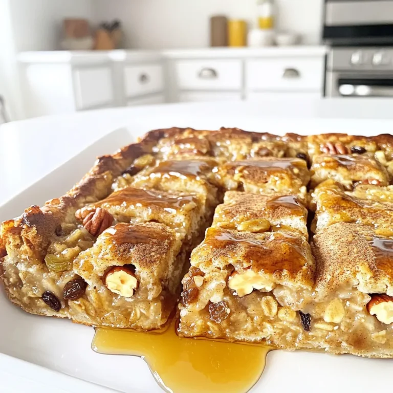 - 2 cups rolled oats - 1 teaspoon baking powder - 1 teaspoon ground cinnamon - 1/2 teaspoon salt The base of our cinnamon roll oatmeal bake starts with rolled oats. They provide a hearty texture. Baking powder helps it rise and gives a light fluff. Ground cinnamon adds warmth and spice, while salt enhances all the flavors. - 1/2 cup chopped pecans or walnuts - 1/2 cup raisins or chocolate chips You can boost flavor with chopped pecans or walnuts. They add a nice crunch. Raisins or chocolate chips bring sweetness and fun. You can mix and match these as you like. - 2 cups milk (dairy or non-dairy) - 1/2 cup Greek yogurt or applesauce for vegan option For the liquid, you can choose milk. Use either dairy or non-dairy milk based on your needs. Greek yogurt adds creaminess, while applesauce is a great vegan swap. Both help keep the bake moist and tasty. - Preheat oven to 350°F (175°C). - Grease an 8x8-inch baking dish with butter or coconut oil. Start by heating your oven. This step makes sure everything cooks evenly. Greasing the baking dish helps keep the oatmeal bake from sticking. I like to use butter for a rich flavor, but coconut oil works too. - Combine rolled oats, baking powder, cinnamon, and salt in a bowl. In a large bowl, mix the rolled oats, baking powder, cinnamon, and salt. Stir these ingredients well. This step is key for even flavor throughout the bake. The cinnamon adds a warm sweetness that makes this dish special. - Whisk together milk, maple syrup, vanilla extract, and eggs in a separate bowl. In another bowl, whisk the milk, maple syrup, vanilla extract, and eggs. Make sure everything blends well. This mixture adds creaminess and sweetness to the bake. If you prefer a vegan option, you can use almond milk and a flax egg instead. - Blend wet mixture with dry ingredients and bake for 35-40 minutes. Pour the wet mix into the dry ingredients. Stir until just combined. You can also fold in nuts or chocolate chips at this point for extra flavor. Transfer the mixture to your baking dish. Bake for 35-40 minutes. You want the top to be golden brown and a toothpick to come out clean. Let it cool for about 10 minutes before slicing. Enjoy your warm cinnamon roll oatmeal bake! - Allow the bake to cool before slicing. This helps it set. - Bake until golden brown for best results. This ensures a warm, soft center. - Drizzle with maple syrup for a sweet finish. It adds a nice touch. - Optionally, add fresh sliced bananas or a dollop of yogurt. This boosts flavor and looks great. - Not mixing dry and wet ingredients thoroughly can lead to uneven texture. Make sure to blend well. - Overbaking leads to dryness. Keep an eye on your bake as it cooks. {{image_2}} You can change the flavor of your Cinnamon Roll Oatmeal Bake easily. For a fall twist, add pumpkin spice. This will give your bake a warm, cozy taste. Just mix in one tablespoon of pumpkin spice with your dry ingredients. Another fun option is to use cocoa powder for a chocolate flavor. Add 1/4 cup of cocoa powder to the dry mix. This makes a rich, sweet treat that kids will love. If you want to make this dish healthier, swap regular maple syrup for low-sugar or sugar-free maple syrup. This keeps the sweetness but cuts down on calories. You can also replace Greek yogurt with nut butter. Using almond or peanut butter adds protein and healthy fats. This change will make your bake creamy and rich. Toppings can take your oatmeal bake to the next level. Fresh berries like strawberries or blueberries add a pop of color and freshness. They also bring a nice tartness that pairs well with sweet flavors. For a crunchy finish, sprinkle nut granola on top. This adds texture and extra flavor. You can even mix in some nuts or seeds for added crunch. To keep your Cinnamon Roll Oatmeal Bake fresh, place it in an airtight container. Make sure it cools completely first. Store it in the fridge for up to five days. This way, you can enjoy it later without losing flavor or texture. When you're ready to eat leftovers, reheating is key. You can use the microwave for quick warming. Heat one serving for about 30 to 60 seconds. If you prefer the oven, preheat it to 350°F (175°C). Place the oatmeal bake in an oven-safe dish and cover it with foil. Heat for about 10-15 minutes until warmed through. This will help keep it moist and tasty. If you want to save some for later, freezing is great. Cut the oatmeal bake into squares and place them in a freezer-safe container. You can also wrap each piece in plastic wrap first. This helps prevent freezer burn. When you want to eat it, thaw it overnight in the fridge. Then, reheat using one of the methods above. Enjoy your delicious treat anytime! Yes! Making this recipe vegan is easy. You can replace the eggs with flaxseed meal or chia seeds. For each egg, mix 1 tablespoon of flaxseed meal or chia seeds with 2.5 tablespoons of water. Let it sit for a few minutes to thicken. Use non-dairy milk like almond or oat milk instead of regular milk. For yogurt, applesauce works well. It keeps the bake moist and adds sweetness. If you want to make a bigger batch, you can use a larger pan. A 9x13-inch baking dish works great for doubling the recipe. Just keep an eye on the baking time. It may take a little longer, about 5 to 10 minutes. You can check for doneness by inserting a toothpick in the center. If it comes out clean, it’s ready. You can get creative with mix-ins! Try adding fresh fruit like blueberries or sliced bananas. Nuts add a nice crunch, so consider walnuts or pecans. For a sweeter touch, chocolate chips or dried fruit like cranberries work well. You can also sprinkle some coconut flakes on top for extra flavor. No, you don’t have to use Greek yogurt. You can swap it for applesauce, which keeps the bake moist. Using regular yogurt is fine, too. Greek yogurt gives a thicker texture and a bit of tang. If you prefer a lighter taste, regular yogurt or applesauce is a great choice. This blog post covered how to create a delicious oatmeal bake. You saw key ingredients, step-by-step instructions, and helpful tips. Remember to mix wet and dry ingredients well for the best taste. You learned about flavor variations and how to store leftovers. Now you have the tools needed to make this dish your own. Try different toppings and flavors to make it special. Enjoy your cooking journey!