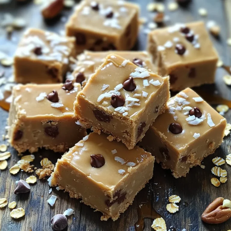 - 1 cup almond flour - 1/2 cup rolled oats - 1/3 cup maple syrup - 1/4 cup nut butter (peanut or almond) - 1 teaspoon vanilla extract - 1/4 teaspoon salt To make these no-bake chocolate chip cookie dough bars, you need simple, wholesome ingredients. Almond flour makes a great base. It keeps the bars gluten-free and adds nice flavor. Rolled oats add texture and a little chew. Maple syrup gives sweetness and binds everything together. Nut butter adds creaminess and healthy fats. You can choose peanut or almond butter based on your taste. A splash of vanilla extract brings warmth and depth. Finally, a pinch of salt balances the sweetness. - 1/2 cup mini chocolate chips - 1/4 cup unsweetened shredded coconut - 1/4 cup chopped nuts (walnuts or pecans) These optional add-ins let you customize your bars. Mini chocolate chips are a must for that gooey goodness. Unsweetened shredded coconut brings a tropical twist. You can also add chopped nuts for a crunchy bite. Feel free to mix and match to find your perfect combo. - Mixing bowls - Baking pan (8x8-inch) - Parchment paper - Spatula You don’t need fancy tools for this recipe. A couple of mixing bowls will do the job. An 8x8-inch baking pan helps shape the bars. Line it with parchment paper for easy removal later. A spatula is perfect for mixing and pressing the dough firmly into the pan. Having these items ready makes the process quick and fun. First, grab a large mixing bowl. Add 1 cup of almond flour, 1/2 cup of rolled oats, and 1/4 teaspoon of salt. Mix these dry ingredients well. You want them evenly combined for the best taste. In a separate bowl, mix 1/3 cup of maple syrup, 1/4 cup of nut butter, and 1 teaspoon of vanilla extract. Stir until the mixture is smooth. This mix gives your bars a sweet and nutty flavor. Now, pour the wet mixture into the dry bowl. Stir until everything is well combined. The dough should feel crumbly but stick together when pressed. Next, fold in 1/2 cup of mini chocolate chips and optional add-ins like 1/4 cup of shredded coconut or 1/4 cup of chopped nuts. Mix until they are evenly distributed. Line an 8x8-inch baking pan with parchment paper. Leave some paper hanging over the edges for easy removal later. Press the cookie dough mixture firmly into the pan. Use the back of a spatula or your hands to flatten the top. Place the pan in the fridge for about 30 minutes. This helps the bars set. After chilling, lift the bars out using the parchment paper and cut them into squares. Enjoy! To get the best texture for your no-bake cookie dough bars, focus on the dough's consistency. The mixture should be crumbly but still hold together when pressed. If it’s too dry, add a touch more maple syrup or nut butter. For a too-wet dough, sprinkle in a bit more almond flour. This balance is key for that perfect bite. Many people mix too long or do not chill the bars enough. Over-mixing can make the dough too soft and lose its shape. Aim for just enough mixing to combine the wet and dry ingredients. Chilling is also vital. If you skip the fridge time, the bars may fall apart when cut. Always give them at least 30 minutes to set. These bars shine when paired with a glass of milk or coffee. The creaminess of milk complements the sweetness of the bars. Coffee adds a nice contrast, enhancing the chocolate flavor. You can also serve them with a scoop of ice cream for a fun twist. {{image_2}} You can make your cookie dough bars even better. Add 1/4 cup of cocoa powder for a rich chocolate flavor. Mix it into the dry ingredients. This gives the bars a deep, chocolaty taste. You can still add mini chocolate chips for extra sweetness. Want a vegan option? Use almond butter or cashew butter instead of regular nut butter. These keep the bars creamy and delicious. For nut-free bars, try sun butter. It adds a nice flavor without nuts. Both options work well and keep everyone happy. Add seasonal touches to your bars. Dried fruits like cranberries or raisins bring a chewy texture. You can also add spices, such as cinnamon or nutmeg, for warmth. These simple changes can make your bars unique and fun for every season. To keep your No-Bake Chocolate Chip Cookie Dough Bars fresh, use airtight containers. This simple step helps keep moisture out and keeps the bars soft. Make sure the container is completely sealed. If you plan to store them for a while, wrap them in plastic wrap before placing them in the container. These delicious bars can stay fresh in the fridge for up to a week. Just make sure to keep them in that airtight container. If you notice any change in texture or smell, it’s best to throw them out. Regular checks will help you enjoy them at their best. Freezing is a great option for long-term storage. To freeze the bars, first cut them into squares. Wrap each square in plastic wrap, then place them in a freezer-safe bag. When you want to enjoy a bar, take it out and let it thaw in the fridge for a few hours. This way, you can have a tasty treat whenever you like! Yes, you can. If you don't have almond flour, try using oat flour or coconut flour. Each flour has unique flavors and textures. Oat flour can make the bars softer. Coconut flour absorbs more moisture. You might need to adjust the liquid amount when switching flours. Absolutely! This recipe is gluten-free. Almond flour and rolled oats are naturally gluten-free. However, check your oat packaging to ensure they are certified gluten-free. Some oats may be processed in facilities with gluten. The bars should be firm to the touch after chilling for 30 minutes. If they feel soft, chill them longer. Once set, they will hold their shape when you cut them. The top should not feel sticky. In this post, we covered key ingredients for making delicious bars. We detailed how to prepare them, including tips for texture and common mistakes to dodge. Customization options let you tailor your bars to your taste. Storing them correctly ensures they stay fresh, allowing for great snacks later. Remember, you can mix ingredients to fit your needs. Enjoy creating your tasty bars, and share them with friends!