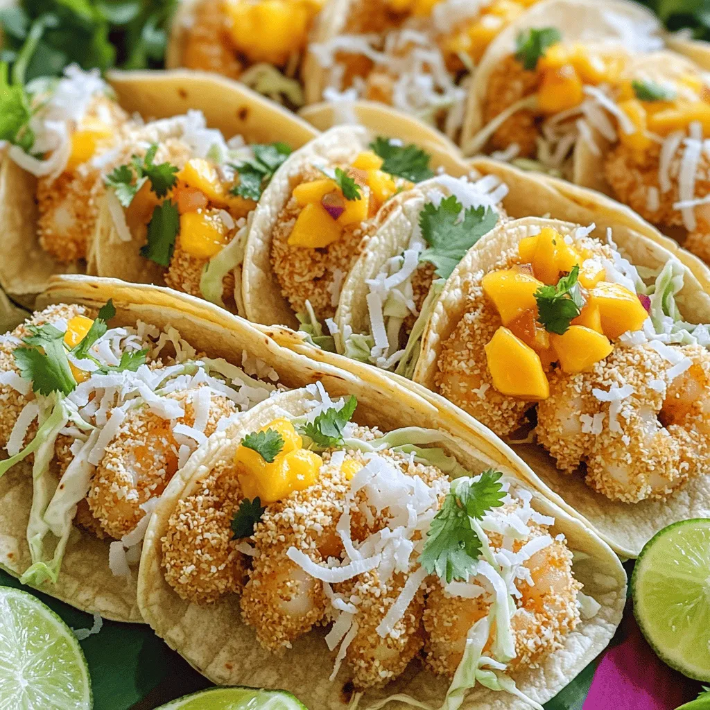 - 1 pound large shrimp, peeled and deveined - 1 cup shredded coconut - 1 cup panko breadcrumbs - 1 teaspoon garlic powder - 1 teaspoon paprika - 1/2 teaspoon salt - 1/4 teaspoon black pepper - 1 large egg, beaten - 8 small corn tortillas - 1 cup shredded cabbage - 1/2 cup mango salsa - 2 tablespoons lime juice - Fresh cilantro for garnish Gather all your ingredients before you start. This helps keep things organized and fun. The main ingredients are shrimp, coconut, and panko. These give the tacos a crunchy and sweet taste. For seasoning, garlic powder, paprika, salt, and pepper add flavor. Use a beaten egg to help the coating stick to the shrimp. Don't forget about the toppings! Cabbage adds crunch, while mango salsa gives sweetness. Lime juice brightens the dish, and cilantro makes it pretty. These ingredients come together to make a tasty meal everyone will enjoy. 1. Mixing the coating ingredients: In a medium bowl, combine 1 cup of panko breadcrumbs and 1 cup of shredded coconut. Add 1 teaspoon of garlic powder, 1 teaspoon of paprika, 1/2 teaspoon of salt, and 1/4 teaspoon of black pepper. Stir until well mixed. This blend gives the shrimp a crunchy and tasty coating. 2. Coating the shrimp with egg and mixture: In another bowl, beat 1 large egg. Take each shrimp and dip it into the egg first. Then, roll it in the coconut-panko mixture. Make sure each shrimp is covered well. This coating will create a lovely crunch when cooked. 1. Preheating the air fryer: Preheat your air fryer to 400°F (200°C). This step is key to getting that perfect crispiness. It helps the shrimp cook evenly and brown nicely. 2. Cooking the shrimp in batches: Place the coated shrimp in the air fryer basket. Do not overcrowd them. Cook in batches if needed. Spray the shrimp lightly with cooking spray for extra crunch. Cook for about 8-10 minutes. Flip the shrimp halfway through to ensure even cooking and browning. They should be golden brown when done. 1. Warming the tortillas: While the shrimp cooks, warm 8 small corn tortillas in a dry skillet over medium heat. Heat for about 15 seconds on each side until they are soft and pliable. Warm tortillas make the tacos easier to fold and eat. 2. Layering the ingredients in the tacos: Start building your tacos! Place a handful of shredded cabbage on each tortilla. Add the crispy coconut shrimp on top. Spoon on some mango salsa and drizzle with 2 tablespoons of lime juice. Finish with fresh cilantro for flavor and color. Your tacos are now ready to enjoy! To get crispy shrimp, don't overcrowd the air fryer. If you pack too many shrimp in, they won't cook evenly. Instead, cook them in batches. This helps each shrimp crisp up nicely. For best results, use a high-quality cooking spray. It helps the coating get golden and crunchy. Garnishing your tacos can make a big difference. I suggest adding fresh cilantro on top. It adds color and bright flavor. You can also sprinkle extra lime juice for zing. To serve, arrange the tacos on a vibrant platter. Add lime wedges and extra cilantro around them. This makes the dish look fresh and festive. Want more heat? Add chili powder or your favorite hot sauce. Start with a little, then taste. You can always add more! Also, try different spices to change the flavor. Cumin or cayenne pepper can give your tacos a fun twist. Experimenting is key! {{image_2}} You can switch the shrimp for fish or chicken. Both work well in these tacos. Simply follow the same coating method. Try using firm fish like tilapia or chicken breast for best results. For a meatless option, consider using tofu. Press it to remove excess water, then coat it like the shrimp. This will give you a crunchy texture. Toppings can change the whole taco experience. Try a pineapple salsa for a sweet twist. You can also mix mango with jalapeños for a spicy kick. If you want to be adventurous, add avocado slices or even kimchi. These toppings add flavor and a fun texture to your tacos. If you’re looking for low-carb options, use lettuce wraps instead of tortillas. This makes for a fresh and crunchy taco. Flour tortillas are soft and can hold more fillings. If you need gluten-free options, look for corn tortillas. They are sturdy and perfect for holding all your delicious fillings. To keep your shrimp tacos fresh, store them properly. First, let the tacos cool down to room temperature. Then, place them in an airtight container. This helps prevent moisture from making them soggy. If you have extra shrimp, store them separately from the tortillas. Use glass or plastic containers with tight lids for best results. This way, the tacos stay fresh for up to 2 days in the fridge. When it's time to enjoy leftovers, reheating is key. Use an air fryer for the shrimp. Set it to 350°F (175°C) for about 5 minutes. This keeps them crispy. For tortillas, heat them in a dry skillet over medium heat. This method warms them without making them soggy. Flip the tortillas after 15 seconds to warm both sides evenly. You can freeze the shrimp for later use. First, let them cool completely. Place the shrimp in a single layer on a baking sheet. Freeze for 1-2 hours until firm. Then, transfer them to a freezer-safe bag. Remove as much air as possible. For best taste, use frozen shrimp within 3 months. To reheat, thaw in the fridge overnight. Then, follow the reheating tips to keep them crispy. Yes, you can use frozen shrimp for these tacos. Just thaw the shrimp first. To thaw, place the shrimp in a bowl of cold water for about 15-20 minutes. Change the water halfway for even thawing. After thawing, drain and pat the shrimp dry with paper towels. This step helps the coating stick better. These tacos are great on their own, but sides add fun! Here are some tasty options: - Cilantro lime rice - Black bean salad - Grilled corn on the cob - Fresh guacamole and tortilla chips Making mango salsa is easy and delicious! Here's a simple recipe: - 1 ripe mango, diced - 1/2 small red onion, finely chopped - 1 small jalapeño, minced (optional) - 1 tablespoon lime juice - Fresh cilantro, chopped Mix all ingredients in a bowl. For variations, try using different mango types, like Ataulfo or Haden. Each has its own sweetness and flavor! You can create delicious coconut shrimp tacos with ease. We covered the main ingredients like shrimp, coconut, and panko, plus the seasonings to enhance the flavor. I shared step-by-step cooking instructions and tips to achieve perfect crispiness. Consider variations like using chicken or different toppings to suit your taste. Proper storage and reheating methods will keep your leftovers fresh and tasty. Ultimately, these tacos are fun to make, and they’re sure to impress. Enjoy crafting your own unique versions of this recipe!