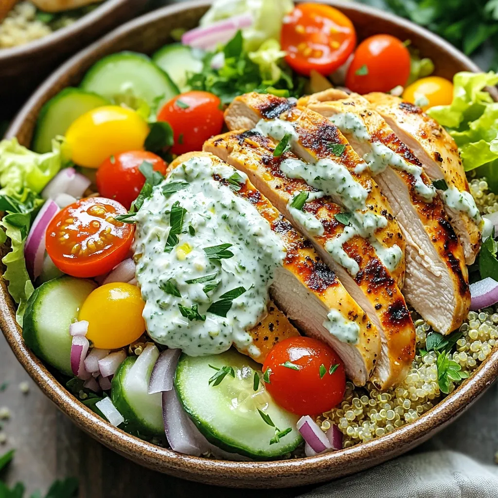 - 2 boneless, skinless chicken breasts - 1 cup cooked quinoa or rice - 1 cup cherry tomatoes, halved - 1 cucumber, diced - 1/2 red onion, thinly sliced - 1 cup romaine lettuce, chopped - 1/2 cup tzatziki sauce - 2 tablespoons olive oil - 2 teaspoons dried oregano - 1 teaspoon garlic powder - 1 teaspoon onion powder - Salt and pepper to taste - Juice of 1 lemon - Fresh parsley for garnish When I make Greek chicken gyro bowls, I focus on fresh, simple ingredients. The chicken is the star here, so use good quality breasts. Marinating them adds flavor and keeps them juicy. You mix olive oil, oregano, garlic powder, onion powder, salt, pepper, and lemon juice for the marinade. This mix is key to a tasty dish. For the base, I love using quinoa or rice. Both give a nice texture and fill you up. The veggies add color and crunch. I use cherry tomatoes, cucumber, red onion, and romaine lettuce. Each bite brings freshness. Don’t forget the tzatziki sauce! It adds creaminess and a cool touch. You can make it from scratch or buy it. Lastly, I sprinkle fresh parsley on top for a pop of green and extra flavor. Each ingredient plays a role in making this meal both flavorful and healthy. First, mix the marinade ingredients in a bowl. You will need olive oil, oregano, garlic powder, onion powder, salt, pepper, and lemon juice. Whisk them all together until blended well. Next, take your chicken breasts and coat them in this marinade. Make sure the chicken is fully covered. Cover the bowl and let it marinate for at least 30 minutes. If you have time, marinating overnight gives even better flavor. Now, you need to preheat your grill or skillet over medium-high heat. Once hot, add the marinated chicken. Cook each side for about 6-7 minutes. You want to check that the internal temperature reaches 165°F (75°C) to ensure it's safe to eat. After cooking, remove the chicken from heat and let it rest for a few minutes. This helps keep it juicy when you slice it. While the chicken rests, prepare the base for your bowls. Divide cooked quinoa or rice among four bowls. Next, top each bowl with fresh veggies. Add cherry tomatoes, diced cucumber, sliced red onion, and chopped romaine lettuce. After that, slice your rested chicken into strips and place it on top of the veggies. Finally, drizzle tzatziki sauce generously over each bowl. For a nice touch, sprinkle some fresh parsley on top before serving. Enjoy your colorful, healthy meal! Marinating the chicken is key for flavor. You can choose between two methods: overnight or quick marination. - Overnight marination allows the chicken to soak in the flavors deeply. This makes every bite taste great. - Quick marination works if you are short on time. Even 30 minutes can add some flavor. Both options help to make the chicken juicy and tender. Cooking the chicken right is just as important as marinating. Here are the best methods: - Grilling or skillet cooking works well. Preheat your grill or skillet over medium-high heat. This helps to sear the chicken. - Cook each side for about 6-7 minutes. Check for doneness by using a meat thermometer. The chicken should reach an internal temperature of 165°F (75°C). Let the chicken rest for a few minutes before slicing. This keeps the juices inside. Serving your Greek Chicken Gyro Bowls can be fun and creative. - You can pair these bowls with a refreshing beverage. Lemonade or iced tea goes well. - For sides, consider pita bread or a Greek salad. For presentation, arrange the veggies in a colorful way. Place the sliced chicken on top and drizzle tzatziki sauce generously. Finish with fresh parsley for a pop of color. This makes the dish look as good as it tastes! {{image_2}} You can switch the chicken for other proteins. Tofu is a great choice for a plant-based option. It adds protein and absorbs flavors well. You can marinate it just like the chicken. Lamb is another tasty choice. Its rich taste pairs well with the Greek spices. Beef also works if you prefer red meat. Just remember to adjust cooking times for each protein. You have options for the base of your gyro bowls. Quinoa is a healthy choice. It is packed with protein and has a nice texture. Rice is a classic option and easy to prepare. Brown rice gives you more fiber, making it a great pick. You can even try farro or barley for a unique twist. Each grain brings a different flavor and nutrition. Feel free to play with your veggie mix! Seasonal vegetables add freshness. Bell peppers add crunch and sweetness. Zucchini is mild and absorbs flavors well. You can also toss in olives for a briny kick. Carrots or radishes can brighten your bowl with color. Customize based on your favorites or what you have on hand. This keeps the dish exciting and fresh! To keep your Greek Chicken Gyro Bowls fresh, store leftovers in airtight containers. This helps lock in flavors and moisture. Place the chicken, veggies, and grains in separate containers if possible. They stay better that way. Leftovers can last up to three days in the fridge. Before serving, check for any signs of spoilage. Freezing is a great option if you want to save extra portions. You can freeze the chicken and grains together or separately. Just make sure to cool them completely before freezing. Use freezer-safe bags or containers. They can stay good for up to three months. When you're ready to eat, just take out the desired amount. When reheating, aim for the stovetop or oven to keep the chicken juicy. Microwaving can dry out the meat. For chicken, heat it in a skillet over medium heat. Add a splash of water or broth to keep it moist. For grains, add a little water and cover while reheating. This method helps maintain the dish's flavor and texture. Enjoy your healthy meal again! Yes, you can make Greek Chicken Gyro Bowls in advance. Meal prepping saves time and keeps meals healthy. Start by marinating the chicken a day ahead. This makes the chicken flavorful and juicy. Cook the chicken and let it cool. Store it in the fridge for later. You can also prepare the quinoa and chop the veggies in advance. Keep them stored in separate containers. This way, when you’re ready to eat, just assemble the bowls. It’s quick and easy! If you need a substitute for tzatziki sauce, there are many options. You can use hummus for a creamy texture. It adds a nice flavor too. Greek yogurt mixed with herbs can work well. Try blending yogurt with dill, garlic, and lemon juice. For a spicy kick, use a spicy yogurt sauce. You can also mix sour cream with garlic and lemon for a tangy taste. These options keep the meal fresh and tasty. Yes, this recipe can be gluten-free. Use quinoa as your base, which is naturally gluten-free. If you prefer rice, make sure to choose a gluten-free option. Some brands may add gluten in processing, so check the label. You can also try other grains like millet or buckwheat. These alternatives provide great textures and flavors. Enjoy this meal worry-free, knowing it fits your diet. This blog post covered how to make Greek Chicken Gyro Bowls, from the key ingredients to cooking methods. I shared tips for marinating and cooking chicken, suggested variations, and provided storage advice to keep your meal fresh. In closing, this recipe is flexible and fun to make. Let your taste guide you to personalizing your bowls. Enjoy the mix of flavors for a meal that satisfies your hunger and taste buds!