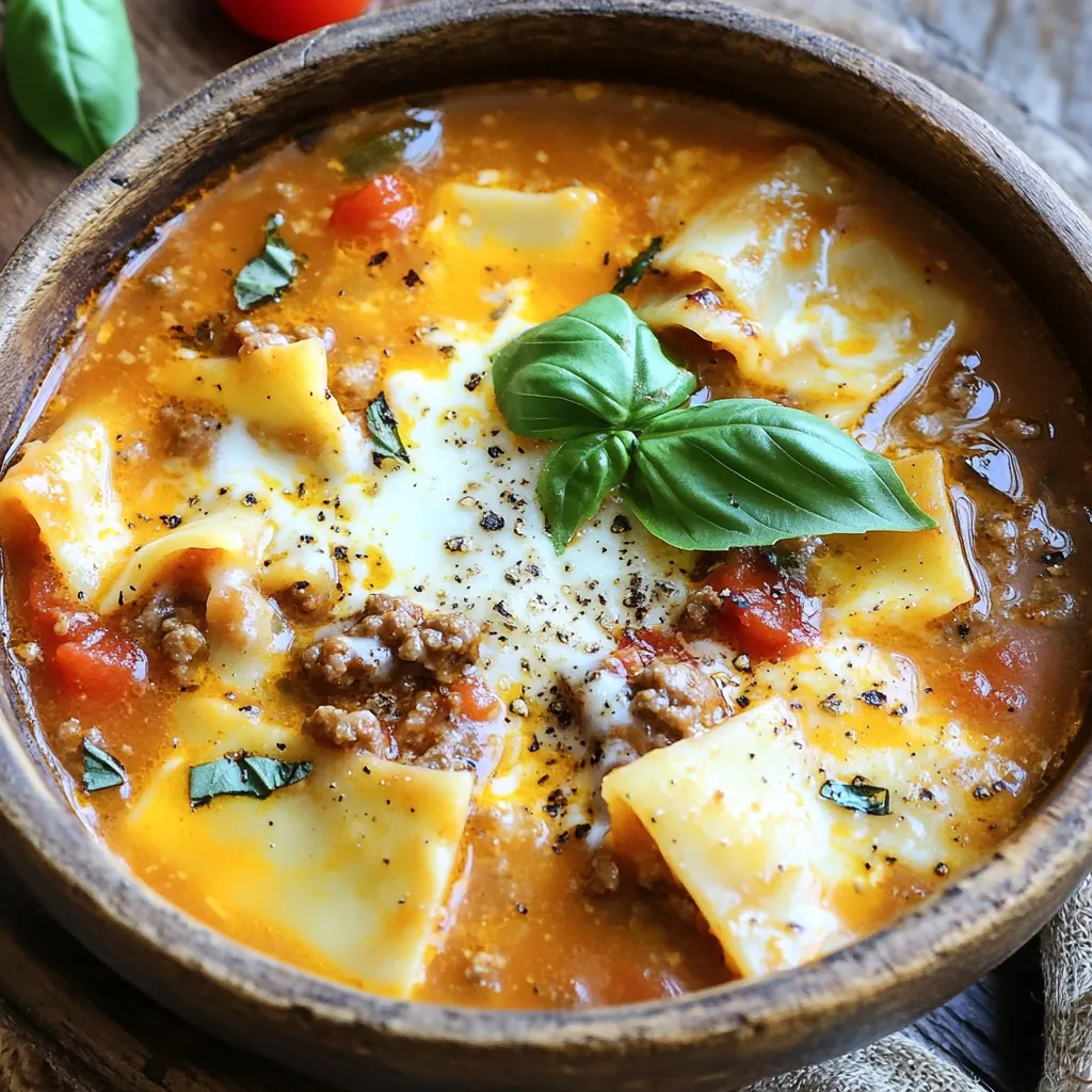 - 1 lb ground beef (or turkey for a lighter option) - 1 onion, diced - 3 cloves garlic, minced - 2 cups diced tomatoes (canned) - 4 cups chicken or vegetable broth - 1 cup tomato sauce The main ingredients are key to building flavor in your soup. Ground beef or turkey adds protein. Diced onion and minced garlic bring out a savory base. Canned diced tomatoes add texture and sweetness. Broth and tomato sauce provide the liquid base and depth. - 1 teaspoon Italian seasoning - 1 teaspoon dried basil - 1 teaspoon sugar - Salt and pepper to taste - 1 cup ricotta cheese - 1 cup mozzarella cheese, shredded (plus extra for topping) - 1/2 cup grated Parmesan cheese Seasoning is vital for taste. Italian seasoning and dried basil create a lovely herb flavor. Sugar balances the acidity of tomatoes. The cheeses not only add creaminess but also richness. Ricotta makes it smooth, while mozzarella and Parmesan melt beautifully. - Fresh basil for garnish - Variations such as vegetables or different meats Optional ingredients can elevate your soup. Fresh basil adds a burst of color and flavor on top. You can also mix in veggies like spinach or zucchini for more nutrition. Other meats can change the taste, making this soup versatile. To start, I heat a large skillet over medium heat. I add one pound of ground beef, but you can use turkey if you want a lighter meal. I break it apart with a spatula as it cooks. I let it brown fully and drain any extra fat. Next, I add one diced onion and three minced garlic cloves. I cook them for about three to four minutes. The onions should look clear and smell great. After cooking, I move the beef, onions, and garlic to the slow cooker. I add two cups of diced tomatoes, four cups of chicken or vegetable broth, and one cup of tomato sauce. Then, I sprinkle in one teaspoon each of Italian seasoning and dried basil. I also add one teaspoon of sugar, plus salt and pepper to taste. I stir everything well, cover it, and let it cook. You can set the slow cooker on low for four to six hours or high for two to three hours. About 30 minutes before I plan to serve the soup, I stir in eight broken lasagna noodles. I cover the pot again and let the noodles cook until they are tender. Once the noodles are done, I add one cup of ricotta cheese, one cup of shredded mozzarella cheese, and half a cup of grated Parmesan cheese. I stir gently until the cheese melts and the soup becomes creamy. At this point, I taste the soup and adjust the seasoning if needed. If it seems too thick, I can add a bit more broth to get the right texture. To get the right creaminess, adjust the cheese. If you want a thicker soup, add more ricotta or mozzarella. For a thinner soup, just add broth. This way, you control the texture based on your taste. Seasoning can make a big difference. I suggest trying extra Italian seasoning or a pinch of red pepper flakes for heat. Always taste your soup before serving. This lets you adjust spices and salt to your liking. For the best results, cook your soup on low for 4 to 6 hours. This gives flavors time to blend. If you're short on time, high for 2 to 3 hours works too. Just make sure to check the noodles for doneness. They should be soft but not mushy. {{image_2}} You can make this soup healthier with a few easy swaps. Try using turkey instead of beef. Turkey is leaner and still packs great flavor. You can also add more veggies. Spinach and zucchini work well. They boost nutrition without changing the taste too much. To spice things up, add red pepper flakes. This brings a nice kick to the soup. You can also try different cheeses. Swap mozzarella for gouda or fontina. These cheeses add unique flavors that can change the whole dish. If you need a gluten-free meal, use gluten-free lasagna noodles. They cook well and taste great in the soup. You can also choose gluten-free broth. This keeps the soup tasty and safe for those with gluten sensitivities. To keep your lasagna soup fresh, store it in airtight containers. This helps to keep moisture in and air out. You can keep it in the fridge for about 3 to 4 days. If you plan to eat it later, make sure you let it cool before sealing the container. If you want to save some for later, freezing is a great option. Let the soup cool completely before pouring it into freezer-safe bags or containers. Be sure to leave some space at the top, as liquids expand when frozen. You can freeze it for up to 3 months. To enjoy it again, thaw it overnight in the fridge. You can reheat the soup on the stovetop or in the microwave. For the stovetop, heat it on medium until warm. Stir often to avoid sticking. If using the microwave, heat in short bursts of one to two minutes. Stir in between to heat evenly. If the soup seems too thick after storage, add a little broth to reach the right texture. Enjoy your warm and creamy soup! To make this soup vegetarian, simply swap the ground beef for a plant-based meat. You can use lentils or mushrooms for texture. Use vegetable broth instead of chicken broth. This keeps all the flavor while making it meat-free. You can use whole lasagna noodles, but they will need a bit more time to cook. Just break them into smaller pieces first, so they fit well in the soup. This helps them absorb the great flavors while cooking. This soup pairs well with a simple side salad or garlic bread. A fresh Caesar salad adds crunch and flavor. You can also serve it with crusty bread for dipping. Cooking on low takes about 4 to 6 hours. Cooking on high takes about 2 to 3 hours. The low setting lets flavors blend better, but both ways give you a tasty soup. Yes, you can prepare this soup ahead of time. Just chop your ingredients and store them in the fridge. Add the ingredients to the slow cooker when you're ready to cook. This saves time and makes meal prep easy. In this blog post, I shared how to make delicious Slow Cooker Creamy Lasagna Soup. We explored key ingredients like ground beef, tomatoes, and cheese. I provided step-by-step cooking methods, helpful tips for creaminess and flavor, and variations for health and taste preferences. Remember, you can adjust the recipe to suit your needs. This soup is not just tasty; it's also easy to make and store. Enjoy your cooking and the delicious results! Your slow cooker will become your best friend.