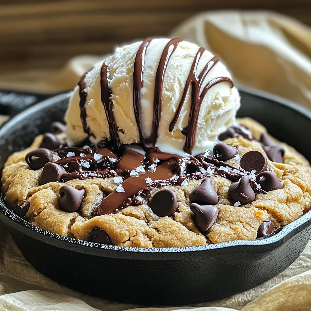 To make the brown butter chocolate chip skillet cookie, you'll need: - 1 cup (2 sticks) unsalted butter - 1 cup brown sugar, packed - 1/2 cup granulated sugar - 2 large eggs - 1 teaspoon pure vanilla extract - 3 cups all-purpose flour - 1 teaspoon baking soda - 1/2 teaspoon salt - 1 1/2 cups semi-sweet chocolate chips - Sea salt for sprinkling You can switch some ingredients if needed. Here are a few ideas: - Use salted butter instead of unsalted. Just skip the added salt. - Replace brown sugar with coconut sugar for a different flavor. - You can use dairy-free chocolate chips for a vegan option. - If you want a gluten-free cookie, try a gluten-free flour blend. Using good ingredients makes a huge difference. Here’s why: - Butter: High-quality butter gives a richer taste and better browning. - Sugars: Fresh brown and granulated sugars add the right sweetness and texture. - Chocolate Chips: Good chocolate chips melt smoothly and enhance flavor. - Flour: Fresh all-purpose flour helps the cookie rise and hold its shape. When you use quality ingredients, your cookie will taste amazing! To make brown butter, first, melt 1 cup of unsalted butter in a medium saucepan. Heat it over medium heat. Stir it often as it melts. Watch for it to foam up. You want it to turn a deep golden brown. This should take about 5-7 minutes. As it cooks, it will smell nutty. Be careful not to let it burn. Once it has the right color, take it off the heat and let it cool a bit. Next, grab a large mixing bowl. In this bowl, mix 1 cup of packed brown sugar with 1/2 cup of granulated sugar. Pour the warm brown butter over these sugars. Stir well until the mix is smooth. Then, add 2 large eggs, one at a time. Mix well after each egg. Finally, add 1 teaspoon of pure vanilla extract for flavor. Now, in another bowl, combine 3 cups of all-purpose flour, 1 teaspoon of baking soda, and 1/2 teaspoon of salt. Gradually add this dry mix into the wet mix. Stir until just combined. Next, gently fold in 1 1/2 cups of semi-sweet chocolate chips. Preheat your oven to 350°F (175°C). Grease a 10-inch cast iron skillet with non-stick spray or butter. Spread the cookie dough evenly in the skillet. Sprinkle a bit of sea salt on top. Bake for 25-30 minutes. The edges should be golden brown. A toothpick should come out clean when you check the center. Let it cool for about 10 minutes before slicing. To make brown butter, start with unsalted butter. Use a medium saucepan and heat it on medium. Stir often to help the butter cook evenly. After a few minutes, the butter will start to foam. Keep cooking until it turns a deep golden brown. You will smell a sweet, nutty aroma. This step adds a rich flavor to your skillet cookie. Be careful not to let it burn! If it does, you'll need to start over. Serve the warm skillet cookie straight from the oven. A scoop of vanilla ice cream on top is a must! The ice cream melts and mixes with the warm cookie. You can also drizzle some chocolate syrup over it for extra sweetness. For a fancy touch, sprinkle some sea salt on top. It makes the flavor pop! You can even add fresh berries or nuts for a fun twist. One common mistake is not browning the butter correctly. If it is too light, you miss out on that rich flavor. Another mistake is overmixing the dough. Mix just until combined to keep the cookie soft. Avoid opening the oven door too early while baking. This can make the cookie sink. Lastly, don’t skip the sea salt sprinkle. It balances the sweetness beautifully! {{image_2}} You can change the flavor of your skillet cookie by using different types of chocolate. Try dark chocolate chips for a richer taste. You can also use milk chocolate for a sweeter treat. For a fun twist, mix in white chocolate chips or even butterscotch chips. Each type adds its own charm to your cookie, making it unique every time. Adding nuts can give your cookie a great crunch. Walnuts, pecans, or almonds work well. You might also consider adding some shredded coconut for a tropical bite. For flavor twists, try mixing in spices like cinnamon or a hint of espresso powder. These small changes can transform your skillet cookie into something special, perfect for sharing. You can make this skillet cookie gluten-free by using almond flour or a gluten-free blend. Just be sure to adjust the amount, as these flours can be different. For a vegan option, replace the butter with coconut oil and use flax eggs instead of regular eggs. This way, everyone can enjoy a slice of this delicious treat. Store any leftover skillet cookie in an airtight container. Keep it at room temperature for up to three days. If you want it to last longer, put it in the fridge. Just make sure it’s sealed well to keep it fresh. You can freeze the skillet cookie for later. First, let it cool completely. Then, cut it into slices. Wrap each slice in plastic wrap. Place the wrapped slices in a freezer bag. It will stay good for up to three months in the freezer. To reheat, take a slice and let it sit at room temperature for a few minutes. You can warm it in the microwave for about 10-15 seconds. If you want a crispy edge, place it in a preheated oven at 350°F (175°C) for about 5-10 minutes. Enjoy it warm for a delicious treat! Yes, you can use a regular baking pan. A 9x13-inch pan works well. Just remember, the cookie will bake faster. Check for doneness a few minutes early. Look for golden brown edges. The center should be set but soft. Insert a toothpick into the middle. If it comes out clean, your cookie is done. You can use margarine, but the flavor will change. Butter gives a rich taste. If you choose margarine, pick one with a high fat content. This helps keep the cookie moist. In this post, we explored the essential ingredients, step-by-step instructions, and tips for making the perfect skillet cookie. We also discussed variations and storage methods, ensuring your cookie stays fresh. Remember, using high-quality ingredients really makes a difference. Don't shy away from tweaking the recipe to match your taste. Enjoy the process, learn from mistakes, and delight in sharing your delicious results. Baking should be fun, so dive in and enjoy every bite of your creation!