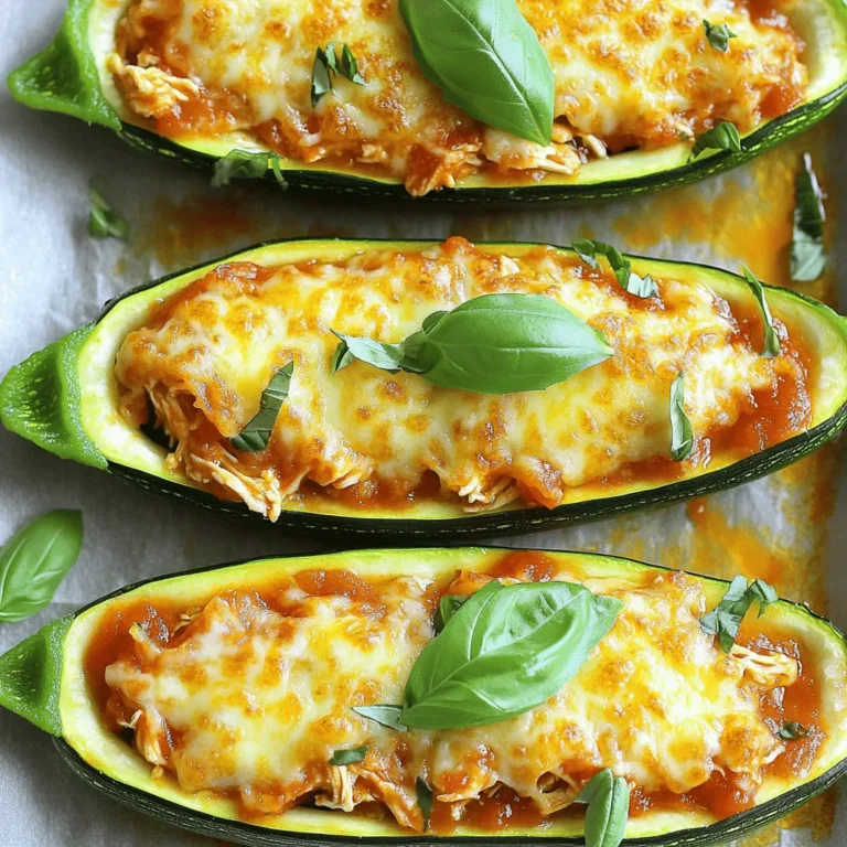 - 4 medium zucchinis - 1 lb cooked chicken breast, shredded - 1 cup marinara sauce - 1 cup shredded mozzarella cheese - 1/2 cup grated Parmesan cheese - 1 teaspoon dried oregano - 1 teaspoon garlic powder - 1/2 teaspoon red pepper flakes (optional) - Salt and pepper to taste - Fresh basil leaves for garnish (optional) This recipe makes 4 servings. Each serving has about: - Calories: 350 - Carbs: 12g - Protein: 30g When you use fresh, good ingredients, you get tasty meals. Chicken Parmesan Zucchini Boats are a great choice. They mix healthy veggies with protein-rich chicken. This dish is full of flavor and easy to make. With these ingredients, you'll impress your friends and family! 1. First, preheat your oven to 375°F (190°C). This step helps cook the zucchini just right. 2. Next, take your zucchinis and slice each one in half lengthwise. Use a spoon to scoop out the inside. Leave about 1/4 inch of flesh around the skin. This creates a nice boat shape. 1. In a bowl, combine the shredded chicken and marinara sauce. This mix adds great flavor. 2. Add half of the mozzarella cheese, Parmesan cheese, oregano, garlic powder, and red pepper flakes, if you like heat. Season with salt and pepper, then mix well. 1. Spoon the chicken mixture into each zucchini boat. Press it down gently to pack it in. This helps keep the filling in place. 2. Top each boat with the rest of the mozzarella cheese. This will melt and bubble nicely. 1. Place the filled zucchini boats on a baking sheet or in a baking dish. Bake them for 25-30 minutes. 2. Check if they are done when the zucchini is tender and the cheese is bubbly and golden. This shows they are ready to eat. To avoid watery zucchini boats, choose firm zucchinis. Slice them in half and scoop out the inside. Leave a bit of flesh to keep them sturdy. After scooping, sprinkle salt inside each boat. Let them sit for 10 minutes and pat dry with a paper towel. This step removes excess moisture. For doneness, bake until the zucchinis are tender but not mushy. You want a slight bite in every bite! For the best cheese topping, use a mix of mozzarella and Parmesan. They melt well and add great flavor. To achieve that golden crust, broil the zucchini boats for the last few minutes. Keep a close eye to avoid burning. You want that perfect, bubbly cheese that looks inviting. You can add extra spices to boost flavor. Try adding Italian seasoning or fresh herbs like thyme. Mix in chopped olives or sun-dried tomatoes for a twist. For sides, serve with a light salad or garlic bread. Dipping sauces like marinara or ranch can make it even better. {{image_2}} You can change the filling in these zucchini boats. If you want to use a different protein, try turkey. Shredded turkey works just as well as chicken. You can also use mushrooms for a tasty vegetarian version. Just chop the mushrooms and sauté them before mixing with the sauce and cheese. For a low-carb choice, swap out the marinara sauce for a fresh tomato sauce. This will cut down on carbs. You can also use cheese alternatives like almond or cashew cheese. These options taste great and help keep the dish lighter. In the summer, add seasonal veggies like bell peppers or corn. This boosts flavor and nutrients. You can grill the zucchini boats instead of baking them. If you use an air fryer, cook them for about 15-20 minutes. This gives them a nice crispy texture. To keep your chicken parmesan zucchini boats fresh, store them in an airtight container. You can refrigerate them for up to three days. Before storing, make sure they cool to room temperature. This helps prevent sogginess. Always check for any signs of spoilage before eating leftover meals. If you want to save some for later, freezing is a great option. First, let the cooked zucchini boats cool completely. Then, wrap each boat tightly in plastic wrap. Place the wrapped boats in a freezer-safe bag. They can stay in the freezer for up to three months. When you want to eat them, thaw them overnight in the fridge. For best results, reheat your zucchini boats in the oven. Preheat the oven to 350°F (175°C). Place the boats on a baking sheet. Cover them with foil to keep moisture in. Bake for about 15-20 minutes. You can also use a microwave if you're in a hurry. Heat them on medium power for about 2-3 minutes. Make sure they are hot all the way through. To keep the texture nice, avoid overcooking. Yes, you can prep these boats ahead of time. Here are some tips: - Cut and scoop the zucchinis a day before. - Mix the chicken filling and store it in the fridge. - Fill the zucchini just before baking. This keeps them fresh and tasty. To make this dish vegetarian, swap the chicken for a meat alternative. Here are some ideas: - Use cooked lentils for a protein boost. - Try chopped mushrooms for a hearty texture. - Add black beans or chickpeas for extra flavor. Pair these boats with great side dishes for a full meal. Consider these options: - A fresh green salad with vinaigrette. - Garlic bread to soak up extra sauce. - Roasted vegetables for added color and nutrition. Zucchini boats usually cook in 25-30 minutes at 375°F (190°C). Factors that affect cooking time include: - The size of the zucchini. Bigger boats may take longer. - The oven's accuracy; check with an oven thermometer. - If the filling is cold, it might need extra time. We explored the tasty world of chicken parmesan zucchini boats. You learned about key ingredients like zucchini, chicken, marinara, and cheese. I shared step-by-step instructions for preparing, filling, and baking these boats. We also covered tips to keep them firm and flavorful, variations to suit your taste, and how to store leftovers properly. These boats are not just good for your waistline; they make for a fun meal. Enjoy adapting this dish to your liking!