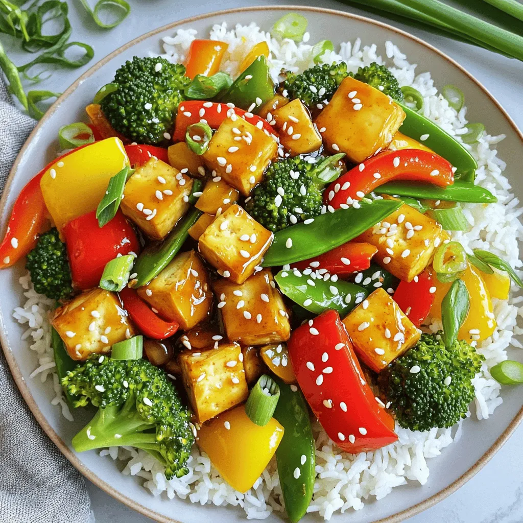 - 1 block firm tofu, pressed and cubed - 2 tablespoons honey - 3 garlic cloves, minced - 2 tablespoons soy sauce (or tamari for gluten-free) - 1 tablespoon sesame oil - 1 bell pepper (red or yellow), sliced - 1 cup broccoli florets - 1 cup snap peas - 2 green onions, sliced - 1 tablespoon cornstarch mixed with 2 tablespoons water (optional for thickening) - Cooked jasmine rice or quinoa, for serving - Sesame seeds for garnish These main ingredients create a sweet and savory dish. Firm tofu works best because it holds its shape well. Honey gives a nice sweetness, balanced by soy sauce's saltiness. Garlic adds depth and flavor. You can add more veggies like carrots or bok choy. Try mushrooms for a meaty texture. You can swap honey for maple syrup if you want a vegan option. If you like heat, add red pepper flakes or sriracha to the sauce. For a finishing touch, sprinkle sesame seeds on top. Chopped cilantro or fresh herbs add color and flavor. You can also drizzle a little extra honey for sweetness. These garnishes not only look great but enhance the taste too. This mix of ingredients makes the dish both simple and flavorful. You can adjust it based on what you like or have at home. Happy cooking! To begin, I drain the tofu. Pressing it removes extra moisture. This step is key for a nice texture. Cut the tofu into bite-sized cubes. The size matters for even cooking. Heat 1 tablespoon of sesame oil in a large skillet. Use medium heat for best results. Add the cubed tofu. Cook for 5 to 7 minutes. Turn the tofu occasionally. You want it golden brown on all sides. Once done, remove the tofu and set it aside. In the same skillet, add the sliced bell pepper, broccoli florets, and snap peas. Stir-fry these for 3 to 4 minutes. The vegetables should stay vibrant and tender-crisp. This keeps the flavors fresh and bright. In a small bowl, whisk together honey, minced garlic, and soy sauce. This sauce brings flavor to the dish. Pour it over the sautéed vegetables in the skillet. Stir well to combine everything. Now, add the cooked tofu back into the skillet. Mix everything gently. Ensure the tofu and vegetables are well coated with the sauce. If you want a thicker sauce, add the cornstarch mixture. Cook for 1 to 2 minutes until it thickens. Remove the skillet from heat. Toss in the sliced green onions. Serve this dish hot over jasmine rice or quinoa. For a nice touch, sprinkle sesame seeds on top. This adds texture and flavor to your meal. Tofu has a lot of water. Pressing it helps to remove this water. This step makes the tofu soak up flavors well. To press tofu, wrap it in a clean kitchen towel. Place a heavy object on top, like a frying pan. Let it sit for at least 15 minutes. The longer you press, the firmer it gets. This leads to better texture and flavor in your stir fry. You can tweak this recipe to fit your taste. If you don't have honey, maple syrup is a great choice. For soy sauce, use tamari if you need a gluten-free option. You can swap out vegetables too! Try carrots, zucchini, or mushrooms. Each will add a new twist to your dish. If you want extra spice, add some red pepper flakes. Crispy tofu takes just a few simple tricks. After pressing, make sure to cube the tofu evenly. This helps it cook at the same rate. Use a hot skillet and don’t crowd the pan. Too much tofu at once will steam it. Cook it in batches if needed. Once you get that golden brown color, it’s perfect for your stir fry! {{image_2}} You can boost the nutrition of your stir fry by adding more vegetables. Try adding carrots, zucchini, or mushrooms. Each vegetable brings its own flavor and texture. You can also mix in baby corn or bok choy for extra crunch. Just make sure to cut them into small pieces for even cooking. Stir-frying these veggies will keep them vibrant and tasty. If you want to add more protein, consider chicken or shrimp. Both pair well with the honey garlic sauce. Cut chicken or shrimp into bite-sized pieces. Cook them first in the skillet until they are done. Then, follow the same steps for adding vegetables and sauce. This way, you keep the dish simple while adding a protein boost. You can tweak the sweetness of the sauce to fit your taste. If you like it sweeter, add more honey or use maple syrup. For a tangy twist, add some rice vinegar or lime juice. This will brighten the flavors. If you enjoy heat, toss in some red pepper flakes or a splash of sriracha. Adjust these ingredients little by little to find your perfect balance. After you enjoy your honey garlic tofu stir fry, store leftovers in an airtight container. Make sure to cool it completely before sealing. This helps keep the flavors fresh. Leftover stir fry can last in the fridge for up to three days. If you want to make it last longer, consider freezing it. When you're ready to enjoy your leftovers, reheat them in a skillet. Place the stir fry on medium heat. Stir occasionally until it gets hot. You can also use a microwave. Just cover the bowl and heat for one to two minutes. Stir halfway through to ensure even warming. If the tofu seems dry, add a splash of water or soy sauce. To freeze, place the cooled stir fry in a freezer-safe bag. Remove as much air as you can before sealing. Label the bag with the date. You can freeze it for up to three months. To thaw, move it to the fridge overnight. Then, reheat as usual for a quick and tasty meal. Yes, this dish is almost vegan. Just replace honey with maple syrup or agave nectar. This swap keeps the sweet taste without using animal products. You can enjoy the same great flavor while keeping it plant-based. I love serving this stir fry over cooked jasmine rice or quinoa. Both options soak up the flavorful sauce well. You can also add a side of steamed vegetables or a crisp salad for extra crunch. To add spice, include red pepper flakes or sriracha to the sauce. Start with just a little and taste as you go. If you want less heat, avoid spicy ingredients and stick to the honey and garlic for sweet flavor. I recommend using firm or extra-firm tofu. This type holds its shape well during cooking. Soft tofu breaks apart easily, making it less ideal for stir fry. Honey Garlic Tofu lasts about 3 to 4 days in the fridge. Store it in an airtight container to keep it fresh. Reheat it gently in a skillet or microwave before serving. This blog post showed you how to make Honey Garlic Tofu Stir Fry. We covered the main and optional ingredients, plus helpful garnishes. I explained steps for preparing tofu, cooking it, and making the honey garlic sauce. You learned tips for pressing tofu and ways to vary the dish. I also shared storage tips and answered common questions. Now, you have the tools to create a tasty meal that fits your needs. Enjoy making this simple and delicious dish!