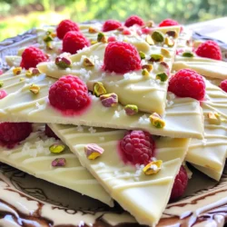- 12 ounces white chocolate chips - 1 cup fresh raspberries, washed and dried - 1/2 cup crushed pistachios (or your favorite nuts) - 1 teaspoon vanilla extract - Pinch of sea salt The main ingredients for this no-bake white chocolate raspberry bark are simple yet delightful. The white chocolate chips serve as the base. They melt beautifully and give a creamy texture. Fresh raspberries add a burst of flavor and color. Pistachios provide crunch and a nice contrast. Vanilla extract enhances the overall taste, while a pinch of sea salt balances the sweetness. - Microwave-safe bowl - Baking dish (8x8 inch) - Parchment paper - Spoon or spatula - Knife for cutting You need a few easy-to-find tools for this recipe. A microwave-safe bowl helps melt the chocolate smoothly. An 8x8 inch baking dish allows for the perfect shape. Parchment paper makes it easy to remove the bark later. A spoon or spatula helps mix the ingredients. Finally, use a knife to cut or break the bark into pieces. - Dried fruit (like cranberries or apricots) - Different nuts (such as almonds or walnuts) - Drizzle of dark chocolate on top For extra fun, you can add some optional ingredients. Dried fruit can add more flavor and chewiness. Different nuts can change the texture and taste. A drizzle of dark chocolate on top can make it even more special. Feel free to get creative and make this bark your own! To start, grab a microwave-safe bowl. Add 12 ounces of white chocolate chips to the bowl. Microwave them in 30-second bursts. Stir after each interval. Keep going until the chocolate is smooth and fully melted. This step is key. Mixing in 1 teaspoon of vanilla extract will add a nice flavor. A pinch of sea salt enhances the sweetness. Make sure you stir well after adding both ingredients. Next, line an 8x8 inch baking dish with parchment paper. This makes it easy to lift the bark out later. Pour half of the melted white chocolate into the dish. Spread it out evenly across the bottom. Now, carefully place 1 cup of fresh raspberries on top. Gently press them into the chocolate. This forms a beautiful pattern. Drizzle the rest of the melted chocolate over the raspberries. Create swirls for a lovely look. Finally, sprinkle 1/2 cup of crushed pistachios on top. Press them in a bit so they stick. Now it’s time to set the bark. Place the baking dish in the fridge. Let it chill for 1 to 2 hours. You'll know it's ready when the chocolate is firm. Once set, lift the bark out using the parchment paper. Use a sharp knife to cut it into pieces. You can also break it into shards if you want a rustic look. Enjoy your tasty creation! To melt the white chocolate, use a microwave-safe bowl. I recommend starting with 30-second bursts. Stir after each burst. This method helps prevent burning. If the chocolate remains lumpy, keep stirring. The heat will smooth it out. Once melted, add a pinch of sea salt and vanilla extract. This step boosts the flavor. Want to mix things up? Try adding different nuts or fruits. Almonds, walnuts, or macadamia nuts work well. For fruits, consider strawberries or blueberries. Each addition gives a unique taste. You can also add a hint of lemon zest. This brings a fresh twist to the bark. Presentation matters! Pour the mixture into a lined baking dish. Use a spatula to smooth it out. After adding raspberries and nuts, consider drizzling more white chocolate on top. This not only adds beauty but extra flavor too. Serve your bark on a decorative plate. You can also wrap it in a gift box for a lovely treat. {{image_2}} You can swap in different nuts to change the texture and flavor. Instead of pistachios, try almonds or walnuts. Both add a nice crunch. Chopped pecans also work great. Each nut brings a unique taste to the bark. If you want a nut-free option, you can use seeds like sunflower or pumpkin seeds. These give you a similar crunch without the nuts. Raspberries shine in this recipe, but other berries can work too. Fresh strawberries are sweet and add a pop of color. Blueberries are also a great choice. They mix well with white chocolate and add a burst of flavor. If you like tartness, consider using blackberries. They offer a nice contrast to the sweet chocolate. Just make sure to wash and dry them before use. If you want to change the flavor, consider using milk or dark chocolate. Each type brings a different taste and pairs well with berries. For a fun twist, try adding mint extract instead of vanilla. It gives a fresh taste that blends well with the chocolate and berries. You might also add a sprinkle of cinnamon for warmth. Each swap lets you create a new experience with your bark. Store your no-bake white chocolate raspberry bark in an airtight container. This keeps it fresh and tasty. I like to place parchment paper between layers. It helps to prevent sticking. Keep the container in a cool, dry place away from sunlight. If your kitchen is warm, the fridge is a good choice. This delicious bark can last about two weeks if stored well. I often find it’s best enjoyed within the first week. The flavors stay bright and fresh. If you notice any changes in texture or smell, it’s time to toss it. Always trust your senses when checking for freshness. You can freeze white chocolate raspberry bark for longer storage. Cut it into pieces first for easy access later. Wrap each piece in plastic wrap or foil. Then, place them in a freezer-safe bag or container. When ready to enjoy, simply thaw in the fridge for a few hours. This way, you can savor the delightful taste any time! Yes, you can use dark chocolate. Dark chocolate gives a richer taste. The tartness of raspberries works well with dark chocolate. Just make sure to adjust the sweetness to your liking. To keep the chocolate smooth, avoid water. Water makes chocolate clump and hard. Use a dry bowl and utensils. Also, melt the chocolate slowly in the microwave. Stir it often to ensure even melting. Yes, you can make it vegan. Use dairy-free white chocolate chips. They melt well and taste great. Also, check the nuts and vanilla to ensure they are vegan. This way, you can enjoy a tasty treat without dairy. This post covered how to make white chocolate bark. We discussed key ingredients, needed tools, and optional add-ins. I shared step-by-step instructions for melting chocolate and assembling the bark. You learned tips for the perfect melt and ways to enhance flavor. We also explored fun variations and proper storage methods. Now, you can create this tasty treat with confidence. Enjoy mixing and matching to make your bark unique!