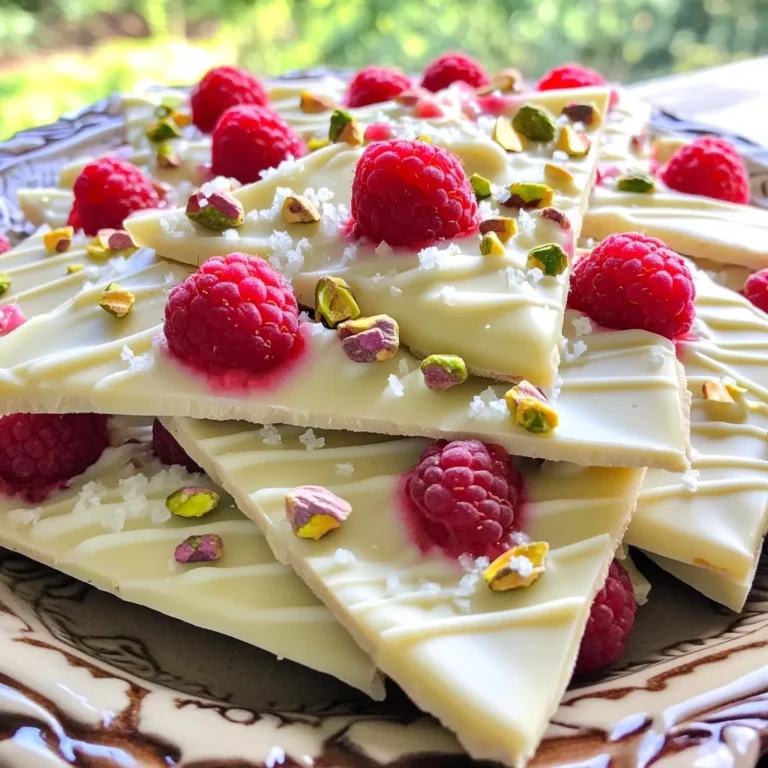 - 12 ounces white chocolate chips - 1 cup fresh raspberries, washed and dried - 1/2 cup crushed pistachios (or your favorite nuts) - 1 teaspoon vanilla extract - Pinch of sea salt The main ingredients for this no-bake white chocolate raspberry bark are simple yet delightful. The white chocolate chips serve as the base. They melt beautifully and give a creamy texture. Fresh raspberries add a burst of flavor and color. Pistachios provide crunch and a nice contrast. Vanilla extract enhances the overall taste, while a pinch of sea salt balances the sweetness. - Microwave-safe bowl - Baking dish (8x8 inch) - Parchment paper - Spoon or spatula - Knife for cutting You need a few easy-to-find tools for this recipe. A microwave-safe bowl helps melt the chocolate smoothly. An 8x8 inch baking dish allows for the perfect shape. Parchment paper makes it easy to remove the bark later. A spoon or spatula helps mix the ingredients. Finally, use a knife to cut or break the bark into pieces. - Dried fruit (like cranberries or apricots) - Different nuts (such as almonds or walnuts) - Drizzle of dark chocolate on top For extra fun, you can add some optional ingredients. Dried fruit can add more flavor and chewiness. Different nuts can change the texture and taste. A drizzle of dark chocolate on top can make it even more special. Feel free to get creative and make this bark your own! To start, grab a microwave-safe bowl. Add 12 ounces of white chocolate chips to the bowl. Microwave them in 30-second bursts. Stir after each interval. Keep going until the chocolate is smooth and fully melted. This step is key. Mixing in 1 teaspoon of vanilla extract will add a nice flavor. A pinch of sea salt enhances the sweetness. Make sure you stir well after adding both ingredients. Next, line an 8x8 inch baking dish with parchment paper. This makes it easy to lift the bark out later. Pour half of the melted white chocolate into the dish. Spread it out evenly across the bottom. Now, carefully place 1 cup of fresh raspberries on top. Gently press them into the chocolate. This forms a beautiful pattern. Drizzle the rest of the melted chocolate over the raspberries. Create swirls for a lovely look. Finally, sprinkle 1/2 cup of crushed pistachios on top. Press them in a bit so they stick. Now it’s time to set the bark. Place the baking dish in the fridge. Let it chill for 1 to 2 hours. You'll know it's ready when the chocolate is firm. Once set, lift the bark out using the parchment paper. Use a sharp knife to cut it into pieces. You can also break it into shards if you want a rustic look. Enjoy your tasty creation! To melt the white chocolate, use a microwave-safe bowl. I recommend starting with 30-second bursts. Stir after each burst. This method helps prevent burning. If the chocolate remains lumpy, keep stirring. The heat will smooth it out. Once melted, add a pinch of sea salt and vanilla extract. This step boosts the flavor. Want to mix things up? Try adding different nuts or fruits. Almonds, walnuts, or macadamia nuts work well. For fruits, consider strawberries or blueberries. Each addition gives a unique taste. You can also add a hint of lemon zest. This brings a fresh twist to the bark. Presentation matters! Pour the mixture into a lined baking dish. Use a spatula to smooth it out. After adding raspberries and nuts, consider drizzling more white chocolate on top. This not only adds beauty but extra flavor too. Serve your bark on a decorative plate. You can also wrap it in a gift box for a lovely treat. {{image_2}} You can swap in different nuts to change the texture and flavor. Instead of pistachios, try almonds or walnuts. Both add a nice crunch. Chopped pecans also work great. Each nut brings a unique taste to the bark. If you want a nut-free option, you can use seeds like sunflower or pumpkin seeds. These give you a similar crunch without the nuts. Raspberries shine in this recipe, but other berries can work too. Fresh strawberries are sweet and add a pop of color. Blueberries are also a great choice. They mix well with white chocolate and add a burst of flavor. If you like tartness, consider using blackberries. They offer a nice contrast to the sweet chocolate. Just make sure to wash and dry them before use. If you want to change the flavor, consider using milk or dark chocolate. Each type brings a different taste and pairs well with berries. For a fun twist, try adding mint extract instead of vanilla. It gives a fresh taste that blends well with the chocolate and berries. You might also add a sprinkle of cinnamon for warmth. Each swap lets you create a new experience with your bark. Store your no-bake white chocolate raspberry bark in an airtight container. This keeps it fresh and tasty. I like to place parchment paper between layers. It helps to prevent sticking. Keep the container in a cool, dry place away from sunlight. If your kitchen is warm, the fridge is a good choice. This delicious bark can last about two weeks if stored well. I often find it’s best enjoyed within the first week. The flavors stay bright and fresh. If you notice any changes in texture or smell, it’s time to toss it. Always trust your senses when checking for freshness. You can freeze white chocolate raspberry bark for longer storage. Cut it into pieces first for easy access later. Wrap each piece in plastic wrap or foil. Then, place them in a freezer-safe bag or container. When ready to enjoy, simply thaw in the fridge for a few hours. This way, you can savor the delightful taste any time! Yes, you can use dark chocolate. Dark chocolate gives a richer taste. The tartness of raspberries works well with dark chocolate. Just make sure to adjust the sweetness to your liking. To keep the chocolate smooth, avoid water. Water makes chocolate clump and hard. Use a dry bowl and utensils. Also, melt the chocolate slowly in the microwave. Stir it often to ensure even melting. Yes, you can make it vegan. Use dairy-free white chocolate chips. They melt well and taste great. Also, check the nuts and vanilla to ensure they are vegan. This way, you can enjoy a tasty treat without dairy. This post covered how to make white chocolate bark. We discussed key ingredients, needed tools, and optional add-ins. I shared step-by-step instructions for melting chocolate and assembling the bark. You learned tips for the perfect melt and ways to enhance flavor. We also explored fun variations and proper storage methods. Now, you can create this tasty treat with confidence. Enjoy mixing and matching to make your bark unique!