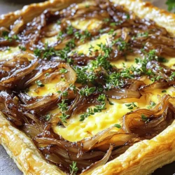 - 1 sheet of puff pastry, thawed - 3 large onions, thinly sliced - 2 tablespoons olive oil - 1 teaspoon balsamic vinegar - 1 tablespoon fresh thyme leaves - 1 cup Gruyere cheese, grated - 2 large eggs - 1 cup heavy cream - Salt and pepper to taste - Fresh parsley for garnish Using high-quality ingredients makes a big difference. Choose fresh onions for the best flavor. Opt for real Gruyere cheese; its nutty taste shines in this tart. Use extra virgin olive oil for richness. Fresh thyme enhances the aroma and taste, so don’t skip it. Always use heavy cream, as it gives the tart a creamy texture. If you can, avoid pre-grated cheese. Grating it yourself ensures better melting and flavor. If you're dairy-free, try a plant-based cream and cheese. For gluten-free needs, use a gluten-free puff pastry. You can swap out Gruyere for another cheese like cheddar or mozzarella, but the tart will taste different. If you want to skip eggs, use a flaxseed mix or silken tofu to bind the filling. This recipe is flexible, so feel free to adjust based on your needs! Start by preheating your oven to 400°F (200°C). This helps the tart bake evenly. While the oven heats, prepare your ingredients. Slice the onions thinly. This makes them cook faster. You can also roll out your puff pastry on a floured surface. Aim for a round shape to fit your tart pan. This step makes assembly much easier. Grab a large skillet and heat the olive oil over medium heat. Add the thinly sliced onions once the oil is hot. Stir them gently. Cook for about 20-25 minutes. Keep an eye on them. You want the onions to turn deeply golden brown. Stir them occasionally to avoid burning. After they caramelize, add the balsamic vinegar and fresh thyme. This gives the onions a lovely flavor. Season with salt and pepper, then remove from heat. Let the mixture cool slightly before using it. Now it’s time to build your tart. Take your puff pastry and place it in the tart pan. Trim any excess pastry from the edges. Spread the caramelized onion mixture evenly on the pastry. Next, sprinkle the grated Gruyere cheese over the onions. In a separate bowl, whisk the eggs and heavy cream together. Season this mixture with salt and pepper. Pour it over the onion and cheese layers. This will hold everything together. Place the tart in the oven and bake for 25-30 minutes. You want it golden and set. Let it cool for a few minutes before slicing. Garnish with fresh parsley for a pop of color. Enjoy your delicious tart! To caramelize onions well, use a large skillet. Heat your olive oil over medium heat. Add the thinly sliced onions and stir them often. Aim for a golden brown color. This process takes about 20-25 minutes. Be patient, as slow cooking brings out their sweetness. If they stick, add a splash of water. Stir in balsamic vinegar and fresh thyme for extra flavor. This step boosts the taste and adds layers to your tart. Start with a good-quality puff pastry. Thaw it fully before rolling. Roll it out on a floured surface to fit your tart pan. Trim any excess pastry for a neat edge. Make sure it fits snugly. Pour the egg and cream mixture slowly to avoid overflow. Bake at 400°F for 25-30 minutes. Look for a golden top that is firm but not dry. Let it cool a bit before slicing. This helps keep the layers intact. Serve your tart warm for the best taste. Garnish with fresh parsley for color and a hint of freshness. Pair it with a light salad to balance the rich flavors. A crisp green salad adds crunch and brightness. You can also serve it with a glass of white wine. The wine enhances the cheese and onion flavors. Enjoy this dish as a fancy appetizer or a light meal. {{image_2}} You can make this tart vegetarian easily. Just stick with the onions and cheese. If you want extra flavor, add sautéed mushrooms or spinach. You can also swap Gruyere for feta or goat cheese. These cheeses add a unique taste and creaminess. They work well with the caramelized onions. Feel free to get creative with cheese. Cheddar or mozzarella can bring a different flavor. You can even mix different cheeses together for more depth. For herbs, try adding rosemary or basil. They can enhance the tart’s aroma and taste. Just remember to chop them finely before mixing in. If you need a gluten-free option, use a gluten-free puff pastry. Many brands offer this now. You can also make a crust with almond flour or crushed gluten-free crackers. Just mix them with butter and press into your tart pan. This will give you a tasty base without the gluten. To keep your tart fresh, store leftovers in an airtight container. Place the tart in the fridge if you plan to eat it within three days. Make sure to cover it well to avoid drying out. If you use plastic wrap, press it close to the tart for best results. For the best taste, reheat the tart in the oven. Preheat the oven to 350°F (175°C). Place the tart on a baking sheet. Heat for about 10-15 minutes. This ensures the pastry stays crisp. Avoid using the microwave, as it can make the crust soggy. You can freeze the tart for later. First, let it cool completely. Wrap it tightly in plastic wrap, then in foil. This helps prevent freezer burn. You can freeze it for up to three months. To eat, thaw it in the fridge overnight, then reheat as mentioned above. Yes, you can! If you want a change, try cheddar or feta. Both add a great taste. You can also use goat cheese for a tangy flavor. Just remember, different cheeses will change the tart's flavor. Experiment and find what you love! You can store the tart in the fridge for up to four days. Make sure it’s covered well. If you want to keep it longer, you can freeze it for up to three months. Just remember to wrap it tightly to avoid freezer burn. Absolutely! You can make the tart a day in advance. Just bake it, let it cool, and store it in the fridge. When you’re ready to serve, reheat it in the oven. This way, you save time and still enjoy a warm, delicious tart. This guide covered all you need for a delicious tart. We explored key ingredients and their quality. You learned how to caramelize onions and layer your tart. I also shared tips for baking and serving. Variations let you cater to different diets. Finally, proper storage helps keep leftovers fresh. Embrace your creativity in the kitchen. Enjoy your cooking journey and savor each bite!