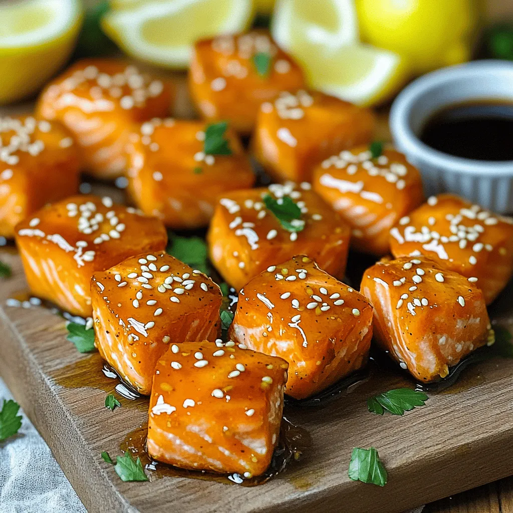 - 1 pound salmon fillet, skinless and boneless, cut into bite-sized cubes - 3 tablespoons honey - 3 tablespoons soy sauce (low sodium recommended) - 2 cloves garlic, minced - 1 tablespoon ginger, grated - 1 tablespoon sesame oil - 1 tablespoon cornstarch - 1 tablespoon sesame seeds (for garnish) - Fresh chopped parsley or green onions (for garnish) - Salt and pepper to taste When choosing salmon, look for fresh, wild-caught fillets. They taste better and have more nutrients. For honey, use pure, raw honey to get the best flavor. Low sodium soy sauce helps keep the dish from being too salty. You can find good-quality sesame oil in most grocery stores. For corn starch, pick a brand that is gluten-free if needed. If you cannot find salmon, try using firm tofu or chicken breast. They work well with the marinade. For honey, maple syrup gives a nice sweet flavor. If you want less sodium, coconut aminos can replace soy sauce. You can skip ginger if you don’t like it, but it adds a lot of flavor. If you don’t have sesame seeds, try chopped nuts for crunch. Start by gathering your ingredients. You need honey, soy sauce, garlic, ginger, and sesame oil. In a medium bowl, mix 3 tablespoons of honey with 3 tablespoons of soy sauce. Add 2 cloves of minced garlic and 1 tablespoon of grated ginger. Finally, stir in 1 tablespoon of sesame oil. Whisk all these together until combined. Next, prepare your salmon. Cut 1 pound of skinless, boneless salmon into bite-sized cubes. Season these pieces with salt and pepper. Place the salmon cubes into the bowl with your marinade. Toss them well to coat every piece. Let the salmon marinate for at least 15 minutes. This step adds great flavor. When the salmon finishes marinating, sprinkle 1 tablespoon of cornstarch over it. Gently toss again to coat. This helps the bites get crispy. Preheat your air fryer to 400°F (200°C) for about 5 minutes. Place the salmon in a single layer in the air fryer basket. Cook for 8-10 minutes. Flip halfway through for even cooking. Once done, remove the salmon and transfer it to a serving platter. Drizzle any leftover marinade on top. Garnish with sesame seeds and chopped parsley or green onions. Enjoy your tasty salmon bites! To get that perfect crispiness, use cornstarch. It coats the salmon and helps it fry well. Make sure to toss the salmon bites gently in cornstarch before cooking. This step is key for that nice, crispy edge. Arrange the salmon in a single layer in the air fryer basket. Crowding the basket can lead to uneven cooking. Cook the salmon bites for 8-10 minutes at 400°F (200°C). Flip them halfway through for even cooking. Keep an eye on them. Cooking times can vary based on size. If your salmon bites are larger, you may need a few extra minutes. The goal is to have a golden-brown crust. For a great presentation, serve the salmon on a wooden board or a colorful plate. Garnish with lemon wedges and extra marinade for dipping. Fresh herbs like parsley or green onions add a nice touch too. Pair these bites with rice or a fresh salad for a complete meal. Enjoy them hot for the best taste! {{image_2}} You can change the sauce for great flavors. Try teriyaki sauce for a sweet twist. A spicy chili sauce adds heat and excitement. You can also mix honey with lime juice for a tangy kick. These options keep your meals fun and fresh. If you want to switch up the protein, try chicken or shrimp. Chicken bites will soak up the flavor well. For shrimp, just adjust the cook time. They cook faster than salmon, so watch them closely. Tofu is a great choice too, especially for a plant-based meal. Using seasonal ingredients can enhance your dish. In the summer, add fresh herbs like basil or cilantro. In the fall, try adding pumpkin spice to your marinade for a cozy flavor. You can also use seasonal veggies as a side, like zucchini or bell peppers, to brighten your plate. You can store leftover honey garlic salmon bites in the fridge. Place them in an airtight container. They will stay fresh for up to three days. Make sure they cool down before sealing. This keeps the moisture in check. If you want to save salmon bites for later, freezing works well. Allow them to cool completely. Then, place them in a freezer-safe bag. Remove as much air as possible. This way, they can last up to three months. When ready to eat, thaw them in the fridge overnight. To bring back the tasty flavor, reheat the salmon bites in the air fryer. Set it to 350°F (175°C). Heat for about 5-7 minutes. This keeps them crispy. You can also use a microwave, but they may not be as crunchy. If using a microwave, cover them with a damp paper towel to keep them moist. Yes, you can use frozen salmon. Just make sure to thaw it first. Place it in the fridge overnight or run it under cold water. After thawing, cut it into cubes as directed. The marinade will still work well, giving you tasty bites. You have many options for sides! Here are some great ideas: - Steamed broccoli - Jasmine rice - Quinoa salad - A fresh green salad - Roasted vegetables These sides balance the flavors and add nutrition to your meal. Salmon is done when it turns opaque and flakes easily. Use a fork to check the texture. The internal temperature should reach 145°F (63°C). If it doesn’t look ready, cook it a bit longer. Enjoy your perfectly cooked salmon! This blog post covered how to prepare tasty salmon bites. We explored ingredients, cooking steps, and tasty variations. I included tips for getting the best crispiness and how to store leftovers. Remember, you can use frozen salmon and switch sauces based on what you have. Cooking is fun and easy. Now you can enjoy delicious bites! Dive in and share your tasty creations with friends!