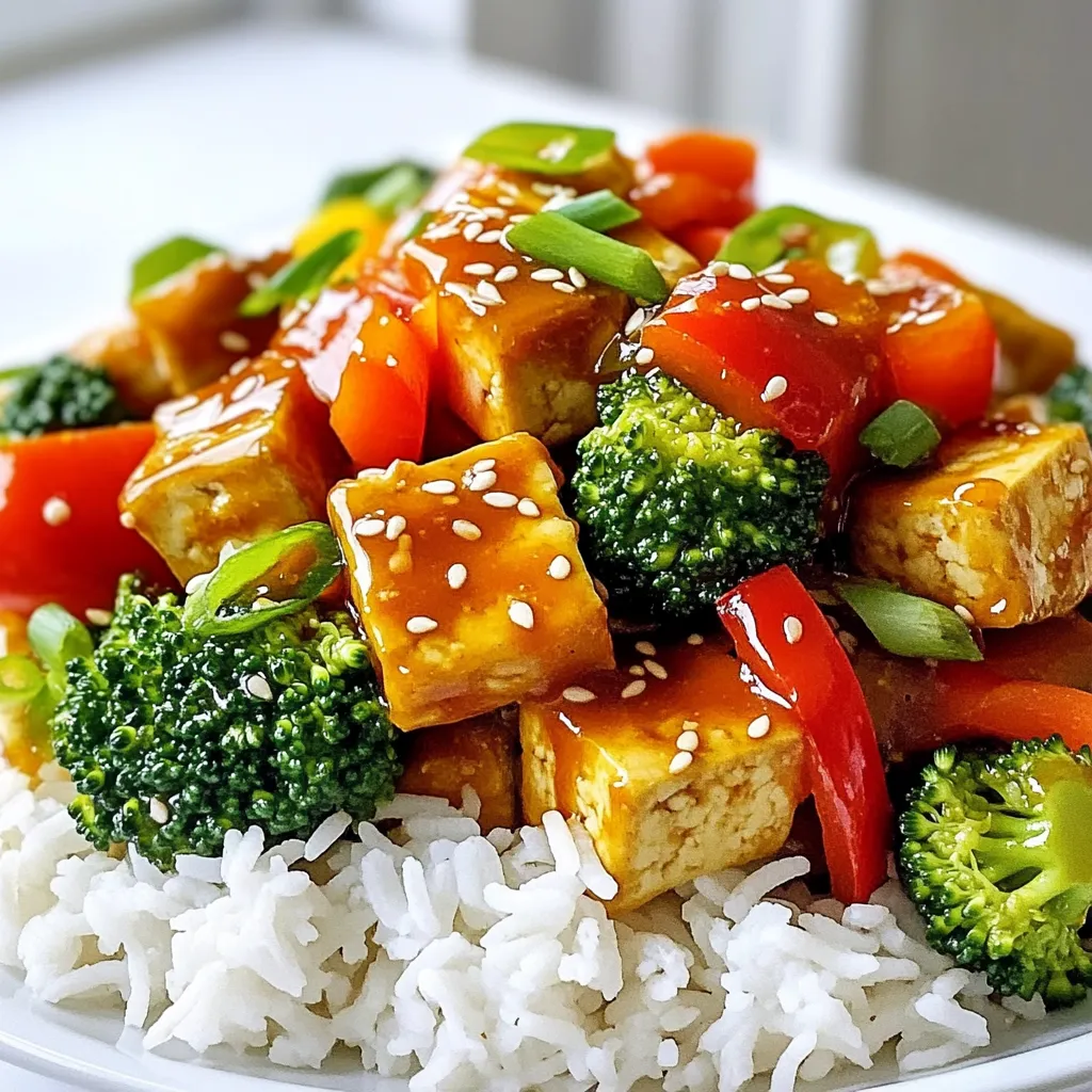 - 14 oz firm tofu, pressed and cubed - 1 cup bell peppers (red, yellow, or green), sliced - 1 cup broccoli florets - 1 tablespoon cornstarch - 1 tablespoon vegetable oil - 3 tablespoons sweet chili sauce - 1 tablespoon soy sauce - 1 tablespoon sesame oil - 2 green onions, sliced - Sesame seeds for garnish - Salt and pepper to taste This recipe calls for simple and fresh ingredients. The tofu is the star. Use firm tofu for the best texture. Press it well to remove excess water. This step helps the tofu become crispy later. You can use any bell peppers you like. They add color and sweetness. Broccoli gives a nice crunch and is packed with nutrients. Cornstarch is key for crispiness. It creates a crunchy outer layer on the tofu. Vegetable oil helps with frying the tofu. Sweet chili sauce adds a sweet and spicy flavor. Soy sauce brings umami, and sesame oil adds a nutty taste. Green onions are for garnish, giving a fresh touch. Sesame seeds add a nice crunch on top. Lastly, don't forget salt and pepper to taste. They bring all the flavors together. Gather these ingredients, and you are ready to cook a dish that is better than takeout! - Preheat the oven to 400°F (200°C). - Toss cubed tofu with cornstarch in a bowl. First, we need to get the oven hot. It helps the tofu get crispy. I love using cornstarch on my tofu. It gives it a nice crunch when cooked. Make sure each piece is coated well. - Sauté tofu in vegetable oil until golden brown. - Bake tofu until crispy. Heat your skillet over medium-high heat. Add vegetable oil, and when it’s hot, toss in the tofu. Cook it for about ten minutes. You want it to turn golden brown. After that, move the tofu to your baking sheet. Pop it in the oven for 15 to 20 minutes. Flip it halfway through for even crispiness. - Sauté bell peppers and broccoli. - Mix sauces and combine ingredients. In the same skillet, throw in sliced bell peppers and broccoli florets. Stir them for about five minutes. You want them tender but still a bit crisp. Now, mix sweet chili sauce, soy sauce, and sesame oil in a bowl. Once the tofu is crispy, add it to the veggies. Pour the sauce over everything and toss gently. Heat it on low for another two to three minutes. Season with salt and pepper to taste. For a beautiful finish, garnish with sliced green onions and a sprinkle of sesame seeds. Enjoy your meal! To get crispy tofu, start by pressing the tofu well. This step helps remove water, which makes the tofu soggy. Use a clean kitchen towel or paper towels. Place a heavy object on top for about 15 minutes. After pressing, cut the tofu into small cubes. Next, coat the tofu with cornstarch. Use just enough to cover each piece. This creates a crunchy surface when cooked. Choose good brands of sweet chili sauce and soy sauce. They can make a big difference in taste. I recommend using a sauce that is not too sweet. This balance helps highlight the flavors in your dish. You can also add garlic and ginger for extra flavor. Mince a clove of garlic and a small piece of ginger. Sauté them with the veggies for a lovely aroma. For presentation, serve the sweet chili tofu over steamed jasmine rice. This adds a nice contrast to the dish. Drizzle any leftover sauce from the skillet on top. For garnish, sprinkle sesame seeds and sliced green onions. They add color and a bit of crunch. This not only makes the dish look inviting, but it also enhances the flavor. {{image_2}} You can swap out bell peppers and broccoli for other veggies. Try snap peas, carrots, or zucchini. They add a nice crunch and color. Seasonal options like asparagus or squash work well too. Just adjust the cooking time based on how tender you want them. Want to change the protein? Tempeh, chicken, or shrimp are great choices. If you use chicken or shrimp, cook them first before adding the veggies. Adjust cooking times to ensure everything is cooked through. For tempeh, follow the same steps as tofu for a crispy texture. To spice things up, add chili flakes to the sauce. This brings extra heat and depth. For a sweeter taste, mix in more sweet chili sauce or a drizzle of honey. Each variant gives a new twist to this dish, making it fun to explore different flavors. To keep your sweet chili tofu fresh, store it in an airtight container. This helps lock in flavor and moisture. Place it in the fridge. It stays good for up to three days. If you plan to eat leftovers, avoid adding sauce until you reheat. This keeps the tofu crispy. To reheat, use a skillet over medium heat. Add a splash of water to create steam. This helps warm the tofu without drying it out. Stir gently for about five minutes. You can also use the microwave, but it may make the tofu softer. Heat in short bursts, checking often. If you want to save some for later, freezing works well. First, cool the tofu completely. Then, place it in a freezer-safe bag. Remove as much air as possible before sealing. It can stay frozen for up to a month. When ready to eat, take it out and thaw it in the fridge overnight. You can also use cold water for a quick thaw. After thawing, reheat in a skillet as mentioned above. This ensures that your sweet chili tofu stays tasty and enjoyable. Yes, this recipe is already vegan-friendly. All the ingredients are plant-based. If you want to check, here are some substitutes: - Use agave syrup instead of honey, if you want more sweetness. - Ensure your sweet chili sauce does not contain fish sauce. The total time to make this dish is 45 minutes. Here’s how it breaks down: - Prep time: 20 minutes - Cooking time: 25 minutes You can enjoy this dish with many sides. Here are some great options: - Steamed jasmine rice or brown rice - Quinoa for a protein boost - Stir-fried vegetables for added crunch - A fresh salad for a light touch This blog post shared a simple recipe for Better Than Takeout Sweet Chili Tofu. You learned about the key ingredients, like firm tofu, bell peppers, and sweet chili sauce. I guided you through the cooking process, provided tips for crispy tofu, and offered variations to suit your taste. Remember, you can easily customize this dish with different veggies and proteins. As you enjoy your tasty creation, keep in mind the best storage and reheating methods. This meal is not just satisfying; it’s a fun way to explore cooking at home. Enjoy your new kitchen adventure!