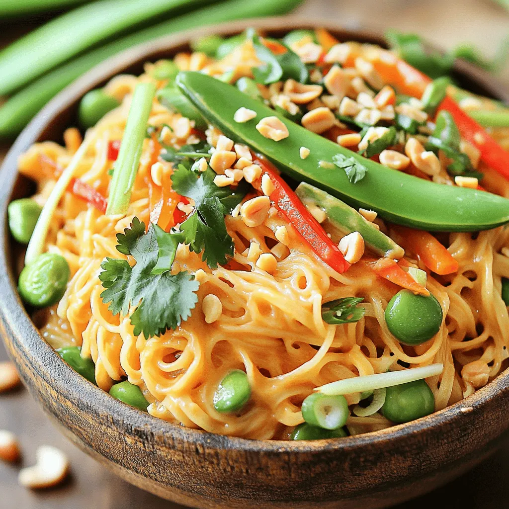 - 8 oz rice noodles - 1/4 cup natural peanut butter - 2 tablespoons soy sauce (low-sodium) - 1 tablespoon honey or maple syrup - 1 tablespoon sesame oil - 1 tablespoon rice vinegar - 1 teaspoon sriracha (adjust to taste) - 1 cup snap peas, trimmed - 1 medium carrot, julienned - 1 red bell pepper, thinly sliced - 2 green onions, sliced - Unsalted peanuts, crushed, for garnish - Fresh cilantro, for garnish You will need a large pot for boiling water. A medium bowl helps mix the peanut sauce. A large skillet is key for sautéing veggies. Don't forget measuring cups and spoons for accuracy. You can add cooked chicken, shrimp, or tofu for protein. Sliced cucumbers or avocado can enhance the texture. Try adding a sprinkle of sesame seeds for crunch. To start, bring a large pot of water to a boil. Add 8 oz of rice noodles. Cook them according to the package instructions, usually about 3 to 6 minutes. Once they are soft, drain them. Rinse the noodles under cold water to stop the cooking. This keeps them from getting mushy. Next, grab a medium bowl. Add 1/4 cup of natural peanut butter. Then, mix in 2 tablespoons of low-sodium soy sauce. Add 1 tablespoon of honey or maple syrup for sweetness. Pour in 1 tablespoon of sesame oil and 1 tablespoon of rice vinegar. Don’t forget to add 1 teaspoon of sriracha for some heat. Whisk it all until smooth. If the sauce feels too thick, a tablespoon of warm water can help thin it out. Now, heat a splash of sesame oil in a large skillet over medium-high heat. Add 1 cup of trimmed snap peas, 1 julienned medium carrot, and 1 thinly sliced red bell pepper. Sauté these veggies for about 3 to 4 minutes. You want them tender but still crisp. Once the veggies are ready, add the cooked noodles to the skillet. Pour the peanut sauce over the noodles and vegetables. Toss everything gently to coat. This step mixes all the flavors well. Finally, serve the spicy peanut noodle mixture in bowls. Top with sliced green onions, crushed peanuts, and fresh cilantro for a bright finish. To make the best peanut sauce, start with natural peanut butter. It gives a rich, creamy taste. Mix in low-sodium soy sauce for saltiness. Honey or maple syrup adds a sweet touch. If you want more heat, sriracha is your friend. Adjust it based on your spice level. If the sauce is thick, add warm water to loosen it. This keeps it smooth and easy to mix. When cooking rice noodles, always check the package. Most noodles take 3 to 6 minutes. Boil a large pot of water and add the noodles. Stir them gently to avoid sticking. Once cooked, drain and rinse them under cold water. This stops the cooking and keeps the noodles firm. Perfect noodles are key to a great dish. Presentation matters! Serve your spicy peanut noodles in nice bowls. Top them with green onions, crushed peanuts, and fresh cilantro. For extra flavor, add a lime wedge on the side. The bright colors of the veggies will make your bowl pop. Guests will love the look and taste of your dish! {{image_2}} You can easily make this dish vegetarian. Just skip any meat. Use more veggies instead. Broccoli, mushrooms, and bell peppers work great. Add some firm tofu for protein. Tofu soaks up the flavor well and gives a nice texture. If you want extra protein, consider adding chicken or shrimp. Cook chicken in the skillet before the veggies. For shrimp, add them just after the veggies. Both options cook fast. Tofu is also a great choice. It’s versatile and pairs well with the peanut sauce. If you need gluten-free options, rice noodles are a perfect choice. They are made from rice flour and are naturally gluten-free. Check the soy sauce label too. Use a gluten-free brand to keep the dish safe. You can also try tamari as a substitute. It has a similar taste and is gluten-free. After you enjoy your spicy peanut noodle bowls, store any leftovers in an airtight container. Keep them in the fridge. They will stay fresh for about three to four days. Make sure to let the noodles cool down before sealing them. This keeps the texture nice and prevents sogginess. When you're ready to eat your leftovers, you can reheat them easily. Microwave the noodles in a bowl for about one to two minutes. Stir halfway through to heat evenly. If the noodles seem dry, add a splash of water or a little more peanut sauce. You can also reheat them in a skillet over medium heat. Just toss them gently until warm. If you want to save some for later, you can freeze the noodle bowls. Place them in freezer-safe bags or containers. Make sure to remove as much air as possible. They can last up to three months in the freezer. When you're ready to eat them, thaw them in the fridge overnight before reheating. This keeps the flavors intact and makes them taste fresh again. Spicy peanut noodle bowls will last in the refrigerator for 3 to 5 days. Store them in an airtight container. Make sure to cool them down before sealing. This helps keep the flavors fresh. The noodles may soak up the sauce over time. To enjoy them at their best, eat them sooner rather than later. Yes, you can make this recipe ahead of time. I often prepare the noodles and sauce separately. This way, the noodles stay firm and the sauce stays creamy. You can sauté the vegetables right before serving. This keeps everything fresh and tasty. Just reheat the noodles and add the sauce before you serve. If you need a substitute for peanut butter, try almond butter or sunflower seed butter. Both add creaminess and flavor. You might also use tahini, which is made from sesame seeds. Each option will change the taste a bit, but they all work well. Adjust the other flavors to match your choice. This blog post covered how to make a delicious peanut noodle bowl. We detailed the ingredients, cooking tools, and optional add-ins. I provided step-by-step instructions for cooking the noodles and making the peanut dressing. Tips on perfecting the sauce and serving were shared too. You learned about variations for diets and how to store leftovers. Enjoy making your peanut noodle bowl your own! With these tips, you’ll impress anyone who tries it.