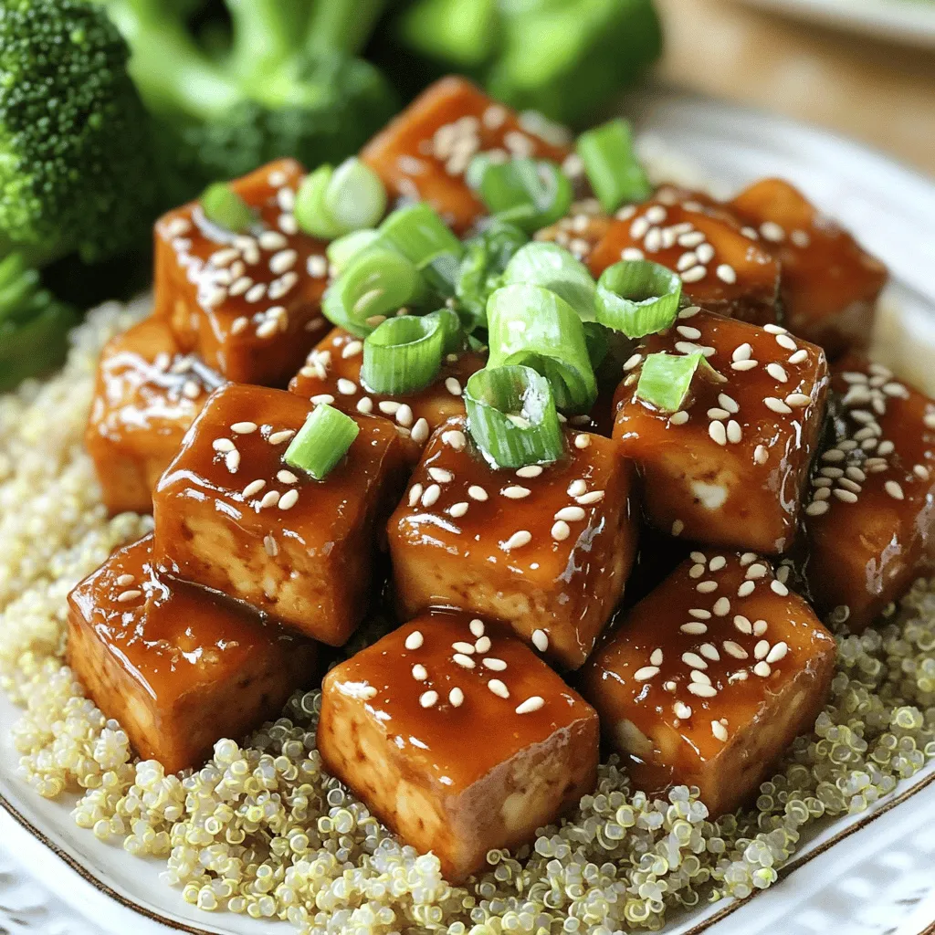 - 14 oz firm tofu, pressed and cubed - 1/2 cup cornstarch - 2 tablespoons vegetable oil - 1 tablespoon sesame oil - 3 tablespoons soy sauce - 2 tablespoons maple syrup - 1 tablespoon rice vinegar - 1 tablespoon freshly grated ginger - 2 cloves garlic, minced - 2 tablespoons sesame seeds - 2 green onions, finely sliced - Cooked rice or quinoa, for serving - Optional: steamed broccoli or snap peas for serving Start by pressing the tofu. This helps it absorb flavors well. Wrap it in a clean kitchen towel. Put a heavy object on top for 15-20 minutes. Once pressed, cut the tofu into bite-sized cubes. For the sauce, have your ginger and garlic ready. Grate the ginger fresh for the best taste. Mince the garlic finely. This helps release their strong flavors. Coat the tofu cubes evenly with cornstarch. This step creates a crispy texture when frying. Shake off any extra cornstarch before cooking. This recipe is already vegan. For a gluten-free option, use tamari instead of soy sauce. You can also replace maple syrup with agave syrup if needed. If you want to add a different taste, try using coconut aminos. It is a great soy sauce alternative. For added nutrition, consider using quinoa instead of rice. It makes the dish even more wholesome. To start, you need to press the tofu. This step is key for getting rid of extra water. Wrap the tofu block in a clean kitchen towel. Place a heavy object on top. Let it sit for 15 to 20 minutes. After pressing, cut the tofu into bite-sized cubes. Next, take a shallow dish and add the cornstarch. Coat each tofu cube evenly with cornstarch. Shake off any excess cornstarch to ensure a nice crisp. Heat the vegetable oil in a large non-stick skillet or wok. Use medium-high heat for the best results. Once the oil is hot, add the tofu cubes in a single layer. Cook them for about 3 to 4 minutes on each side. Look for a golden brown color and a crispy texture. Once done, transfer the cooked tofu to a plate and set it aside. Now, let’s make the sticky sauce! In the same skillet, lower the heat to medium. Add the sesame oil to the pan. Then, add the minced garlic and grated ginger. Sauté these for about 30 seconds until they smell great. Next, pour in the soy sauce, maple syrup, and rice vinegar. Stir everything together. Let the sauce simmer for one minute. After that, add the crispy tofu back into the skillet. Sprinkle in the sesame seeds, and toss to coat the tofu well. Cook everything for an additional 2 to 3 minutes. This allows the sauce to thicken and stick to the tofu. Finally, remove the skillet from the heat. Garnish your dish with the finely sliced green onions. Now your sticky sesame tofu is ready to serve! Enjoy it over cooked rice or quinoa, and add steamed broccoli or snap peas for extra flavor. To get the best texture, start with firm tofu. Firm tofu holds its shape well when cooked. Press the tofu to remove extra water. Wrap it in a clean towel and place a weight on top. Let it sit for 15 to 20 minutes. This step makes the tofu crispier when cooked. Next, cut the tofu into small cubes. Coat each cube in cornstarch before frying. This creates a crunchy outer layer. Cook the tofu in hot oil until it is golden brown on all sides. One common mistake is not pressing the tofu enough. Excess moisture can make tofu soggy. Another error is overcrowding the pan. If you add too many cubes at once, they won't fry properly. This leads to uneven cooking. Also, be careful with the heat. Too high can burn the tofu, while too low can make it chewy. Lastly, don’t skip the cornstarch coating. It is key for that crispy texture you want. To boost the flavor, use fresh ginger and garlic. They add a nice kick to the dish. You can also add a pinch of red pepper flakes for heat. If you like more depth, try adding a splash of sesame oil while cooking. This brings out a rich, nutty taste. When mixing the sauce, balance the sweetness of the maple syrup with the saltiness of soy sauce. This combo creates a well-rounded flavor. Don't forget to sprinkle sesame seeds on top for crunch and nutty flavor. {{image_2}} You can switch the sauce for more fun. Try teriyaki sauce for a sweet twist. Or go spicy with sriracha mixed in. Honey can replace maple syrup, adding a rich taste. Each change brings a new flavor to the dish. Adding veggies makes this dish even better. Toss in steamed broccoli or snap peas for crunch. Bell peppers add color and sweetness, while carrots bring a nice bite. You can also add mushrooms for a savory depth. These veggies not only taste great but also boost nutrition. For a weeknight meal, serve the tofu over rice or quinoa. It’s quick and filling. For a fancy dinner, plate it with a sprinkle of sesame seeds and sliced green onions. You could also pair it with a simple salad to balance flavors. These options fit any occasion and impress your guests. To keep your sticky sesame tofu fresh, place it in an airtight container. Make sure the tofu is cool before sealing it. Store it in the fridge for up to three days. You can enjoy it cold or use it in a new dish later. To reheat your tofu, I recommend using a skillet. Heat a small amount of oil over medium heat. Add the tofu and stir gently until it warms up. This method keeps the tofu crispy. You can also use a microwave, but it may make the tofu soft. If you want to save your tofu for later, freezing is a good option. Place the cooked tofu in a freezer-safe bag. Make sure to remove as much air as possible. It can last up to three months in the freezer. When you're ready to use it, thaw it in the fridge overnight. Reheat as mentioned before for the best texture. Yes, you can use tempeh or seitan. Both options work well. Tempeh has a nutty taste, while seitan has a chewy texture. Chicken or shrimp can also be used if you prefer meat. Just cut them into bite-sized pieces and follow the same steps in the recipe. To spice up the sauce, add red pepper flakes or sriracha. Start with a small amount and taste as you go. You can also add finely chopped chili peppers for a fresh kick. Mix these spicy ingredients in with the soy sauce, maple syrup, and rice vinegar for a fiery twist. Sticky sesame tofu pairs nicely with simple sides. Try steamed broccoli or snap peas for a fresh crunch. Cooked rice or quinoa works well too, soaking up the sauce. You can also serve it with a side salad or stir-fried vegetables for extra color and nutrients. This article covered everything you need for Sticky Sesame Tofu. We explored the key ingredients, preparation tips, and cooking steps to make your dish perfect. I shared tips to achieve great texture and avoid common mistakes. You can also switch up flavors with different sauces and add veggies. Lastly, I provided storage advice to keep your leftovers fresh. Remember, practice makes perfect. Enjoy cooking and experimenting with this tasty dish!