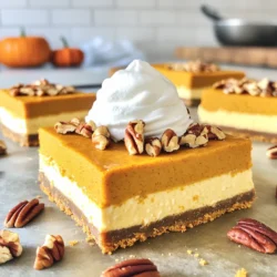 - 1 ½ cups graham cracker crumbs - ½ cup unsalted butter, melted - 2 (8 ounce) packages cream cheese, softened - 1 cup canned pumpkin puree - 1 cup granulated sugar - 2 large eggs The crust for these bars has a great crunch. The graham cracker crumbs blend well with melted butter. This mixture forms a solid base that holds the creamy filling. I always use unsalted butter for better control over salt levels. The filling is the star of the show. Softened cream cheese gives it a smooth texture. Adding pumpkin puree makes it rich and seasonal. The granulated sugar balances the spices and pumpkin flavor. Finally, the eggs help set the filling as it bakes. - 1 teaspoon cinnamon - ½ teaspoon nutmeg - 1 tablespoon vanilla extract - 1 teaspoon ground ginger - ¼ teaspoon salt Spices turn this cheesecake into a fall favorite. Cinnamon and nutmeg add warmth and depth. I love using fresh ground spices for a stronger flavor. Ground ginger gives a little heat and a touch of zest. The vanilla extract enhances the overall taste. Salt is not just for taste; it brings out the sweetness. Each spice plays a role in creating a comforting flavor. You can adjust the amounts to fit your taste. - Whipped cream for topping - Pecan pieces for garnish Toppings can take these bars to the next level. A dollop of whipped cream adds a creamy finish. It also contrasts nicely with the cheesecake's texture. Pecan pieces give a crunchy bite and add flavor. You can also sprinkle some nuts to make the dish more appealing. These ingredients come together to create a delightful fall treat. Each element plays an important role in the final dish. Enjoy these bars at gatherings, or just for yourself! 1. Preheat your oven to 350°F (175°C). Line an 8-inch square baking pan with parchment paper. Leave some paper over the sides for easy lifting later. 2. In a medium bowl, mix together 1 ½ cups of graham cracker crumbs, ½ cup of melted unsalted butter, 1 teaspoon of cinnamon, and ½ teaspoon of nutmeg. Stir until it looks like wet sand. 3. Press the crust mixture evenly into the bottom of the pan. Make sure it is firm. Bake it for about 10 minutes. Take it out and let it cool. 1. In a large bowl, beat 2 packages of softened cream cheese with an electric mixer. Mix until it is smooth and creamy. 2. Add 1 cup of canned pumpkin puree, 1 cup of granulated sugar, 2 large eggs, 1 tablespoon of vanilla extract, 1 teaspoon of ground ginger, and ¼ teaspoon of salt. Beat on medium speed until everything is mixed well. The mixture should be smooth with no lumps. 1. Pour the pumpkin cheesecake filling over the cooled crust. Spread it out evenly with a spatula. 2. Bake for 30 to 35 minutes. You want to see the edges set, but the center should still jiggle a bit. 3. When it's done, turn off the oven and crack the door open. Let the bars cool gradually for about an hour. 4. After that, let them cool to room temperature. Then, move them to the fridge and chill for at least 4 hours, or overnight if you can wait. 5. When ready, lift the bars out using the parchment paper. Cut them into squares. Enjoy with whipped cream and pecan pieces on top if you like! To ensure a smooth and creamy texture, always use softened cream cheese. This step is key. Cold cream cheese can create lumps. Let it sit out for an hour before you start. To avoid lumps in the filling, mix on medium speed. Scrape the bowl as you go. This helps combine all ingredients well. If you see lumps forming, keep mixing until smooth. Adjust spice levels based on your taste. If you love cinnamon, add a bit more. For a stronger ginger flavor, increase the ground ginger. This way, you can make the bars just how you like them. You can pair pumpkin spice with many flavors. Try adding chocolate chips or a drizzle of caramel. They add a nice twist and extra sweetness. To cut and serve the bars neatly, use a sharp knife. Dip it in hot water first and dry it off. This helps make clean cuts. For creative serving suggestions, try adding garnishes. A dollop of whipped cream adds a nice touch. Sprinkle some pecan pieces on top for crunch and flavor. You can even add a dash of cinnamon for extra flair. {{image_2}} You can change the taste of your pumpkin spice cheesecake bars easily. Try adding a drizzle of chocolate or caramel on top. It gives a sweet twist that pairs well with pumpkin. Another fun option is swapping pumpkin for sweet potatoes. Sweet potatoes add a rich flavor and creamy texture. If you need a gluten-free option, use gluten-free graham cracker crumbs for the crust. You can also use almond flour or oats. For a vegan version, swap the cream cheese with vegan cream cheese. Use a flax egg instead of real eggs. These changes keep the taste and texture delicious. Fall is the perfect time to add more spices. Try adding cloves or allspice to the filling for extra warmth. For a festive touch, consider garnishing with cranberries or a sprinkle of cinnamon. These small changes can make your bars even more special for the holidays. To keep your pumpkin spice cheesecake bars fresh, chill them properly. After cooling to room temperature, place the bars in the fridge. Use a sharp knife to cut them into squares before chilling. This helps the bars hold their shape. I like to line the baking pan with parchment paper. The overhang makes it easy to lift the bars out later. This way, you avoid any messy transfers. You can freeze these bars if you want to save some for later. First, let the bars cool completely in the fridge. Then, wrap them tightly in plastic wrap. Make sure there are no air pockets. Next, place the wrapped bars in an airtight container. When you want to enjoy them again, take them out and thaw in the fridge overnight. They will taste just as good! In the fridge, the bars last about 5 to 7 days. Keep an eye on them for any signs of spoilage. Look for changes in color or texture. If they start to smell off, it’s best to toss them. You want to enjoy these tasty treats at their best! Yes, you can use other crusts! Here are some great options: - Oreo crust: Use crushed Oreo cookies instead of graham crackers. - Almond flour crust: Mix almond flour with butter for a gluten-free option. - Shortbread crust: A buttery shortbread base adds a sweet touch. These crusts bring unique flavors and textures to your pumpkin spice cheesecake bars! To check for doneness, look for these signs: - The edges should be set and firm. - The center should have a slight jiggle. - A toothpick inserted in the center should come out mostly clean. If you see these signs, your cheesecake bars are ready to cool! Absolutely! You can prepare these bars a day ahead. Here’s how: - Follow all steps until baking. - Cool the bars completely, then chill in the fridge. - Cut and serve when ready. This advance prep makes serving easy and stress-free! You now have a simple guide to make pumpkin spice cheesecake bars. We covered the essential ingredients, from the graham cracker crust to the creamy filling. You learned tips for perfect texture and flavor, plus ways to get creative with variations. Storage techniques help keep your bars fresh longer. With these steps, you'll impress friends and family this fall. Remember, these bars are not just tasty; they are a treat for any gathering. Enjoy your baking and share these delights with everyone!