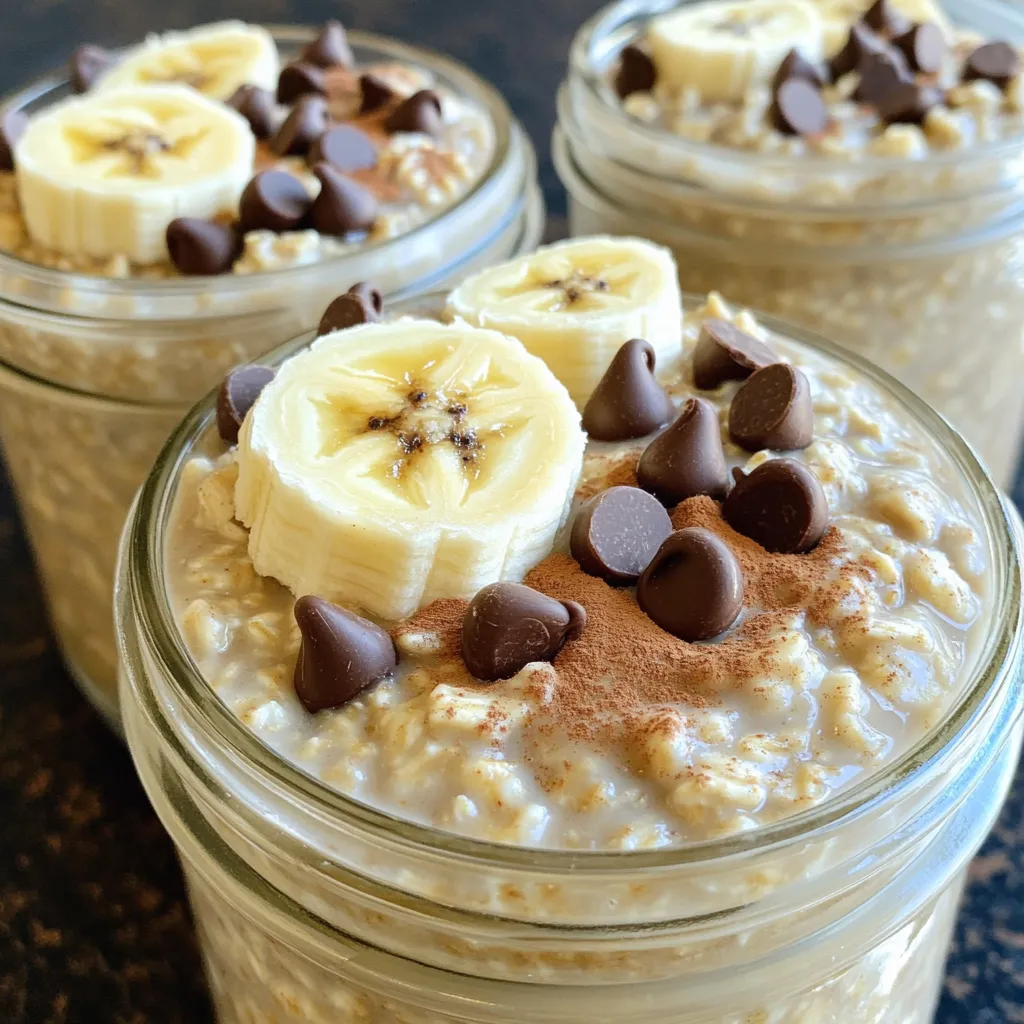 Let's dive into the tasty world of Chocolate Chip Banana Bread Overnight Oats. This dish is simple but full of flavor. Here’s what you need to make it: - 1 cup rolled oats - 1 ripe banana, mashed - 2 cups unsweetened almond milk - 2 tablespoons chia seeds - 1 tablespoon maple syrup - ½ teaspoon cinnamon - ½ teaspoon vanilla extract - ¼ cup semi-sweet chocolate chips - Pinch of salt - Optional toppings: sliced banana, additional chocolate chips, chopped nuts Each ingredient plays a key role. The rolled oats form the base, giving a hearty texture. The ripe banana adds sweetness and creaminess. Almond milk keeps it dairy-free and light. Chia seeds help everything thicken and add fiber. Maple syrup can sweeten it to your taste. Cinnamon and vanilla bring warmth and depth. Chocolate chips provide that sweet burst of joy. A pinch of salt enhances all the flavors. You can also customize it with toppings. Sliced bananas add freshness. Extra chocolate chips boost sweetness. Chopped nuts give a nice crunch. Gather these ingredients, and you’re ready for a fun cooking adventure! - Step 1: Combining Ingredients Start by taking a large mixing bowl. Add 1 cup of rolled oats. Next, mash 1 ripe banana and mix it in. Pour in 2 cups of unsweetened almond milk. This gives the oats a creamy base. - Step 2: Incorporating Wet and Dry Ingredients Now, stir in 2 tablespoons of chia seeds. This adds fiber and helps thicken the oats. Add 1 tablespoon of maple syrup for sweetness. Then, sprinkle in ½ teaspoon of cinnamon and ½ teaspoon of vanilla extract. Don’t forget a pinch of salt to bring all the flavors out. Mix well until everything combines. - Step 3: Assembling for Refrigeration Gently fold in ¼ cup of semi-sweet chocolate chips. You can save a few for topping later. Take four jars or containers with lids. Divide the oat mixture evenly among them. Cover the jars and place them in the fridge. Let them chill overnight, or for at least 4 hours. - Step 4: Final Steps Before Serving In the morning, take out the jars. Give the oats a good stir. Taste and adjust the sweetness if needed. For a fun finish, top with sliced banana, more chocolate chips, and chopped nuts. Your Chocolate Chip Banana Bread Overnight Oats are ready to enjoy! Ensuring Proper Consistency To get creamy overnight oats, use rolled oats. They soak up liquid well. If you want a thicker mix, add more oats. For a thinner texture, add more milk. Stir well to avoid clumps. Adjusting Sweetness to Taste Maple syrup adds sweetness, but you can change it to your liking. Start with one tablespoon and taste it. If you want it sweeter, add more syrup or other sweeteners. Honey or agave are good options too. Choosing the Right Oats Always use rolled oats for the best results. They provide the right texture. Avoid instant oats, as they can get mushy. Steel-cut oats work, but they need longer soaking time. Dairy-Free vs. Traditional Milk Options Almond milk is great, but you can use any milk. Try oat, soy, or coconut milk for different flavors. If you prefer cow’s milk, go for it. Choose what you love best! Alternative Sweeteners If you don’t have maple syrup, try other sweeteners. Brown sugar or coconut sugar works well too. You can also use mashed dates for natural sweetness. Additional Flavor Boosters Want more flavor? Add nutmeg or cocoa powder. You can even mix in peanut butter or yogurt. These add creaminess and taste. Just remember to adjust the liquid! {{image_2}} You can switch up the flavors in your chocolate chip banana bread overnight oats easily. Here are some tasty ideas: - Peanut Butter Chocolate Chip: Add 2 tablespoons of peanut butter to the mix. This gives a rich, nutty flavor. The chocolate pairs well with peanut butter. You will love the creamy texture! - Cinnamon Roll Style: Use 1 more teaspoon of cinnamon. Add a swirl of cream cheese on top. This makes your oats taste like a sweet cinnamon roll. It's a great way to start your day! - Tropical Banana Coconut: Mix in 1/4 cup of shredded coconut. You can also add a splash of coconut milk. This gives a fun tropical twist. It’s like a vacation in a jar! Your overnight oats can change with the seasons. Here are some fun topping ideas to try: - Fall Inspired: Pumpkin Spice: Sprinkle pumpkin spice on top. You can also add some chopped pecans. This adds warmth and comfort to your oats. It’s perfect for chilly mornings! - Summer Fresh: Berry Blast: Top with fresh berries like strawberries or blueberries. They add color and a burst of flavor. This keeps your breakfast light and refreshing. - Winter Warmth: Spiced Nuts: Add a mix of spiced nuts for crunch. This gives a cozy feel to your oats. They add protein and healthy fats, making your meal more filling. Try these variations to keep your chocolate chip banana bread overnight oats exciting and tasty! - Use airtight containers for storage. - Glass jars work well for easy access. - Keep in the fridge for up to five days. I like to use small mason jars. They keep the oats fresh and allow for easy serving. Make sure to leave some space at the top of the jar. The oats will expand as they soak up the liquid. - You can freeze overnight oats for a quick breakfast. - Portion them into small containers for easy use. To freeze, simply fill your jars, seal them well, and place them in the freezer. This way, you can enjoy a tasty meal anytime. - Move jars from the freezer to the fridge the night before. - Reheat in the microwave for 30-60 seconds if desired. Always stir the oats well before serving. This helps mix the flavors and ensures they are creamy. Can I use quick oats? Yes, you can use quick oats. They will cook faster and create a softer texture. Just keep in mind that they absorb liquid quicker than rolled oats. How do I make this recipe vegan? This recipe is already almost vegan! Just use plant-based milk, like almond milk. Skip the honey and use maple syrup for sweetness. Can I prepare this without chia seeds? Yes, you can skip the chia seeds. They help thicken the oats, but you can use more oats for a thicker mix. What is the nutritional information for this recipe? This recipe makes four servings. Each serving has about 200 calories, 6g protein, and 5g fiber. This may vary based on your milk choice and toppings. How long do overnight oats last in the fridge? Overnight oats last up to five days in the fridge. Just make sure to keep them in airtight containers. You now have a complete guide to making delicious overnight oats. We covered the ingredients and preparation steps, plus tips for getting the best results. You can even explore fun flavors and toppings to mix things up. Remember, you can store them or freeze extras for later. Experiment and find what you love most. Your morning routine can be tasty and healthy with just a few simple changes. Enjoy your delicious creations straight from the fridge!
