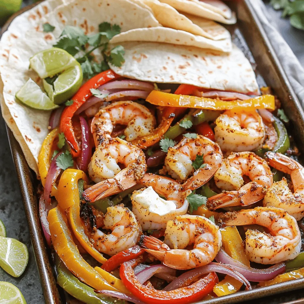 For these shrimp fajitas, you'll need a few key items. Here’s what to gather: - 1 pound large shrimp, peeled and deveined - 2 bell peppers (red and yellow), sliced - 1 red onion, sliced These main ingredients pack a punch of flavor and color. The shrimp provide protein, while the colorful peppers and onion add crunch and sweetness. Now, let’s talk about the magic that makes these fajitas special. You need: - 3 tablespoons butter, melted - 4 cloves garlic, minced - 2 teaspoons chili powder - 1 teaspoon cumin - 1 teaspoon smoked paprika - Salt and pepper to taste - Juice of 1 lime These seasonings bring warmth and depth. Butter and garlic create a rich base, while lime juice adds brightness. The chili powder, cumin, and smoked paprika make each bite exciting. To serve your fajitas, you’ll need: - Flour tortillas - Fresh cilantro, chopped (for garnish) Soft flour tortillas hold all the goodness. You can also add a sprinkle of fresh cilantro for a burst of freshness. Consider lime wedges on the side for extra zing. Assemble your fajitas just how you like! First, gather all your ingredients. You need 1 pound of shrimp, 2 bell peppers, and 1 red onion. Slice the bell peppers and onion into thin strips. This helps them cook evenly. Peel and devein the shrimp if you haven’t done so. You want the shrimp clean and ready for flavor. In a large bowl, mix the shrimp with 3 tablespoons of melted butter. Add in 4 cloves of minced garlic for that rich taste. Then, sprinkle 2 teaspoons of chili powder, 1 teaspoon of cumin, and 1 teaspoon of smoked paprika. Season with salt and pepper. Finally, squeeze the juice of 1 lime over the shrimp. Toss everything together until the shrimp is well coated. This is where the magic begins. Now, preheat your oven to 400°F (200°C). While it heats, take a large baking sheet. Spread the sliced bell peppers and onion in an even layer. Drizzle with a bit of olive oil and add a pinch of salt and pepper. Toss them to mix. Next, spread the marinated shrimp over the veggies. Bake for 15-20 minutes. The shrimp should turn pink, and the veggies will soften. When done, take it out and let it cool for a couple of minutes. Top with fresh cilantro before serving. Use warm flour tortillas to wrap your fajitas. Enjoy the feast! The best temperature for this dish is 400°F (200°C). This heat cooks the shrimp and veggies just right. It helps the shrimp turn pink and tender. At this temperature, the bell peppers and onions soften nicely. Make sure to preheat your oven well. This step helps the shrimp cook evenly. To keep the shrimp tasty, marinate them well. I suggest mixing them with garlic, butter, and spices in a bowl. Use chili powder, cumin, and smoked paprika for a bold flavor. Let the shrimp soak in the marinade for at least 10 minutes. This simple step adds deep taste to each bite. Serve your fajitas on a large platter. Spread the shrimp and veggies in the center. Top with fresh cilantro for a pop of color. Add lime wedges around the plate for a bright touch. This makes your dish look inviting and fun. Guests can easily assemble their fajitas. Enjoy the vibrant flavors and lovely presentation! {{image_2}} You can swap bell peppers for other veggies. Zucchini and mushrooms work well. Sweet corn adds a nice crunch. Carrots bring a sweet touch. Try using asparagus for a fresh twist. Each veggie offers a new flavor and texture. If you like heat, add sliced jalapeños or serrano peppers. A dash of hot sauce can spice things up, too. You can even sprinkle red pepper flakes for a kick. Adjust the heat to match your tastes. To make this dish gluten-free, use corn tortillas instead of flour ones. You can also skip the tortillas and serve the shrimp on a bed of lettuce. This keeps it low-carb and fresh. Another option is to use cauliflower rice as a base. After enjoying your Sheet-Pan Garlic Butter Shrimp Fajitas, store leftovers. Place them in an airtight container. Keep your shrimp and veggies together. They stay fresh for up to three days in the fridge. Make sure they cool down before sealing. This helps keep them tasty. When you're ready to eat the leftovers, reheat them well. I suggest using the oven. Preheat to 350°F (175°C). Spread the fajitas on a baking sheet. Heat for about 10-15 minutes. This warms them up without drying them out. You can also use a microwave. Just cover the dish to keep moisture in, and heat for 1-2 minutes. If you want to save some fajitas for later, freezing works great. Let the cooked shrimp and veggies cool completely. Place them in a freezer-safe bag or container. Make sure to squeeze out extra air. They can last up to three months in the freezer. When you're ready to eat, thaw them overnight in the fridge. Reheat as mentioned before for a quick meal. Yes, you can use frozen shrimp. Just make sure to thaw them first. Place the shrimp in a bowl of cold water for about 15-20 minutes. Drain the water and pat them dry with paper towels. This helps the shrimp cook evenly and absorb the flavor better. Shrimp cook quickly, so keep an eye on them. They turn pink when cooked. You can also check if they curl into a "C" shape. If they stay straight, they might be overcooked. Cook them for 15-20 minutes in the oven. Remove them when they are just pink and opaque. You can add many tasty toppings to your fajitas. Some great options include: - Avocado or guacamole - Sour cream - Shredded cheese - Salsa or pico de gallo - Jalapeños for heat - Fresh lime wedges for extra flavor Feel free to mix and match toppings to suit your taste! This blog post covered all you need for tasty shrimp fajitas. You learned about prepping ingredients, cooking methods, and expert tips to enhance flavor. Remember, the right seasonings and cooking temperature make a big difference. You can try different veggies or add heat for a twist. Don't forget about storing and reheating for later meals. Now, it’s time to bring out your inner chef and enjoy these delicious shrimp fajitas with your favorite toppings!