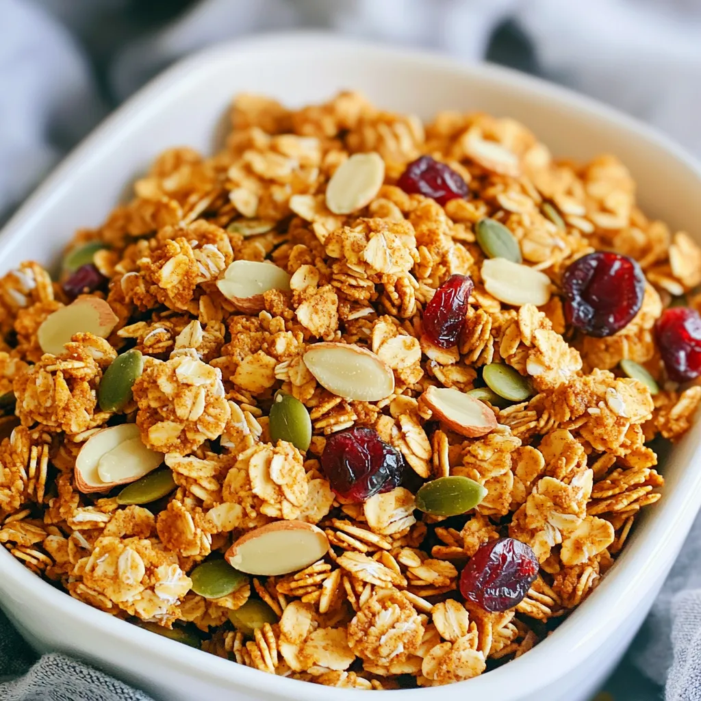 - 2 cups rolled oats - 1 cup pumpkin seeds - 1/2 cup almond slices - 1/2 cup honey (or maple syrup for a vegan option) - 1/4 cup coconut oil, melted - 1/2 cup pumpkin puree - 2 teaspoons pumpkin spice mix (or 1 teaspoon cinnamon, 1/2 teaspoon nutmeg, 1/2 teaspoon ginger, 1/4 teaspoon clove) - 1/2 teaspoon vanilla extract - 1/4 teaspoon sea salt - 1/2 cup dried cranberries - 1/2 cup raisins This recipe calls for simple, nutritious ingredients. Rolled oats form the base, giving your granola a hearty texture. Pumpkin seeds add a nice crunch, while almond slices bring a delightful nutty flavor. You can use honey or maple syrup to sweeten your clusters, depending on your taste and dietary needs. Coconut oil helps bind everything together and adds a rich flavor. Flavor enhancers include pumpkin puree, which gives moisture and a burst of pumpkin flavor. The pumpkin spice mix adds warmth with cinnamon, nutmeg, ginger, and clove. A dash of vanilla extract and sea salt rounds everything out, making each bite a treat. If you want to add more sweetness or chewiness, toss in dried cranberries or raisins. These optional add-ins not only amp up the flavor but also add a pop of color. The mix of textures and tastes makes these granola clusters a tasty fall delight. 1. First, preheat your oven to 325°F (160°C). This helps the granola bake evenly. 2. Next, line a baking sheet with parchment paper. This keeps the granola from sticking. 3. In a large bowl, combine the rolled oats, pumpkin seeds, and almond slices. Stir them well. 1. In another bowl, whisk together the honey (or maple syrup), melted coconut oil, and pumpkin puree. 2. Add in the pumpkin spice mix, vanilla extract, and sea salt. Mix until it's smooth and combined. 1. Pour the wet mixture over the dry ingredients in the large bowl. Stir until every piece is coated. 2. Spread the granola mixture on the lined baking sheet. Press it down gently to form clusters. 3. Bake for about 25-30 minutes. Stir halfway through to ensure even cooking. 4. Watch closely to avoid burning. The granola should look golden brown and smell amazing. 5. Once baked, remove it from the oven. Let it cool on the baking sheet. It will harden as it cools. 6. After cooling, break the granola into clusters. Add the dried cranberries or raisins and mix them in. These easy steps make pumpkin spice granola clusters that taste like fall. You can enjoy them as a snack or breakfast! Achieving the right texture To get those perfect clusters, press the mixture down firmly on the baking sheet. This helps the granola stick together as it bakes. You want a mix that is not too dry, but not too wet. The right moisture level will help form good clumps. Keep an eye on the baking time too. Granola can go from golden to burned quickly. How to prevent burning Set your oven to 325°F (160°C) and watch your granola closely. Stirring halfway through helps it bake evenly. If the edges start to brown too fast, you can cover them with foil. This little trick keeps everything nice and toasty without burning. Ideas for presentation Serving granola can be fun! Use mason jars for a rustic look. You can also pile it into bowls for a cozy breakfast. Add a sprinkle of extra pumpkin spice on top to make it pop. It looks great and adds more flavor. Pairing options with yogurt or fruit Pair your granola clusters with yogurt for a tasty treat. Greek yogurt adds protein and creaminess. Fresh fruit, like berries or bananas, adds color and sweetness. You can even drizzle honey on top for extra flavor. This makes a great breakfast or snack. Best practices for keeping granola fresh To keep your granola fresh, store it in an airtight container. Glass jars or plastic bins work well. This keeps moisture out and helps it last longer. You can keep it on the counter or in the pantry. Long-term storage tips If you want to store it for longer, freezing is a great option. Just place it in a freezer-safe bag. When you're ready to eat, let it thaw at room temperature. It will taste just as good as fresh! {{image_2}} You can easily make this recipe fit your diet. For a vegan version, swap honey for maple syrup. Both sweeteners work well in this granola. If you need a gluten-free option, use certified gluten-free oats. This small change keeps the taste and texture intact. Want to spice things up? Add more flavors! Try mixing in some extra spices like cinnamon or nutmeg. You could even toss in some chopped pecans or walnuts for a crunchier texture. If you prefer a different sweetener, use agave or brown rice syrup instead of honey or maple syrup. Embrace the season! Fall offers so many flavors. You can add applesauce or mashed banana for extra moisture and sweetness. Dried apples or pears can also add a delightful twist to your granola. These ingredients will enhance your clusters and celebrate fall's bounty. To keep your pumpkin spice granola clusters fresh, use an airtight container. Glass jars work well, but plastic containers can also do the job. Make sure to store them in a cool, dry place. This helps keep the clusters crunchy and tasty. If you want to store your granola for a while, freezing is a great option. Place the clusters in a freezer-safe bag or container. Squeeze out as much air as possible to prevent freezer burn. When you're ready to eat them, just take out what you need. Let them thaw at room temperature. When stored properly, your granola clusters can last for up to two weeks at room temperature. If you freeze them, they can last for about three months. This way, you can enjoy that fall flavor whenever you want! To make pumpkin spice granola clusters, follow these steps: 1. Prep time: Take about 10 minutes to gather and prepare your ingredients. 2. Total time: Bake for 25-30 minutes for a total of around 40 minutes. 3. Oven: Start by preheating your oven to 325°F (160°C). Line a baking sheet with parchment paper. 4. Mix dry: In a large bowl, combine 2 cups of rolled oats, 1 cup of pumpkin seeds, and 1/2 cup of almond slices. Stir them together well. 5. Wet mix: In another bowl, whisk together 1/2 cup of honey (or maple syrup), 1/4 cup of melted coconut oil, and 1/2 cup of pumpkin puree. Add 2 teaspoons of pumpkin spice mix, 1/2 teaspoon of vanilla extract, and 1/4 teaspoon of sea salt. 6. Combine: Pour the wet mix over the dry ingredients. Stir until everything is well coated. 7. Bake: Spread the mixture on your baking sheet. Press it down gently to form clusters. Bake for 25-30 minutes, stirring halfway through. 8. Cool: Once golden brown, take it out and let it cool on the sheet. It will harden as it cools. Yes, you can switch nuts and seeds based on your taste. Here are some options: - Nuts: Try walnuts, pecans, or hazelnuts. - Seeds: Sunflower seeds or chia seeds work great too. - Mixing: Feel free to mix different nuts and seeds for unique flavors and textures. Yes, this recipe can be gluten-free! Here’s how: - Oats: Make sure to use certified gluten-free rolled oats. - Sweeteners: Honey or maple syrup are safe options. - Nuts and seeds: All the nuts and seeds mentioned are gluten-free. By choosing these ingredients, you can enjoy delicious pumpkin spice granola clusters without gluten. In this post, I covered how to make delicious pumpkin spice granola clusters. We discussed key ingredients like rolled oats and pumpkin seeds, as well as tasty add-ins. I provided step-by-step instructions and helpful tips for perfect clusters. You can adapt the recipe to fit dietary needs too. Now, you have all the tools to create your own healthy snack. Enjoy the process and share your tasty results!