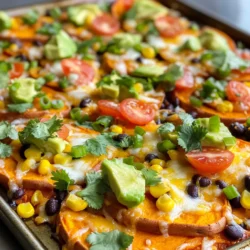 - 2 large sweet potatoes, thinly sliced - 1 tablespoon olive oil - 1 teaspoon smoked paprika - 1 teaspoon garlic powder - 1 teaspoon cumin - Salt and pepper to taste - 1 cup black beans, drained and rinsed - 1 cup corn kernels (fresh or frozen) - 1 cup shredded cheese (cheddar or a blend) - 1 jalapeño, sliced (optional) - ½ cup diced tomatoes - ¼ cup green onions, chopped - ½ cup avocado, diced - Fresh cilantro for garnish - Sour cream or Greek yogurt for serving (optional) Each serving provides a good mix of nutrients. You'll get about: - Calories: 350 - Protein: 15g - Fat: 14g - Carbohydrates: 48g - Fiber: 10g - Sugar: 6g This dish is rich in vitamins A and C from sweet potatoes. It also offers fiber from beans and corn. If you cannot find sweet potatoes, you can use regular potatoes. They will change the flavor but will still taste great. For a dairy-free option, try plant-based cheese. If you want less spice, omit the jalapeños or swap them for bell peppers. You can also use canned corn if fresh or frozen isn’t available. Start by preheating your oven to 425°F (220°C). This step is key for roasting. Next, grab two large sweet potatoes. You want to slice them thinly. Thin slices cook better and crisp up nicely. In a large bowl, add the sweet potato slices. Pour in one tablespoon of olive oil. Then, sprinkle in one teaspoon each of smoked paprika, garlic powder, and cumin. Add salt and pepper to taste. Toss everything together until the sweet potatoes are well coated. This mix adds great flavor. Now, line a large baking sheet with parchment paper. This helps with easy cleanup. Spread the sweet potato slices evenly on the sheet. Make sure they are in a single layer to roast well. Place the baking sheet in the preheated oven. Roast the sweet potatoes for 20 minutes. Halfway through, flip the slices. This step ensures they cook evenly. After 20 minutes, the sweet potatoes should be tender and golden brown. Take the baking sheet out of the oven. Now, it’s time to layer on the toppings. Start with one cup of black beans that you’ve drained and rinsed. Next, add one cup of corn kernels, either fresh or frozen. If you like some heat, add sliced jalapeños as well. Sprinkle one cup of shredded cheese over everything. You can use cheddar or a cheese blend. Return the pan to the oven for another 5 to 7 minutes. You want the cheese to melt and get bubbly. Once the cheese is melted, take the nachos out of the oven. Top with diced tomatoes, chopped green onions, and diced avocado. Finish with fresh cilantro for a burst of flavor. Serve immediately, adding sour cream or Greek yogurt on the side if you wish. Enjoy your tasty creation! To get soft and tasty sweet potatoes, slice them thin. Aim for about 1/8 inch thick. This size cooks evenly and turns crispy. Toss them well with olive oil and spices. Make sure every slice gets coated. Spread them out on the pan. Avoid overlapping to ensure they cook nicely. Flip them halfway through cooking for even browning. For the best cheese melt, use shredded cheese. It melts faster than slices. After the sweet potatoes are cooked, add cheese on top. Return the pan to the oven for just 5-7 minutes. Keep an eye on it. You want the cheese bubbly and slightly golden. This gives that perfect nacho look that is hard to resist. Feel free to get creative with your nachos! You can add different toppings based on your taste. Try black olives or fresh peppers for extra flavor. Swap black beans for pinto beans if you prefer. You can also use different types of cheese. A blend of cheeses can add depth to the flavor. For a spicy kick, add more jalapeños or hot sauce. The options are endless, so have fun! {{image_2}} You can easily make this dish vegetarian or vegan. For a vegan version, simply skip the cheese or use a plant-based cheese instead. You can also add more veggies. Try using bell peppers, zucchini, or mushrooms. These options add flavor and nutrients while keeping your dish fully plant-based. Cheese can change the flavor of your nachos. If you want a sharp taste, use aged cheddar. For a creamier texture, mozzarella works well. You can also blend different cheeses for more depth. A mix of pepper jack and cheddar adds a nice kick. Experiment to find your favorite combo! Toppings can make your nachos special. Instead of avocado, try guacamole for creaminess. You can add pico de gallo for a fresh taste. For crunch, consider adding chopped radishes or pickled onions. Jalapeños give heat, while sour cream or Greek yogurt adds creaminess. Get creative with your toppings! To keep your nachos fresh, store them in an airtight container. Let them cool before sealing. Place them in the fridge for up to three days. If you want to keep them longer, freezing is a great option. Avoid stacking the nachos to prevent sogginess. When you want to enjoy your leftovers, preheat your oven to 350°F (175°C). Spread the nachos on a baking sheet. Heat them for about 10-15 minutes. This method keeps them crispy. You can also use a microwave, but they may get soft. To freeze nachos, first, separate the toppings from the sweet potatoes. Store the sweet potatoes in a freezer bag. You can freeze toppings like black beans and corn in separate bags. This way, you can enjoy your nachos fresh later. They can last in the freezer for up to three months. When ready to eat, thaw in the fridge overnight and reheat as mentioned above. Yes, you can use regular potatoes. They will taste different but still work. I suggest using russet or Yukon gold. Slice them thinly, just like sweet potatoes. The cooking time may change slightly. Check for doneness after 20 minutes. To add spice, try these tips. First, add more jalapeños. You can slice them thin or leave the seeds in. Another option is to sprinkle cayenne pepper on top. Use a spicy cheese blend for a kick. You can even add hot sauce to the toppings. Sweet potato nachos pair well with many sides. You can serve them with sour cream or Greek yogurt. Guacamole is another great choice. Fresh salsa adds freshness and flavor. Try a simple green salad on the side for a balanced meal. In this post, we covered sweet potato nachos from start to finish. We reviewed key ingredients, nutritional facts, and helpful swaps. You learned step-by-step how to prepare, roast, and assemble your dish. I shared tips on cooking sweet potatoes and melting cheese. We also explored fun variations and storage methods for leftovers. Sweet potato nachos are easy to customize. Use the tips, tricks, and alternatives to make this dish your own. Enjoy your cooking adventure, and delight in every bite along the way!