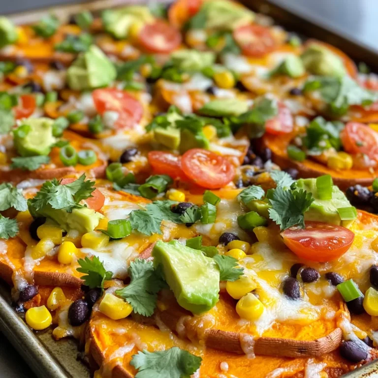 - 2 large sweet potatoes, thinly sliced - 1 tablespoon olive oil - 1 teaspoon smoked paprika - 1 teaspoon garlic powder - 1 teaspoon cumin - Salt and pepper to taste - 1 cup black beans, drained and rinsed - 1 cup corn kernels (fresh or frozen) - 1 cup shredded cheese (cheddar or a blend) - 1 jalapeño, sliced (optional) - ½ cup diced tomatoes - ¼ cup green onions, chopped - ½ cup avocado, diced - Fresh cilantro for garnish - Sour cream or Greek yogurt for serving (optional) Each serving provides a good mix of nutrients. You'll get about: - Calories: 350 - Protein: 15g - Fat: 14g - Carbohydrates: 48g - Fiber: 10g - Sugar: 6g This dish is rich in vitamins A and C from sweet potatoes. It also offers fiber from beans and corn. If you cannot find sweet potatoes, you can use regular potatoes. They will change the flavor but will still taste great. For a dairy-free option, try plant-based cheese. If you want less spice, omit the jalapeños or swap them for bell peppers. You can also use canned corn if fresh or frozen isn’t available. Start by preheating your oven to 425°F (220°C). This step is key for roasting. Next, grab two large sweet potatoes. You want to slice them thinly. Thin slices cook better and crisp up nicely. In a large bowl, add the sweet potato slices. Pour in one tablespoon of olive oil. Then, sprinkle in one teaspoon each of smoked paprika, garlic powder, and cumin. Add salt and pepper to taste. Toss everything together until the sweet potatoes are well coated. This mix adds great flavor. Now, line a large baking sheet with parchment paper. This helps with easy cleanup. Spread the sweet potato slices evenly on the sheet. Make sure they are in a single layer to roast well. Place the baking sheet in the preheated oven. Roast the sweet potatoes for 20 minutes. Halfway through, flip the slices. This step ensures they cook evenly. After 20 minutes, the sweet potatoes should be tender and golden brown. Take the baking sheet out of the oven. Now, it’s time to layer on the toppings. Start with one cup of black beans that you’ve drained and rinsed. Next, add one cup of corn kernels, either fresh or frozen. If you like some heat, add sliced jalapeños as well. Sprinkle one cup of shredded cheese over everything. You can use cheddar or a cheese blend. Return the pan to the oven for another 5 to 7 minutes. You want the cheese to melt and get bubbly. Once the cheese is melted, take the nachos out of the oven. Top with diced tomatoes, chopped green onions, and diced avocado. Finish with fresh cilantro for a burst of flavor. Serve immediately, adding sour cream or Greek yogurt on the side if you wish. Enjoy your tasty creation! To get soft and tasty sweet potatoes, slice them thin. Aim for about 1/8 inch thick. This size cooks evenly and turns crispy. Toss them well with olive oil and spices. Make sure every slice gets coated. Spread them out on the pan. Avoid overlapping to ensure they cook nicely. Flip them halfway through cooking for even browning. For the best cheese melt, use shredded cheese. It melts faster than slices. After the sweet potatoes are cooked, add cheese on top. Return the pan to the oven for just 5-7 minutes. Keep an eye on it. You want the cheese bubbly and slightly golden. This gives that perfect nacho look that is hard to resist. Feel free to get creative with your nachos! You can add different toppings based on your taste. Try black olives or fresh peppers for extra flavor. Swap black beans for pinto beans if you prefer. You can also use different types of cheese. A blend of cheeses can add depth to the flavor. For a spicy kick, add more jalapeños or hot sauce. The options are endless, so have fun! {{image_2}} You can easily make this dish vegetarian or vegan. For a vegan version, simply skip the cheese or use a plant-based cheese instead. You can also add more veggies. Try using bell peppers, zucchini, or mushrooms. These options add flavor and nutrients while keeping your dish fully plant-based. Cheese can change the flavor of your nachos. If you want a sharp taste, use aged cheddar. For a creamier texture, mozzarella works well. You can also blend different cheeses for more depth. A mix of pepper jack and cheddar adds a nice kick. Experiment to find your favorite combo! Toppings can make your nachos special. Instead of avocado, try guacamole for creaminess. You can add pico de gallo for a fresh taste. For crunch, consider adding chopped radishes or pickled onions. Jalapeños give heat, while sour cream or Greek yogurt adds creaminess. Get creative with your toppings! To keep your nachos fresh, store them in an airtight container. Let them cool before sealing. Place them in the fridge for up to three days. If you want to keep them longer, freezing is a great option. Avoid stacking the nachos to prevent sogginess. When you want to enjoy your leftovers, preheat your oven to 350°F (175°C). Spread the nachos on a baking sheet. Heat them for about 10-15 minutes. This method keeps them crispy. You can also use a microwave, but they may get soft. To freeze nachos, first, separate the toppings from the sweet potatoes. Store the sweet potatoes in a freezer bag. You can freeze toppings like black beans and corn in separate bags. This way, you can enjoy your nachos fresh later. They can last in the freezer for up to three months. When ready to eat, thaw in the fridge overnight and reheat as mentioned above. Yes, you can use regular potatoes. They will taste different but still work. I suggest using russet or Yukon gold. Slice them thinly, just like sweet potatoes. The cooking time may change slightly. Check for doneness after 20 minutes. To add spice, try these tips. First, add more jalapeños. You can slice them thin or leave the seeds in. Another option is to sprinkle cayenne pepper on top. Use a spicy cheese blend for a kick. You can even add hot sauce to the toppings. Sweet potato nachos pair well with many sides. You can serve them with sour cream or Greek yogurt. Guacamole is another great choice. Fresh salsa adds freshness and flavor. Try a simple green salad on the side for a balanced meal. In this post, we covered sweet potato nachos from start to finish. We reviewed key ingredients, nutritional facts, and helpful swaps. You learned step-by-step how to prepare, roast, and assemble your dish. I shared tips on cooking sweet potatoes and melting cheese. We also explored fun variations and storage methods for leftovers. Sweet potato nachos are easy to customize. Use the tips, tricks, and alternatives to make this dish your own. Enjoy your cooking adventure, and delight in every bite along the way!