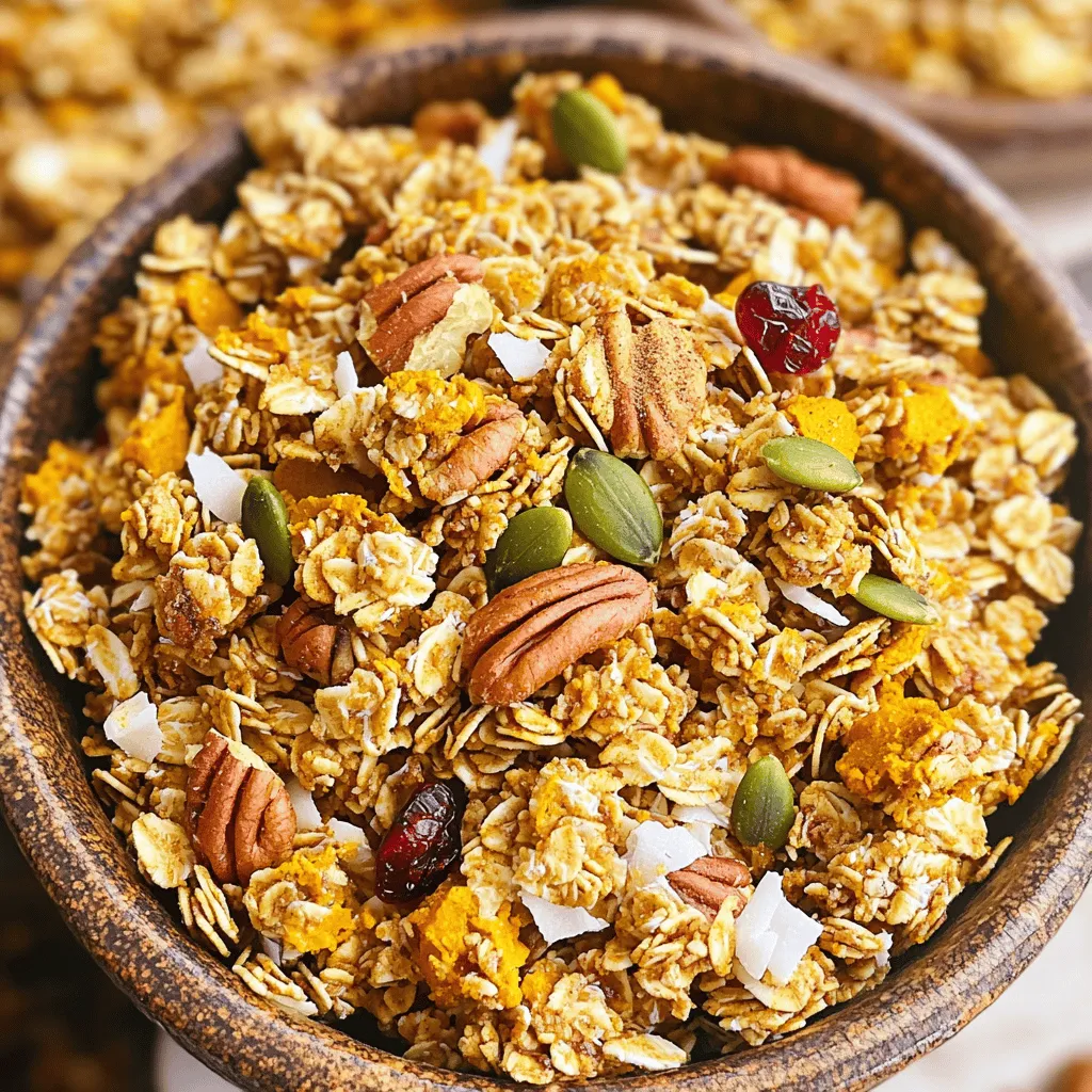 For my Maple Pecan Pumpkin Granola, I use simple, tasty ingredients: - 2 cups rolled oats - 1 cup chopped pecans - 1/2 cup pumpkin seeds - 1/2 cup unsweetened coconut flakes - 1 teaspoon ground cinnamon - 1/2 teaspoon nutmeg - 1/2 teaspoon salt - 1/2 cup pure maple syrup - 1/2 cup pumpkin puree - 1 teaspoon vanilla extract - Optional: 1/2 cup dried cranberries or raisins These ingredients work together to create a crunchy, sweet treat. Each ingredient adds its own nutrition to this granola. - Rolled oats: Great source of fiber. They help keep you full. - Pecans: They offer healthy fats and protein. They add a nice crunch. - Pumpkin seeds: Packed with vitamins and minerals, they boost your health. - Coconut flakes: They bring flavor and healthy fat. - Cinnamon and nutmeg: These spices add warmth and flavor without extra sugar. - Maple syrup: This natural sweetener gives a unique taste. - Pumpkin puree: Adds moisture and nutrients, making granola rich. - Vanilla extract: It enhances the flavor and aroma. If you add dried cranberries or raisins, they bring extra sweetness and fiber, too. You can switch some ingredients if you need to. Here are some options: - Rolled oats: Quick oats work, but they can be softer. - Pecans: Use walnuts or almonds if you prefer. - Pumpkin seeds: Sunflower seeds can replace them for a nut-free option. - Coconut flakes: Omit them if you’re not a fan of coconut. - Maple syrup: Honey or agave syrup can be good substitutes. - Pumpkin puree: Applesauce is a fun swap for a different taste. These swaps still keep the granola tasty and healthy, tailored to your needs. 1. Preheat your oven to 350°F (175°C). This helps the granola cook evenly. 2. Line a large baking sheet with parchment paper. This prevents sticking and makes clean-up easy. 3. In a large bowl, mix the rolled oats, chopped pecans, pumpkin seeds, coconut flakes, ground cinnamon, nutmeg, and salt. Stir well to combine all the dry ingredients. 1. In a separate bowl, whisk together the maple syrup, pumpkin puree, and vanilla extract. Make sure it is smooth. 2. Pour the wet mix over the dry mix. Stir until every oat and nut is coated. This step is key for flavor. 3. Spread the mixture evenly on the lined baking sheet. Press down slightly with a spatula. This helps form clumps. 4. Bake for 20-25 minutes. Stir halfway to ensure even cooking. Look for a golden brown color and a nice smell. 1. Remove the granola from the oven. Let it cool completely on the baking sheet. It will harden as it cools. 2. Once cool, you can stir in optional dried cranberries or raisins for extra sweetness and texture. 3. Store your granola in an airtight container. This keeps it fresh for weeks. To get clumpier granola, pack it tight on the baking sheet. Press down the mixture with a spatula. This creates those lovely clusters. Bake it without stirring for the first half of the time. This way, the granola forms larger pieces. After 20 minutes, check for golden color, then stir gently. You can add fun flavors to your granola. Try mixing in some vanilla extract or a pinch of sea salt. Nuts and seeds add crunch and taste, so use your favorites. Dried fruits like cranberries or raisins provide sweetness. A little extra cinnamon or nutmeg can boost the fall flavor too. One common mistake is using too much liquid. This can lead to soggy granola. Be careful not to overbake. You want it golden, not burnt. Also, don’t skip the cooling step. If you mix it before it cools, you might lose those clumps. Lastly, remember to store it in an airtight container to keep it fresh. {{image_2}} You can easily play with flavors in your Maple Pecan Pumpkin Granola. Adding dried fruits gives it a sweet twist. Try mixing in 1/2 cup of dried cranberries or raisins for extra texture. If you like zing, consider adding chopped dried apricots or cherries. Nuts can also change the flavor. Swap pecans for almonds or walnuts for new tastes. This granola can fit many diets. For a gluten-free option, use certified gluten-free oats. If you need a nut-free blend, simply leave out the pecans. Sunflower seeds can replace nuts without losing crunch. You can also substitute pumpkin seeds with seeds like chia or flax for a different twist. Serving your granola can be fun! I love it with yogurt and fresh fruit. Layer it in a parfait for a pretty treat. You can sprinkle it on smoothies for a crunchy finish. It also makes a great topping for oatmeal or pancakes. Enjoy this granola as a snack on its own or with milk for a quick breakfast. After making your Maple Pecan Pumpkin Granola, allow it to cool completely. Once cool, transfer the granola to an airtight container. This helps keep it fresh and crunchy. You can use glass jars or plastic containers. For added freshness, store it in a cool, dry place. Avoid areas with heat and moisture, like near the stove or sink. When stored properly, your granola can last up to two weeks. If you want to keep it longer, consider freezing it. In the freezer, the granola can last for about three months. Just remember to use a freezer-safe container. Label the container with the date, so you know when to use it. If your granola becomes stale, don't worry! You can easily bring it back to life. Preheat your oven to 300°F (150°C). Spread the stale granola on a baking sheet in an even layer. Bake for 5-10 minutes, stirring halfway through. This will help it regain its crunchy texture. Let it cool before serving. Enjoy your tasty snack again! Yes, you can use rolled oats. Rolled oats work well in granola. They give a nice texture and flavor. Quick oats cook faster but can make granola too fine. Rolled oats create a heartier bite. You can use honey or agave syrup as a substitute. Both sweeteners add a nice flavor. If you want a lower sugar option, try using mashed bananas. The bananas will also add moisture and sweetness. Homemade granola can last up to two weeks when stored properly. Keep it in an airtight container. For the best taste, eat it fresh within a week. If you want to keep it longer, consider freezing it. In this blog post, we explored each ingredient and its nutritional value, guided you through preparation and baking, and shared tips for perfect granola. We discussed fun flavor variations, dietary changes, and how to store your creation. Remember, making granola is flexible—experiment with ingredients and flavors you love. With practice, you’ll avoid common mistakes and create tasty, nutritious snacks every time. Enjoy your granola adventure!