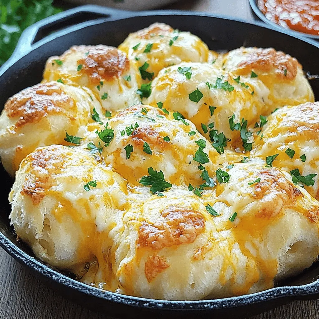- 3 cups all-purpose flour - 1 packet (2 1/4 tsp) instant yeast - 2 tablespoons sugar - 1 teaspoon salt - 1 cup warm milk (110°F) - 1/4 cup unsalted butter, melted - 1 cup cheddar cheese, shredded - 1/2 cup mozzarella cheese, shredded - 4 cloves garlic, minced - 2 tablespoons fresh parsley, chopped - 1/4 teaspoon red pepper flakes (optional) - 1 tablespoon olive oil For my cheesy garlic pull-apart skillet bread, I focus on fresh, high-quality ingredients. Each one plays a key role in the flavor and texture. - All-purpose flour forms the base of the bread. It gives a soft and fluffy texture. - Instant yeast makes the dough rise quickly, so you can enjoy your bread sooner. - Sugar helps activate the yeast and adds a hint of sweetness. - Salt enhances all the flavors and balances the sweetness. - Warm milk is crucial for activating the yeast and adding moisture. - Unsalted butter gives richness and flavor to the bread. - Cheddar cheese provides a sharp and creamy taste. - Mozzarella cheese adds stretch and gooeyness when baked. - Garlic gives that strong, savory flavor we all love. - Fresh parsley adds a bright touch and a bit of color. - Red pepper flakes can give a slight kick. It’s optional but fun! - Olive oil helps crisp the bread and adds richness. - Additional herbs or spices can add more flavor. Think thyme, oregano, or even some Italian seasoning. - You can switch up the cheese. Try using pepper jack for heat or a blend of your favorites. - For dipping, marinara sauce is classic. You could also try garlic butter or a spicy aioli for a twist. These ingredients make my cheesy garlic pull-apart skillet bread special. Each bite is flavorful and satisfying. You can adjust based on your tastes and what you have at home. Happy baking! 1. Activating the yeast: Start by mixing warm milk, sugar, and instant yeast in a large bowl. Let it sit for about 5 minutes. This allows the yeast to foam and get active. 2. Mixing dough ingredients: Add melted butter, flour, and salt to the yeast mix. Stir until you see a soft dough form. This mixture should feel smooth and slightly sticky. 3. Kneading the dough: Place the dough on a floured surface. Knead it for about 5-7 minutes. You want it to be smooth and elastic. This step builds the dough's strength and texture. 1. First rise time: Put the dough in a greased bowl. Cover it with a clean towel and set it in a warm spot. Let it rise for 1 hour or until it doubles in size. 2. Dividing the dough: After it has risen, punch the dough down. Divide it into 20-25 small pieces. This makes it easier to fill each piece with cheese. 3. Filling with cheese mixture: In a bowl, combine cheddar, mozzarella, minced garlic, parsley, and red pepper flakes. Take each dough piece, flatten it, and place a spoonful of this cheese mix in the center. Pinch the dough closed to form a ball. 1. Arranging in the skillet: Grease a cast-iron skillet or oven-safe pan. Arrange the cheese-filled dough balls in the skillet, stacking them up. Drizzle olive oil over the top for extra flavor. 2. Second rise time: Cover the skillet with a kitchen towel. Let the dough rise again for 30 minutes. This helps the bread become fluffy. 3. Baking instructions: Preheat your oven to 350°F (175°C). Bake the bread for 25-30 minutes. Look for a golden color and bubbly cheese. Let it cool a bit before serving. Use a fork or your hands to pull apart the pieces. To get the perfect dough texture, use warm milk around 110°F. This helps the yeast rise. Mix until the dough is soft, not sticky. If it's too dry, add a bit more milk. If it's too wet, add a little flour. Knead the dough for 5-7 minutes until it feels smooth. Common dough issues include not rising or being too tough. If your dough does not rise, check your yeast. It may be old or too cold. A tough dough often means over-kneading. Try kneading less next time. For flavor profile adjustments, mix in herbs like rosemary or thyme. You can also add spices like garlic powder for depth. If you want extra garlicky goodness, increase the minced garlic to six cloves or add garlic powder to the dough. Serve this garlic bread directly from the skillet. It looks great and stays warm. Pair it with marinara sauce for dipping. This bread works well for parties, game nights, or family dinners. It’s also a fun treat for movie nights at home. {{image_2}} You can switch up the cheese for more fun. Try using gouda or pepper jack for a kick. Mixing in different cheeses adds depth to the flavor. You can also add spices or herbs to the cheese mix. Try Italian seasoning or a pinch of garlic powder for extra zest. Adding vegetables can really boost the taste. Chopped spinach or sun-dried tomatoes work well. They add color and nutrients too. If you want a sweet version, mix in cinnamon sugar. This twist gives a nice contrast to the savory bread. For gluten-free bread, swap all-purpose flour with a gluten-free blend. Make sure it is designed for baking. If you want vegan options, use plant-based milk and butter. You can also choose vegan cheese for a creamy texture. These adjustments make the recipe friendly for all diets. - Short-term storage tips: Before storing, let the bread cool completely. Wrap it in plastic wrap or foil. You can also place it in an airtight container. Store it at room temperature for up to 3 days. - Long-term storage tips: For longer storage, freeze the bread. Wrap it tightly in plastic wrap and then in foil. This keeps it fresh for up to 2 months. When ready to eat, thaw it in the fridge overnight. - Best practices for reheating pulling apart bread: To reheat, preheat your oven to 350°F. Place the bread in the oven for about 10-15 minutes. This warms it evenly and keeps it nice. - Avoiding sogginess: Avoid using the microwave, as it can make the bread soggy. If you must use it, keep the time short and check often to prevent moisture buildup. - Creative ways to use leftovers: You can turn leftover bread into croutons. Cut it into small cubes, toss with olive oil, and bake until crispy. Use these in salads or soups for added flavor. - Reimagining bread in other recipes: Try using leftover bread for a savory bread pudding. Mix it with eggs, milk, cheese, and your favorite veggies. Bake until set for a hearty meal. You can serve this bread right from the skillet. It looks great and keeps it warm. For dips, marinara sauce works well. You can also try ranch dressing or garlic butter. Pair this bread with a fresh salad or a hearty soup. These sides will make your meal even better. Yes, you can make this dish ahead. Prepare the dough and shape it into balls. Place them in the skillet and cover it. You can store it in the fridge overnight. When ready to bake, let it sit at room temperature for 30 minutes. This way, you save time on busy days. Look for a golden brown color on the top. The cheese should be bubbly and melted. If you tap the bottom of the skillet, it should sound hollow. A toothpick inserted into the bread should come out clean. These signs mean your pull-apart bread is perfect and ready to eat. In this post, we explored how to make Cheesy Garlic Pull-Apart Skillet Bread. You learned the key ingredients and step-by-step instructions for preparing, rising, and baking. I shared tips for getting the right dough texture and enhancing flavors. We discussed variations that suit different diets and preferences and how to store leftovers. Now, you can create this delicious bread at home with ease. Enjoy your tasty creation and share it with others!