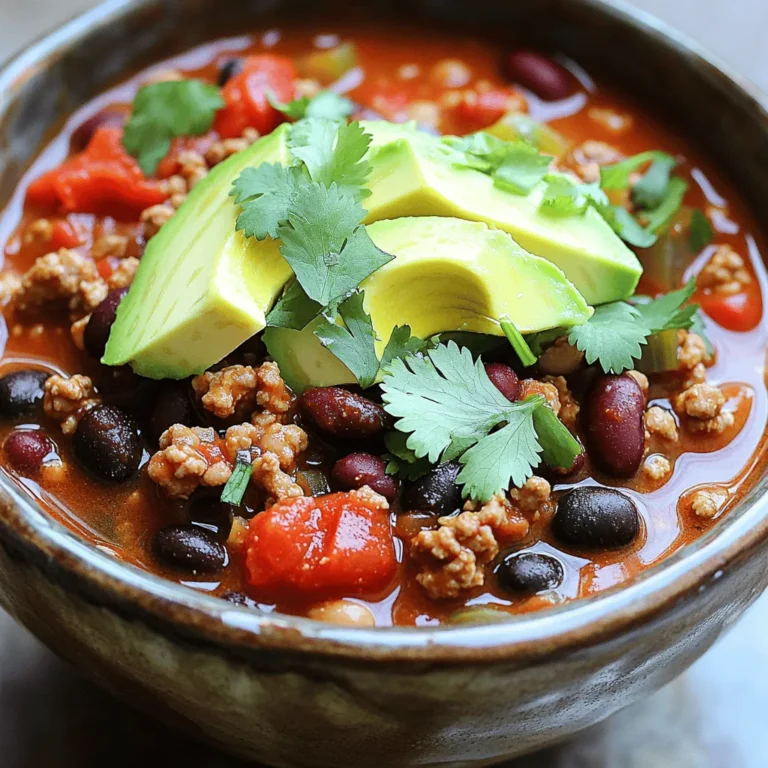 For a hearty bowl of Instant Pot Spicy Turkey Chili, gather these ingredients: - 1 lb ground turkey - 1 medium onion, chopped - 3 cloves garlic, minced - 1 can (15 oz) black beans, drained and rinsed - 1 can (15 oz) kidney beans, drained and rinsed - 1 can (28 oz) crushed tomatoes - 1 cup corn kernels (fresh, frozen, or canned) - 2 tablespoons chili powder - 1 tablespoon ground cumin - 1 teaspoon smoked paprika - 1 teaspoon cayenne pepper (adjust to taste) - 1 bell pepper (any color), chopped - Salt and pepper to taste - 2 tablespoons olive oil - 1 cup chicken broth - Fresh cilantro, for garnish - 1 avocado, sliced, for topping You can switch some ingredients based on what you have at home. Use ground chicken or beef instead of turkey. If you prefer more veggies, add zucchini or carrots instead of beans. For a vegetarian option, replace meat with mushrooms and use vegetable broth. You can also swap black beans for pinto beans if you like. Using fresh ingredients can boost flavor. Fresh garlic and onions give a stronger taste than dried ones. However, canned beans and tomatoes save time and work well in this recipe. Choose canned products with no added salt for a healthier option. Frozen corn works great too, adding a sweet crunch. Use what you have to make the dish your own! Start by turning your Instant Pot to the sauté setting. Add two tablespoons of olive oil. Once hot, toss in the chopped onion and minced garlic. Sauté for about 3-4 minutes. You want the onions to turn clear and soft. This step builds a great base for your chili. Now, add 1 pound of ground turkey to the pot. Use a wooden spoon to break it apart. Stir it well until the turkey is brown, which takes about 5-7 minutes. This step adds flavor and texture to your chili. Next, sprinkle in your spices: 2 tablespoons of chili powder, 1 tablespoon of ground cumin, 1 teaspoon of smoked paprika, and 1 teaspoon of cayenne pepper. Don’t forget salt and pepper to taste. Stir well to coat the turkey and onions. Then, add the black beans, kidney beans, crushed tomatoes, corn, and chopped bell pepper. Pour in 1 cup of chicken broth. Mix everything well until combined. Close the lid of your Instant Pot, making sure the valve is in the sealing position. Set it to manual high pressure for 15 minutes. This step will meld all the flavors together. When the cooking time is up, let the pressure release naturally for 10 minutes. Then, do a quick release to let out any remaining steam. Carefully open the lid. Stir the chili and taste it. You can add more cayenne pepper if you like it spicier. Ladle the chili into bowls. Top each serving with fresh cilantro and sliced avocado. Serve it hot for a warm and hearty meal. To get the spice just right, start with one teaspoon of cayenne pepper. Taste the chili before adding more. Everyone has different heat levels. You can always add more spice later. If it’s too spicy, add a dollop of sour cream or yogurt. These will cool down the heat nicely. You can also add more beans or corn to balance the flavors. This chili is perfect for meal prep. Make a big batch and store it in the fridge. It stays good for about 5 days. You can also freeze it for later. Use airtight containers to avoid freezer burn. When ready to eat, just thaw it overnight in the fridge. Reheat it on the stove or in the microwave. It tastes even better the next day as the flavors blend. If your Instant Pot doesn’t come to pressure, check the sealing ring. Make sure it’s in place and not damaged. Also, ensure that the valve is set to sealing. If your chili is too thick, add a little more chicken broth. If it’s too watery, you can simmer it on the sauté setting for a few minutes. This will help thicken it up. Always remember to release the pressure carefully to avoid spills. {{image_2}} You can easily make this chili vegetarian or vegan. Start by swapping out the ground turkey for a meat alternative. You could use lentils, mushrooms, or a mix of both. Lentils give a nice texture and soak up flavors well. Mushrooms add a rich, umami taste. For a vegan version, replace chicken broth with vegetable broth. This keeps the chili hearty and flavorful without any meat. Want to boost the nutrition? Add more veggies! You can toss in zucchini, carrots, or even sweet potatoes. Chop them small so they cook evenly. Add these during the pressure cooking step. They will blend nicely with the other ingredients. This not only adds flavor but also makes your chili colorful and packed with nutrients. If you prefer different meat, you have options! Ground beef or chicken works well in this chili. Just brown it the same way as the turkey. You can also try turkey sausage for a spicy kick. Just slice it and add it in when you brown the meat. Each choice gives a unique taste but keeps that hearty feel. Each serving of Instant Pot spicy turkey chili provides a filling meal. Here is the breakdown: - Calories: About 300 - Protein: 25g - Carbohydrates: 40g - Fat: 10g - Fiber: 10g - Sodium: 500mg This chili is a good source of protein and fiber. It helps you feel full and satisfied. The ingredients in this chili offer many health benefits: - Ground Turkey: Low in fat and high in protein. It helps build muscle. - Black Beans and Kidney Beans: Packed with fiber. They aid digestion and heart health. - Crushed Tomatoes: Rich in antioxidants like lycopene. They support heart health. - Bell Pepper: Full of vitamins A and C. It boosts your immune system. - Cayenne Pepper: May help boost metabolism. It adds a nice kick to the flavor. Eating this chili can nourish your body with healthy nutrients. You can easily adapt this recipe to fit dietary needs: - Gluten-Free: All the ingredients are gluten-free. Just check the broth. - Dairy-Free: The recipe is naturally dairy-free. Top with avocado instead of cheese. - Low-Carb: Use more veggies and less corn. This keeps carbs lower. - Vegan: Swap the turkey for extra beans or lentils. It keeps the meal hearty. These modifications let everyone enjoy a bowl of spicy turkey chili. It takes about 15 minutes to cook turkey chili in an Instant Pot. First, you sauté the onions and garlic for a few minutes. Then, brown the turkey for about 5-7 minutes. Once you add the other ingredients, set the pot to high pressure for 15 minutes. Including prep time, the total is around 45 minutes. Yes, you can use frozen ground turkey in this recipe. Just add it directly to the pot without thawing. The cooking time may increase by a few minutes. Make sure to break it apart during cooking for even browning. You can serve spicy turkey chili with many sides. Here are some great options: - Cornbread - Tortilla chips - Rice - A fresh salad - Avocado slices on top These sides can add more flavor and texture to your meal. To store leftovers, let the chili cool first. Then, place it in an airtight container. You can keep it in the fridge for up to 4 days. To reheat, use the microwave or stovetop. Add a splash of broth or water if it seems too thick. Enjoy this hearty dish again! You learned about key ingredients for turkey chili, how to cook it step-by-step, and tips for success. I shared ways to adapt the recipe for different diets and preferences. You now know how to make it yours. Enjoy experimenting with flavors and textures. The Instant Pot makes cooking easy and fun. With this guide, you can create a dish that warms hearts and fills bellies. Dive in, make it your own, and share your delicious results!