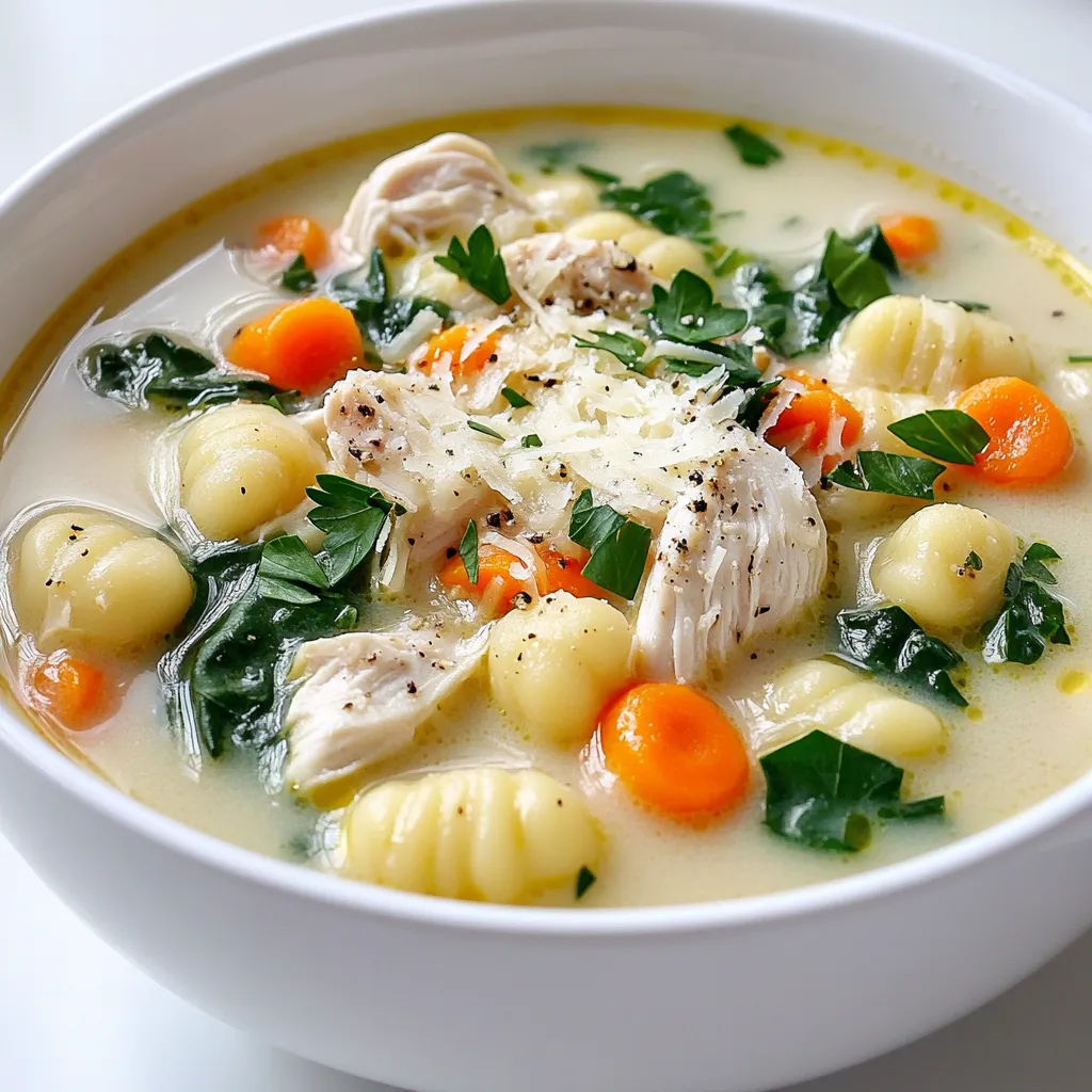 To make this savory chicken gnocchi soup, gather these simple ingredients: - 1 lb boneless, skinless chicken thighs or breasts, diced - 1 tablespoon olive oil - 1 medium onion, diced - 3 cloves garlic, minced - 2 medium carrots, diced - 2 celery stalks, diced - 4 cups low-sodium chicken broth - 1 cup heavy cream - 1 pound fresh or frozen gnocchi - 2 cups fresh spinach - 1 teaspoon dried thyme - 1 teaspoon dried oregano - Salt and pepper to taste For a delightful finish, consider these optional garnishes: - ½ cup grated Parmesan cheese - Chopped fresh parsley These add flavor and make your soup look even better. You will need a few tools to make this soup: - A large skillet for sautéing - A slow cooker for cooking the soup - A cutting board and knife for chopping - A wooden spoon for stirring Having these tools ready will help the process go smoothly. To start, I heat one tablespoon of olive oil in a skillet. I add diced onion, diced carrots, and diced celery. I sauté these for about 5 to 7 minutes. This softens the veggies and brings out their flavors. I then add three cloves of minced garlic. I cook this mixture for another 1 to 2 minutes until it smells amazing. Next, I transfer the sautéed aromatics to the slow cooker. I add 1 pound of diced chicken thighs or breasts to the mix. Then, I pour in 4 cups of low-sodium chicken broth. I like to sprinkle in 1 teaspoon of dried thyme and 1 teaspoon of dried oregano. I finish this step by adding salt and pepper to taste. It's important to stir everything well to combine all the flavors. Now it’s time to cook. I cover the slow cooker and set it on low for 6 to 7 hours. If I’m in a rush, I can set it on high for 3 to 4 hours. The chicken should be fully cooked and tender by this point. Cooking it low and slow gives the best taste. About 30 minutes before I plan to serve, I add 1 pound of gnocchi. If I use fresh gnocchi, they cook faster than frozen, so I keep an eye on them. To make the soup creamy, I stir in 1 cup of heavy cream. I also add 2 cups of fresh spinach. This adds color and nutrition to the soup. Once everything is cooked through, I serve the soup hot. I like to garnish each bowl with ½ cup of grated Parmesan cheese and chopped fresh parsley. This adds a nice touch and boosts the flavor. Enjoy your deliciously comforting chicken gnocchi soup! To get the best taste in your chicken gnocchi soup, start with fresh ingredients. Fresh chicken thighs or breasts add a rich flavor. Use low-sodium chicken broth for a balanced taste. Sauté the onion, carrots, and celery first. This step wakes up the flavors. Don't skip the garlic! It adds a wonderful aroma and taste. Add dried thyme and oregano for depth. If you have fresh herbs, like parsley, use them at the end. They brighten the flavor. One common mistake is overcooking the gnocchi. If you add them too early, they may turn mushy. Follow the timing in the recipe. Another mistake is not seasoning enough. Always taste your soup before serving. Adjust salt and pepper as needed. Lastly, don’t rush the cooking time. Slow cooking lets all the flavors blend well. If you cook on high, watch the chicken closely. It should be tender, not dry. If your soup is too thick, add more chicken broth. You can also stir in a bit of water. For creaminess, add more heavy cream. If you want it richer, use half-and-half. If you prefer a lighter soup, skip the cream. Adding more spinach can help keep the texture nice. Always mix well before serving. This way, you ensure every bowl has the right consistency. {{image_2}} To make this soup vegetarian, swap the chicken for chickpeas or white beans. These options give you protein without meat. Use vegetable broth instead of chicken broth for richer flavor. Adding mushrooms can give a nice umami taste. You can also toss in some tofu for extra texture. Feel free to boost nutrition by adding more veggies. Zucchini, bell peppers, or peas all work well. You can also use kale or Swiss chard instead of spinach for a different twist. Just chop them up and add them to the slow cooker along with the other ingredients. This adds color and makes the soup even heartier. You can switch up the protein in this soup, too. Try using turkey or even shredded pork for a different flavor. If you like seafood, shrimp can be a fun addition. Just add the shrimp in the last 20 minutes of cooking to keep them tender. This gives your soup a fresh twist no matter the protein you choose! To store your leftover soup, let it cool first. Once it cools, transfer it to an airtight container. You can keep it in the fridge for up to three days. Make sure to label the container with the date. This way, you’ll know when to use it. If you want to save the soup for later, freezing is a great option. Pour the cooled soup into freezer-safe bags or containers. Leave some space at the top, as soup expands when frozen. You can freeze it for up to three months. Don't forget to label with the date! When you're ready to enjoy your soup again, you can reheat it on the stove or in the microwave. If using the stove, heat it over low heat and stir often. If microwaving, use a microwave-safe bowl and cover it loosely. Heat in short bursts, stirring in between, until warm. If the soup is too thick after reheating, add a splash of chicken broth or water to thin it out. Yes, you can use frozen chicken. Just add the frozen chicken directly into the slow cooker. Adjust the cooking time to about 7-8 hours on low or 4-5 hours on high. This ensures the chicken cooks through and stays tender. To thicken the soup, try adding more gnocchi. You can also mix 1 tablespoon of cornstarch with water and stir it in. Another option is to blend a small amount of the soup and mix it back in for a creamy texture. This soup pairs well with crusty bread or a side salad. A fresh green salad adds a nice crunch. You can also serve it with garlic bread for extra flavor and comfort. Yes, you can make this soup dairy-free. Substitute the heavy cream with coconut milk or almond milk. Use dairy-free cheese if you want a cheesy taste. These swaps keep the soup rich and tasty without dairy. To sum up, we explored the key ingredients for chicken gnocchi soup, including required and optional items. I shared step-by-step instructions and tips to enhance flavor and avoid common mistakes. Variations allow you to customize it to your taste, while the storage tips ensure your leftovers stay fresh. Remember, cooking is about having fun and experimenting. You can make this dish yours and enjoy it any time. Happy cooking!