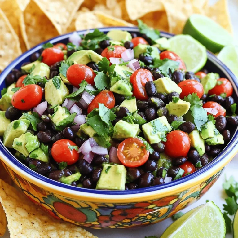 - 1 can (15 ounces) black beans, rinsed and drained - 1 ripe avocado, diced - 1 cup cherry tomatoes, halved - 1 small red onion, finely chopped - 1 jalapeño, deseeded and minced - 1/4 cup fresh cilantro, chopped - Juice of 2 limes - 2 tablespoons olive oil - Salt and pepper to taste This salsa is not only tasty but also healthy. One serving has about: - Calories: 150 - Protein: 6 grams - Carbs: 20 grams - Fat: 7 grams - Black beans: High in protein and fiber. They help with digestion and keep you full. - Avocado: Packed with healthy fats. This fruit supports heart health and skin. - Cherry tomatoes: Rich in vitamins A and C. They boost your immune system. - Red onion: Contains antioxidants, which help fight inflammation. - Jalapeño: Adds a kick! It may also boost your metabolism. - Cilantro: Full of vitamins K and C. It adds flavor and may help detox. - Lime juice: High in vitamin C, it aids in skin health. - Olive oil: A heart-healthy fat that adds richness. Each ingredient brings great taste and health benefits. Enjoy creating your fresh and flavorful Avocado Black Bean Salsa! - Combining Ingredients Start by taking a large mixing bowl. Add one can of rinsed and drained black beans. Next, toss in one ripe, diced avocado. Then, add one cup of halved cherry tomatoes. Finely chop one small red onion and add it to the bowl. Finally, mince a jalapeño, remove the seeds first if you want less heat, and mix it in. - Whisking the Dressing In a small bowl, squeeze the juice of two limes. Add two tablespoons of olive oil, a pinch of salt, and some pepper. Whisk this mixture until smooth. This dressing adds a tangy kick to the salsa. - Tossing the Mixture Pour your dressing over the salsa mixture in the large bowl. Gently toss everything together. Be careful not to mash the avocado too much. Taste the salsa and adjust the seasoning if needed. Let it sit for at least 15 minutes to mix the flavors well. Use fresh ingredients for the best taste. Choose ripe avocados and firm tomatoes. Adjust the jalapeño to control the heat level. If you want a creamier salsa, mash some avocado and mix it in. Fresh cilantro adds a vibrant flavor, so don't skip it! If you're short on time, use canned black beans. They save you from soaking and cooking dried beans. You can also prep the salsa a day ahead. Just keep it in the fridge. This way, the flavors will be even better when you serve it! To boost the taste of your avocado black bean salsa, try adding more herbs. Fresh oregano or parsley adds a nice touch. You can also sprinkle some cumin for a warm flavor. A dash of hot sauce can add some zing, too. If you enjoy a bit of sweetness, add diced mango or peach. These fruits pair well with the beans and avocado. Adjusting the heat level is easy. If you like it spicy, leave the seeds in your jalapeño. For a milder taste, remove all the seeds and ribs. You can also use other peppers, like serrano or poblano, based on your preference. If you want no heat, skip the jalapeño. Serve this salsa in a bright bowl for a fun look. Garnish it with more cilantro and lime wedges. For a crunchy pairing, serve with tortilla chips. You can also use it as a topping for tacos or grilled chicken. It adds color and flavor to any dish! {{image_2}} For a fun twist, add diced pineapple. The sweet fruit pairs well with the creamy avocado. Use about one cup of fresh or canned pineapple, drained. This change brings a bright flavor and tropical feel to your salsa. You can mix it in like the other ingredients for a tasty surprise. If you love heat, try adding more jalapeño or some diced serrano peppers. For a smoky flavor, add a dash of chipotle powder. This extra spice will kick up the salsa. Just remember to taste as you go. You want heat, not fire! For a heartier salsa, mix in one cup of sweet corn. You can use fresh, frozen, or canned corn. The corn adds a nice crunch and sweetness. It makes the salsa even more filling, perfect for a light meal or snack. To store your leftover avocado black bean salsa, place it in an airtight container. This keeps it fresh. It will stay good in the fridge for up to 2 days. You may see the avocado turn brown. This happens due to oxidation. A quick fix is to add more lime juice before storing. The lime helps slow down the browning. I do not recommend freezing this salsa. The avocado will become mushy and lose its texture. If you must freeze it, try just the black bean mix. You can freeze this part for up to 3 months. When ready, thaw it in the fridge. Fresh avocado and tomatoes are best added after thawing. When you're ready to serve the salsa again, give it a gentle stir. This helps mix the flavors. If it looks dry, squeeze in a little lime juice. You can also add fresh cilantro for flavor. Serve it with tortilla chips or on tacos for a tasty snack. Avocado Black Bean Salsa lasts about 2 to 3 days in the fridge. After that, the avocado may brown and change the taste. It's best to eat it fresh, but the other ingredients hold well longer. Yes, you can make this salsa in advance. It tastes better after sitting for a bit. The flavors mix well together. Just keep it in an airtight container in the fridge. Add the avocado right before serving to keep it fresh. You can serve this salsa with many things. It pairs well with tortilla chips for a fun snack. You can also add it to tacos, burritos, or grilled meat. It makes a great topping for salads too! If you need a substitute for avocado, try using mango or diced cucumber. Both add a fresh taste and nice texture. You can also skip the avocado entirely if you prefer a lighter salsa. Just add a bit more lime juice for zest. This blog post covers a trendy and healthy Avocado Black Bean Salsa recipe. We explored key ingredients, their health benefits, and how each step comes together. You can enhance flavors, customize the heat, and even try fun variations. Remember to store any leftovers properly for future enjoyment. Making this salsa is simple, and it packs great nutrition. Enjoy it with your favorite snacks or meals for a tasty boost. Try this recipe and savor each delicious bite!
