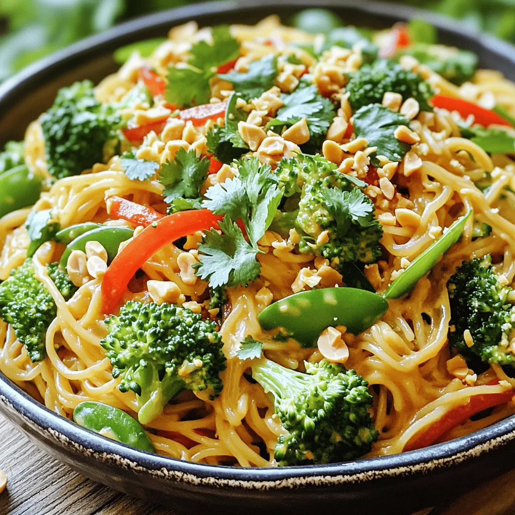 - 200g rice noodles - 1 tablespoon sesame oil - 1 cup broccoli florets - 1 red bell pepper, sliced - 1 cup snap peas - 3 green onions, chopped - 2 cloves garlic, minced - 1 tablespoon fresh ginger, grated - 1/4 cup creamy peanut butter - 2 tablespoons soy sauce (or tamari for gluten-free) - 1 tablespoon sriracha (adjust to taste) - 1 tablespoon lime juice - 1 tablespoon brown sugar - Salt and pepper to taste - Fresh cilantro and crushed peanuts for garnish You can swap rice noodles for whole wheat or zoodles. They work great too. If you don’t have sesame oil, use olive oil instead. It adds a nice flavor. For a nut-free version, try sun butter or tahini in place of peanut butter. You can use any veggies you love. Carrots or bell peppers are great choices. Add fresh cilantro for a burst of flavor. Crushed peanuts give a nice crunch. You can also squeeze extra lime juice on top. This adds zing to each bite. Consider adding sesame seeds or red pepper flakes for more spice. These are simple ways to make the dish your own. First, boil water in a large pot. Add 200g of rice noodles and cook them as the package says. Stir occasionally to keep them from sticking. Once they are soft, drain the noodles in a colander. Rinse them under cold water to stop the cooking. Set the noodles aside for later. Next, heat 1 tablespoon of sesame oil in a large pan over medium heat. Add 1 cup of broccoli florets. Sauté them for about 3 to 4 minutes, until they soften a bit. Then, toss in 1 sliced red bell pepper, 1 cup of snap peas, 2 minced garlic cloves, and 1 tablespoon of grated ginger. Cook this mix for another 3 to 4 minutes. The veggies should be tender but still crisp. In a bowl, combine 1/4 cup of creamy peanut butter, 2 tablespoons of soy sauce, 1 tablespoon of sriracha, 1 tablespoon of lime juice, and 1 tablespoon of brown sugar. Whisk these ingredients until smooth. If the sauce feels too thick, add a splash of warm water to thin it out. This sauce gives the dish its spicy and nutty flavor. Now, add the cooked noodles to the pan with the sautéed veggies. Pour the peanut sauce over the noodles and mix everything well. Toss until the noodles are fully coated in sauce. Cook for an extra 2 minutes to heat everything through. Season with salt and pepper to taste. Finally, stir in 3 chopped green onions. Serve the noodles hot, topped with fresh cilantro and crushed peanuts for added crunch. To cook rice noodles perfectly, follow these steps: - Use a large pot: Fill it with water and bring it to a boil. - Add noodles: Once boiling, add the rice noodles. Stir them gently. - Cook time: Follow the package instructions. Most take about 5-7 minutes. - Test for doneness: Taste a noodle. It should be soft but not mushy. - Drain and rinse: After cooking, drain the noodles and rinse them under cold water. This stops the cooking and helps prevent sticking. To make your veggies shine in this dish, remember these tips: - Heat the pan: Start with a hot pan and add the sesame oil. This helps the veggies cook evenly. - Cut evenly: Slice vegetables into similar sizes. This ensures they cook at the same rate. - Don’t overcrowd: Sauté in batches if needed. Too many veggies will steam instead of sauté. - Cook time: Sauté broccoli for 3-4 minutes, then add bell pepper and snap peas. This keeps them crisp and colorful. - Season well: Add salt and pepper while cooking to enhance the flavors. To get the right heat for your peanut sauce, follow these steps: - Start small: Begin with 1 tablespoon of sriracha. You can always add more later. - Taste as you go: Mix the sauce and taste it. Adjust by adding more sriracha if needed. - Balance flavors: If the sauce is too spicy, add a bit more peanut butter or brown sugar to balance it. - Serve options: Offer extra sriracha at the table. This lets everyone customize their heat level. These tips will help you make the best Spicy Peanut Chili Noodles. Enjoy the vibrant flavors and zesty tastes! {{image_2}} To make Spicy Peanut Chili Noodles vegetarian, simply keep the original recipe. The main ingredients are plant-based. For a vegan twist, ensure the soy sauce is made without animal products. You can also use maple syrup in place of brown sugar for sweetness. This dish stays zesty and tasty with these changes. Want to boost the protein? Add tofu, chicken, or shrimp. For tofu, use firm tofu. Cut it into cubes and sauté it until golden. This adds a nice crunch. For chicken, slice it thin and cook it in the sesame oil before adding veggies. Shrimp cooks quickly, so add it after the veggies, cooking just until pink. To make this dish gluten-free, swap out soy sauce for tamari. Tamari is a great choice for sauces. Be sure to check the rice noodles too; most are gluten-free. This way, everyone can enjoy the rich flavors without worry. To keep your spicy peanut chili noodles fresh, let them cool first. Once cooled, place them in an airtight container. Make sure to cover the container tightly. This helps keep the noodles from drying out. When you're ready to enjoy leftovers, you can reheat them easily. Just place the noodles in a pan over medium heat. Add a splash of water or broth to avoid sticking. Cook for about 5 minutes, stirring often. You can also microwave them in a bowl for 1-2 minutes. Stir halfway for even heating. In the fridge, your noodles will stay fresh for about 3 to 4 days. If you want to keep them longer, store them in the freezer. They can last up to 2 months in the freezer. Just remember to thaw them in the fridge before reheating. If you need a peanut-free option, try almond butter or sunflower seed butter. Both have a similar texture and flavor. You can also use tahini for a different taste. Just make sure the substitute is creamy and smooth. To add more heat, increase the sriracha in the sauce. You can also add red pepper flakes or chopped fresh chili peppers to the pan. If you love heat, try using spicy peanut butter instead. Yes! Feel free to swap in your favorite veggies. Carrots, zucchini, or bell peppers work great. Just cut them into similar sizes for even cooking. You can even add spinach or kale for extra greens. Absolutely! These spicy peanut chili noodles store well. You can make a big batch and keep it for up to four days in the fridge. Just reheat gently on the stove or in the microwave. To make this dish vegan, ensure the soy sauce is plant-based. Use maple syrup instead of brown sugar for sweetness. The rest of the ingredients are already vegan-friendly. Enjoy your delicious vegan meal! This blog post covered how to create a tasty dish with rice noodles. We talked about the main ingredients, possible substitutions, and optional garnishes. We also detailed step-by-step cooking instructions and shared useful tips. You learned about variations to suit your diet and how to store leftovers properly. Cooking can be simple and fun. Enjoy experimenting with flavors and finding what you like best. Keep these tips in mind, and you’ll impress everyone at the table.