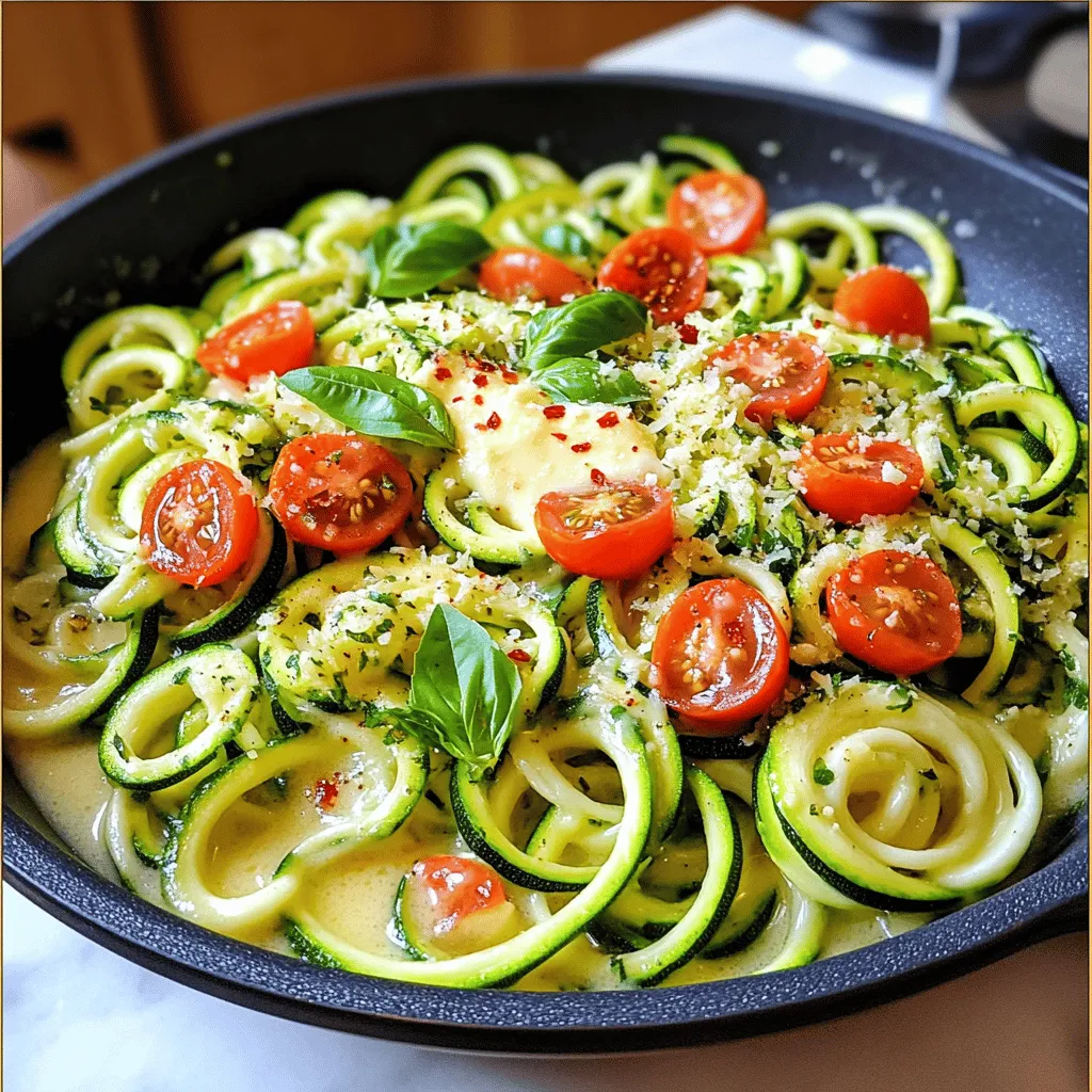 - 4 medium zucchinis, spiralized - 4 tablespoons unsalted butter - 4 cloves garlic, minced - 1 teaspoon red pepper flakes (optional) - 1/2 cup cherry tomatoes, halved - 1/4 cup grated Parmesan cheese (or nutritional yeast for a vegan option) - Salt and black pepper, to taste - Fresh basil or parsley, for garnish You can switch the butter for olive oil. This works well for dairy-free diets. For a vegan option, use nutritional yeast instead of Parmesan cheese. It gives the dish a cheesy flavor without dairy. If you prefer less spice, you can skip the red pepper flakes. When selecting zucchini, look for firm ones. They should have smooth, shiny skin. Avoid zucchinis with soft spots or blemishes. Smaller zucchinis are often sweeter and more tender. If you can, buy organic to avoid pesticides. Fresh zucchini makes your dish taste better! Start by washing your zucchinis. Use a spiralizer to make long, curly noodles. If you don’t have one, a vegetable peeler works too. Just peel long strips from the zucchini to make wide ribbons. Aim for about four medium zucchinis for the best yield. Once you have your zoodles, set them aside for later. In a large skillet, melt four tablespoons of unsalted butter over medium heat. The butter should melt slowly. While it melts, mince four cloves of garlic. Once the butter is ready, add the minced garlic. If you like a kick, add one teaspoon of red pepper flakes. Sauté for about one to two minutes. Keep the garlic fragrant but not browned. This step brings out the rich, buttery flavor. Now, it’s time to add the zucchini noodles to the skillet. Toss them gently in the garlic butter for about three to four minutes. You want them tender but still a bit crunchy. After that, add half a cup of halved cherry tomatoes. Cook for another two minutes. The tomatoes should soften just a little. Remove the skillet from heat. Sprinkle a quarter cup of grated Parmesan cheese on top. Toss everything until well mixed. Season with salt and black pepper to taste. Garnish with fresh basil or parsley before serving. Enjoy your delicious Garlic Butter Zucchini Noodles! To make perfect zoodles, start with fresh zucchinis. Look for smooth skin and firm texture. Avoid zucchinis that feel soft or have blemishes. Spiralize them right before cooking to keep them crisp. If you don't have a spiralizer, use a vegetable peeler to create ribbons. Remember, the thinner the noodles, the quicker they cook. Garlic butter is a star in this dish. But you can add more flavor. Try adding red pepper flakes for a spicy kick. Fresh herbs like basil or parsley brighten the dish. A squeeze of lemon juice can add freshness too. If you love cheese, sprinkle more Parmesan on top. Taste as you go, and adjust the salt and pepper to your liking. Serve your zoodles right away for the best taste. They pair well with grilled chicken or shrimp for a hearty meal. You can also serve them as a side with steak or fish. For a vegetarian option, add chickpeas or beans. Garnish with extra herbs and cheese for a nice touch. Enjoy this dish as a light main or a flavorful side! {{image_2}} You can easily add protein to your garlic butter zucchini noodles. Chicken, shrimp, or tofu works great. Cook your protein first, then mix it into the zoodles. This adds flavor and makes your meal heartier. For shrimp, sauté them until pink. For chicken, grill or pan-sear until cooked through. Tofu can be cubed and pan-fried for a crispy touch. If you want a vegan option, use nutritional yeast instead of cheese. It gives a nice cheesy flavor without dairy. Mix in about 1/4 cup of nutritional yeast when you add the cherry tomatoes. This keeps your dish creamy while staying plant-based. Nutritional yeast is rich in B vitamins and adds great taste. You can mix in seasonal veggies for extra nutrients. Bell peppers, spinach, or peas pair well with zoodles. Add them just after the garlic for a few minutes. This keeps them bright and crisp, adding color and flavor. Try to match the seasons for the best taste. Fresh ingredients always enhance your dish. Store leftover Garlic Butter Zucchini Noodles in an airtight container. They will stay fresh for about three days. Make sure to let them cool before sealing. This keeps them from getting soggy. If you add tomatoes, they may release extra moisture. Reheat your noodles gently. Use a skillet over low heat. Add a splash of water or olive oil to keep them moist. Stir often to ensure even heating. You can also use the microwave. Heat in short bursts, stirring in between. This helps avoid rubbery noodles. Freezing zucchini noodles is not ideal. They can become mushy once thawed. If you still want to freeze them, do it before cooking. First, spiralize the zucchini and blanch them quickly in boiling water. Then, cool them in ice water. Drain well and pack in freezer bags. They will last for about three months. You can easily make zucchini noodles without a spiralizer. Just grab a vegetable peeler. First, wash the zucchini. Then, peel long strips from the zucchini. Keep peeling until you reach the seeds in the center. This will give you wide ribbons of zucchini. These ribbons work well in your dish. Yes, you can make this recipe in advance. Cook the zucchini noodles as directed and let them cool. Store them in an airtight container in the fridge. They will stay fresh for about two days. When you are ready to eat, just reheat them in a skillet. Add a bit of butter or oil to keep them tasty. The best sauces for zucchini noodles are light and fresh. Garlic butter sauce, like in this recipe, is a top choice. You can also use marinara or pesto. Creamy sauces work well too, like Alfredo or a cashew cream. Choose what you like best to match your mood. Zucchini noodles are simple and tasty. We covered the best ingredients, tips for fresh zucchini, and how to create perfect zoodles. You learned how to enhance flavor and serve this dish in many ways. I shared storage tips and answers to common questions too. With these insights, you can enjoy zucchini noodles anytime. Explore new variations. Get creative with flavors. Enjoy fresh, healthy meals that are fun to make!