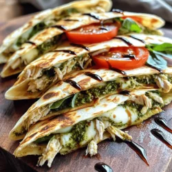 - 2 cups cooked chicken, shredded - 1 cup basil pesto - 1 cup fresh mozzarella cheese, shredded - 1 large tomato, sliced - 1 cup fresh spinach leaves - 4 large flour tortillas - 2 tablespoons olive oil - Salt and pepper to taste - Balsamic glaze (optional) Gathering the right ingredients is key to making these quesadillas shine. Start with cooked chicken and shred it into fine pieces. You can use leftover chicken or quickly cook some fresh. Next, grab a jar of basil pesto. This adds a rich flavor that makes the dish special. Fresh mozzarella cheese is a must for that gooey texture. Slice up a large tomato for freshness. For the extra crunch and color, include fresh spinach leaves. You will need large flour tortillas to hold all the fillings together. Olive oil helps in cooking the quesadillas to golden perfection. Don't forget to season with salt and pepper for taste. If you want to add a sweet touch, balsamic glaze is a nice option for drizzling on top. With these ingredients, you are ready to make a delicious meal. Start by mixing the shredded chicken with basil pesto in a large bowl. I like to use my hands to ensure the chicken gets an even coat of pesto. This step is key for flavor. You want every bite to taste great with that fresh basil. Next, lay out two large tortillas on your counter. Spread half of the pesto chicken mixture on each tortilla. Then, layer half of the shredded mozzarella on top. Add sliced tomatoes and fresh spinach leaves. Don't forget to season with salt and pepper. Finally, sprinkle the rest of the mozzarella over the top. Place a second tortilla on each filled tortilla. Now, heat one tablespoon of olive oil in a large skillet over medium heat. Once the oil is hot, carefully place one quesadilla in the skillet. Cook for about 3-4 minutes until the bottom is golden and crispy. Flip the quesadilla with a spatula. If needed, add another tablespoon of olive oil. Cook for another 3-4 minutes until golden and the cheese is melted. Remove from the skillet and let cool slightly before cutting into wedges. Repeat with the second quesadilla. Enjoy your warm, tasty creation! To make your quesadillas crispy, use a hot skillet. Heat it well before adding oil. This helps the tortillas crisp up quickly. Use enough olive oil to coat the pan lightly. Flip the quesadilla only when the bottom is golden. To prevent cheese from leaking, spread the filling evenly. Keep the cheese towards the center of the tortilla. This way, it stays in place as it melts. Press the quesadilla gently, sealing the edges. For the best dipping experience, serve your quesadillas with salsa or guacamole. These dips add flavor and freshness. A creamy ranch dip also works well. Pair your quesadillas with a simple salad. A light side of mixed greens complements the dish. You can also serve fresh fruit, like watermelon or grapes, for a sweet touch. {{image_2}} You can switch out the chicken for shrimp or veggies. Shrimp adds a nice taste. For veggies, try bell peppers or mushrooms. These options keep your dish fresh and fun. Cheese is also flexible. While fresh mozzarella is classic, you can use cheddar or pepper jack for a different flavor. Each cheese brings its own twist to the quesadilla. Want to boost the flavor? Add fresh herbs like basil or oregano. These herbs enhance the taste without overpowering the dish. You can also sprinkle in a bit of garlic powder for extra zest. Adding more vegetables can make your quesadillas even better. Try adding sliced bell peppers or zucchini. These veggies add crunch and color, making your meal more exciting. To keep your Minute Pesto Chicken Caprese Quesadillas fresh, place them in an airtight container. This helps avoid moisture loss and keeps flavors strong. Let the quesadillas cool before storing. In the fridge, they last about 3 to 4 days. If you want to store them longer, consider freezing. Wrap each quesadilla in plastic wrap, then place them in a freezer bag. They can stay fresh in the freezer for up to 2 months. When it’s time to enjoy your leftovers, reheating can make a big difference. The best method is to use a skillet. Heat it over medium heat and add a bit of olive oil. Place the quesadilla in the skillet. Cook for about 2-3 minutes on each side. This keeps the quesadilla crispy and warm. If you prefer, you can also use an oven. Preheat it to 350°F (175°C) and bake for about 10-15 minutes. Just be sure to cover them with foil to avoid drying out. It takes just 20 minutes to make these quesadillas. You spend about 10 minutes prepping your ingredients. The cooking time is the other 10 minutes. This quick dish is perfect for busy nights. Yes, you can prepare quesadillas in advance. Make your quesadillas, but do not cook them yet. Wrap them in plastic wrap. Store them in the fridge for up to 24 hours. When you are ready, just cook them as usual. This saves time during busy meals. If you need to swap basil pesto, try these options: - Spinach pesto for a mild flavor - Sun-dried tomato pesto for a rich taste - Homemade avocado spread for creaminess These choices cater to different diets and tastes. Enjoy exploring new flavors! This blog post shared a simple recipe for Minute Pesto Chicken Caprese Quesadillas. You learned about the main and additional ingredients needed, along with step-by-step instructions for cooking. I shared tips on perfecting your quesadillas, variations for different tastes, and how to store and reheat leftovers. In the end, these quesadillas offer a quick and tasty option for any meal. Make them your own by adding your favorite flavors! Enjoy creating and sharing them with others.