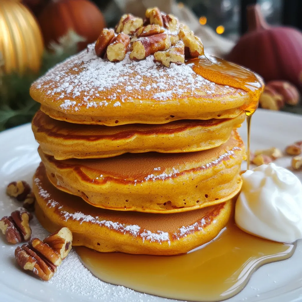 To make these tasty pumpkin spice protein pancakes, gather the following ingredients: - 1 cup oat flour - 1 cup pumpkin puree - 1 scoop vanilla protein powder - 1 teaspoon baking powder - 1 teaspoon cinnamon - 1/2 teaspoon nutmeg - 1/4 teaspoon ginger - 1/4 teaspoon salt - 1 cup almond milk (or any milk of choice) - 2 tablespoons maple syrup (plus extra for serving) - 1 teaspoon vanilla extract - Cooking spray or coconut oil for the pan These ingredients blend to create a fluffy and flavorful pancake. Oat flour adds a nutty taste and a great texture. Pumpkin puree gives moisture and a rich flavor, while protein powder boosts the nutrition. Baking powder helps the pancakes rise. The spices, including cinnamon, nutmeg, and ginger, bring out that warm, cozy pumpkin spice flavor we love. Milk is key for mixing. I prefer almond milk, but feel free to use any milk you enjoy. Maple syrup sweetens the mix and adds a hint of caramel. The vanilla extract enhances the overall taste. Finally, cooking spray or coconut oil keeps the pancakes from sticking to the pan. With all these ingredients, you are ready to whip up a batch of delicious pumpkin spice protein pancakes! First, grab a large mixing bowl. Add 1 cup of oat flour, 1 scoop of vanilla protein powder, 1 teaspoon of baking powder, 1 teaspoon of cinnamon, 1/2 teaspoon of nutmeg, 1/4 teaspoon of ginger, and 1/4 teaspoon of salt. Whisk these dry ingredients together well. This step helps to blend all the flavors and ensures an even distribution. Mix until no lumps remain. Next, take a separate bowl. Combine 1 cup of pumpkin puree, 1 cup of almond milk, 2 tablespoons of maple syrup, and 1 teaspoon of vanilla extract. Stir these wet ingredients until smooth. This mix adds moisture and sweetness to your pancakes. Make sure everything blends well to create a creamy texture. Now, pour the wet mix into the dry ingredients. Stir gently until just combined. Don’t worry about small lumps; they are okay. Over-mixing can lead to tough pancakes. A few swirls with your spatula should do the trick. Heat a non-stick skillet over medium heat. Lightly grease it with cooking spray or coconut oil. Pour about 1/4 cup of batter onto the skillet for each pancake. Cook until you see bubbles forming on the surface, which takes about 2-3 minutes. Flip the pancakes and cook for another 2-3 minutes until they turn golden brown. Serve your pancakes warm. Drizzle with extra maple syrup for sweetness. You can also sprinkle a dash of cinnamon on top. For a fun presentation, stack the pancakes high on a plate. Dust lightly with powdered sugar and add crushed pecans or walnuts for crunch. A dollop of Greek yogurt on the side adds a nice creamy touch. To get the best pancakes, you must adjust the batter. The batter should be thick but pourable. If it's too thick, add a splash of almond milk. If it’s too thin, add a bit of oat flour. This balance is key for fluffy pancakes. For fluffier pancakes, consider these tips: - Use fresh baking powder for a good rise. - Allow the batter to rest for a few minutes. This gives the flour time to absorb moisture. You can boost the flavor of your pancakes easily. Adding more spices can make a big difference. Try adding: - A pinch of allspice for warmth. - A dash of cloves for depth. Sweeteners also matter. You can use different ones based on your taste. Maple syrup works well, but honey or agave syrup can add a nice twist. Just adjust the amount to your preference. Your cooking tools play an important role. A good non-stick skillet is a must. It helps prevent sticking and makes flipping easier. I recommend using a medium-sized pan for even cooking. Also, consider using: - A spatula with a thin edge for easy flipping. - A ladle for pouring the batter. This helps keep your pancakes uniform in size. These tools will make cooking a lot easier and more fun! {{image_2}} You can easily add protein boosters to your pancakes. - Adding seeds or nuts: Chia seeds, flaxseeds, or chopped nuts like walnuts or almonds work well. They add a nice crunch and extra nutrients. Just mix them into your batter before cooking. - Using different protein powder flavors: If you want a twist, try chocolate or cinnamon protein powder. This changes the flavor and can make the pancakes even more delicious. You can adapt this recipe to fit your diet. - Gluten-free options: Use a gluten-free flour blend instead of oat flour. This keeps the pancakes light and fluffy while being safe for those with gluten sensitivities. - Vegan alternatives: Swap the protein powder for a plant-based option. Replace the almond milk with any non-dairy milk. You can also use agave syrup instead of maple syrup for sweetness. Change up the spices and ingredients for a seasonal treat. - Using other seasonal spices: Try adding allspice or cloves for a warm flavor. These spices can enhance the pumpkin taste and make it festive. - Alternative pumpkin products: Instead of pumpkin puree, use sweet potato or butternut squash puree. These options will still give you a sweet, creamy texture while adding a different flavor. These variations let you customize your pumpkin spice protein pancakes to match your tastes and dietary needs. Enjoy the fun of making them your own! To keep your pancakes fresh, seal them well. Use an airtight container. This helps prevent moisture loss. You can also wrap them tightly in plastic wrap. Avoid letting air get in. This keeps them fluffy and tasty for longer. Reheat your pancakes with care. The best method is in a skillet. Heat on low and cover with a lid. This method warms them evenly. You can also use a microwave. Place them on a plate and cover with a damp paper towel. This keeps them moist. Heat for about 30 seconds. Check and add more time if needed. Freezing pancakes is easy. First, let them cool completely. Then, stack them with parchment paper in between. This keeps them from sticking together. Place the stack in a freezer bag. Remove as much air as possible. To thaw, leave them in the fridge overnight. You can also microwave them for quick thawing. Just remember to check the texture. You can make these pancakes gluten-free by using gluten-free oat flour. Other great options are almond flour or coconut flour. Just remember, each flour has a different texture and taste. You might need to adjust the liquid to get the right batter thickness. Yes, you can use fresh pumpkin! To prepare it, first, cut it in half and remove the seeds. Roast the pumpkin in the oven until soft, about 45 minutes at 400°F (200°C). Let it cool, then scoop out the flesh. Blend it until smooth for your recipe. If you don’t have almond milk, you can use any milk you like. Options include soy milk, oat milk, or cow's milk. Each milk will add a slightly different flavor but will work just fine in this recipe. To make these pancakes vegan, use a plant-based protein powder. Replace the almond milk with any non-dairy milk. You can also substitute the maple syrup with agave syrup or another sweetener you prefer. To boost the protein in these pancakes, add a tablespoon of chia seeds or flaxseeds. You can also mix in some chopped nuts or even use a higher protein powder. These additions will help you get more protein in every bite. This blog post covered how to make delicious pumpkin pancakes. We explored ingredients, step-by-step instructions, and helpful tips. You can experiment with variations, from gluten-free options to seasonal spices. In the end, these pancakes are not just tasty but easy to customize. Use your favorite flavors and toppings to make them uniquely yours. Enjoy your cooking, and have fun creating a tasty meal that fits your needs!