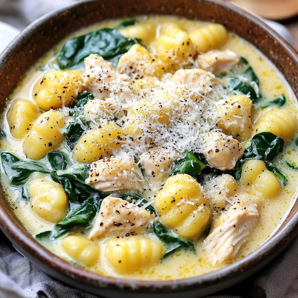 - 1 pound boneless, skinless chicken breasts - 1 tablespoon olive oil - 3 cloves garlic, minced - 1 medium onion, diced - 4 cups low-sodium chicken broth - 1 pound store-bought gnocchi - 1 cup heavy cream - 1 cup baby spinach - 1 teaspoon dried thyme - 1 teaspoon dried basil - Salt and pepper to taste - Grated Parmesan cheese for serving When making Instant Pot creamy chicken gnocchi, the ingredients matter. You want fresh, quality items for the best taste. Start with chicken breasts. I prefer boneless and skinless. This cut cooks evenly and stays tender. Olive oil gives your dish depth. Use it to sauté the chicken and aromatics. Garlic and onion are key for flavor. Mince the garlic finely and dice the onion. These will fill your kitchen with a wonderful aroma. Chicken broth adds richness. I recommend low-sodium broth for a healthier option. It allows you to control the saltiness. Gnocchi is the star here. I choose store-bought for ease, but it tastes great! Heavy cream brings creaminess and a touch of luxury. Baby spinach adds color and nutrients. For seasoning, dried thyme and basil elevate the dish. You can adjust salt and pepper to your liking. Finally, a sprinkle of grated Parmesan cheese finishes it off. It adds a salty bite and pairs well with the creaminess. - Instant Pot - Cutting board and knife - Measuring cups and spoons - Stirring spoon Having the right tools makes cooking easier. An Instant Pot is essential for this recipe. It speeds up cooking and keeps flavors locked in. A good cutting board and knife help you prep your ingredients quickly. Use measuring cups and spoons for accuracy. This ensures your flavors balance well. A stirring spoon is a must for mixing everything together. With these tools, you’ll enjoy a smooth cooking process. - Set the Instant Pot to 'Sauté' mode. - Add 1 tablespoon of olive oil and heat it. - Take 1 pound of diced chicken breasts. Season with salt and pepper. - Sauté the chicken for about 5-6 minutes until it turns brown. - Next, add 3 minced garlic cloves and 1 diced onion. Cook for 2-3 more minutes. - Pour in 4 cups of low-sodium chicken broth. Make sure to scrape the bottom of the pot. - Stir in 1 teaspoon of dried thyme and 1 teaspoon of dried basil. - Add 1 pound of store-bought gnocchi directly to the pot. Do not stir. - Close the lid and set the valve to ‘Sealing’. - Cook on 'Manual' high pressure for 3 minutes. - When the time is up, do a quick release. Move the valve to 'Venting'. - Open the lid and stir in 1 cup of heavy cream and 1 cup of baby spinach. Let the heat wilt the spinach for about 2 minutes. - Taste and add more salt and pepper if needed. Serve hot with grated Parmesan cheese on top. To get that rich, creamy texture, use heavy cream. It brings a velvety feel to the dish. If you want to adjust the thickness, add more or less cream. You can also mix in a little broth for a lighter sauce. Stir well to blend. Seasonings can make a huge difference. I recommend adding a pinch of garlic powder or onion powder. These boost flavor without extra effort. Fresh herbs are another great choice. Use basil or thyme for more punch. They add depth and freshness, making your meal pop. Be careful not to overcook the gnocchi. They only need a few minutes in the pot. If they get mushy, the dish loses its appeal. When sautéing chicken, cut it into small pieces. This helps it cook evenly. Make sure to brown the chicken well for added flavor. {{image_2}} You can swap chicken for shrimp or tofu. Shrimp cooks quickly, needing just 2-3 minutes on high pressure. Tofu takes longer, about 5 minutes, so use firm tofu for the best texture. Want to add more veggies? Try mushrooms or peas! If adding mushrooms, sauté them with the chicken for extra flavor. Peas can go in with the cream at the end. Keep an eye on cooking times. Add veggies that cook fast, so they don’t get mushy. If you're dairy-free, use coconut milk instead of heavy cream. It gives a rich taste. For cheese lovers, try vegan cheese on top. These swaps keep the dish creamy without dairy. Store your leftovers in an airtight container. Glass containers work best to keep the dish fresh. Let the meal cool before sealing. This helps prevent moisture buildup, which makes gnocchi soggy. To freeze creamy chicken gnocchi, pack it in freezer-safe bags or containers. Remove as much air as you can. This helps avoid freezer burn. When you want to eat it, thaw it in the fridge overnight. Reheat in a pot on low heat. Stir often until warm. You can add a splash of chicken broth to help with creaminess. In the fridge, this dish lasts about 3-4 days. If you freeze it, it stays good for up to 3 months. Check for signs of spoilage before eating. If it smells off or has a strange color, it’s best to toss it. Always trust your senses to keep your meals safe. Yes, you can use fresh gnocchi. Fresh gnocchi cooks faster than store-bought. If you use fresh, cook only for 2 minutes in the Instant Pot. This change helps keep your gnocchi tender and soft. Just remember to adjust the cooking time. To add heat, use crushed red pepper flakes. Start with half a teaspoon and taste. You can also add diced jalapeños or a dash of hot sauce. Spice level depends on personal taste, so adjust to your liking. Yes, you can cook this on the stove. Use a large pot to sauté the chicken, garlic, and onion. Then, add broth and gnocchi. Simmer for about 10 minutes until the gnocchi is soft. Stir in cream and spinach last. Each serving has about 450 calories. It contains 25 grams of protein and 20 grams of fat. You also get 30 grams of carbs. This dish gives you a good balance of nutrients. You can find more detailed facts by checking specific ingredients. This recipe for creamy chicken gnocchi is simple and satisfying. You learned the key ingredients and how to use your Instant Pot. We explored tips to enhance flavor and texture. I shared variations for protein and vegetables, plus storage tips. Now you can enjoy a delicious meal any day of the week. With a few tweaks, you can make this dish your own. I hope you feel ready to cook up this creamy delight!