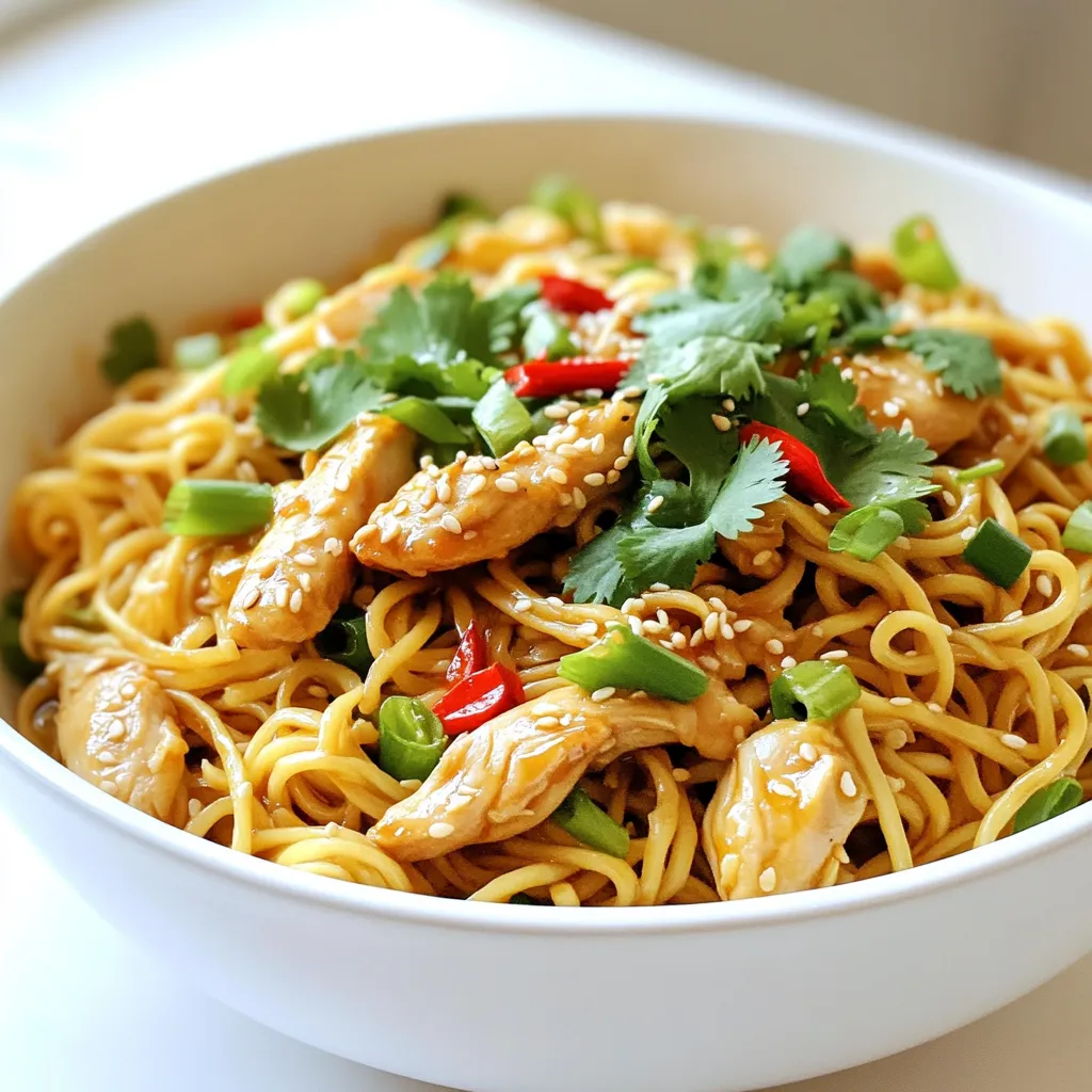 To make Chili Garlic Chicken Noodles, you need the following ingredients: - 200g chicken breast, thinly sliced - 200g egg noodles - 3 tablespoons sesame oil - 4 cloves garlic, minced - 1-2 red chilies, sliced (adjust to taste) - 3 tablespoons soy sauce - 1 tablespoon oyster sauce or hoisin sauce - 1 tablespoon sugar - 1 bell pepper, thinly sliced - 2 green onions, chopped - Fresh cilantro for garnish - Salt and pepper to taste - Optional: Sesame seeds for garnish These ingredients combine to create a dish that is both spicy and savory. The chicken gives protein, while the noodles add substance. Garlic and chilies provide heat, making each bite exciting. Bell peppers add crunch and color. Fresh cilantro at the end brightens the dish. If you want to tweak flavors, adjust the amount of chilies. You can also use different vegetables or proteins based on what you have. Enjoy the process of mixing these ingredients to create a delightful meal! - Bring a pot of water to boil. - Add the egg noodles and cook them until al dente. - Drain the noodles and rinse them under cold water. - Heat sesame oil in a skillet over medium-high heat. - Season the sliced chicken with salt and pepper, then stir-fry it. - Make sure the chicken is browned and cooked through. - Push the chicken to one side of the skillet. - Add minced garlic and sliced chilies to the pan. - Sauté until the garlic is fragrant, about one minute. - Add the sliced bell pepper to the skillet. - Stir-fry the bell pepper until it is slightly soft but still crisp. - Add the cooked noodles, soy sauce, oyster sauce, and sugar. - Toss everything together to combine the flavors well. - Ensure the noodles are well coated with the sauce. - Stir in the chopped green onions for a fresh touch. - Adjust the seasoning as needed to taste. - Serve the noodles hot, garnished with fresh cilantro and sesame seeds. - Cook noodles al dente for best texture. This keeps them firm and tasty. - Adjust chili quantity for spice preference. Add more or less chili based on your taste. - Use fresh ingredients for better taste. Fresh garlic and herbs boost flavor. - Consider marinating chicken beforehand. A simple mix of soy sauce and garlic works great. - Serve with extra chili flakes for those who love heat. - Pair with a side salad or steamed vegetables. This adds crunch and balances the meal. {{image_2}} You can easily make this dish vegetarian. Simply substitute the chicken with tofu or tempeh. Tofu absorbs the flavors well, making it a great choice. Tempeh adds a nutty taste and chewy texture. For extra flavor, use vegetable stock instead of water when cooking the noodles. This will enhance the taste and make the dish more satisfying. If you want a different texture, swap egg noodles for rice noodles. Rice noodles are light and soak up the sauce nicely. You can also use whole grain or gluten-free noodles. These options offer a healthier twist while keeping the dish delicious. Make sure to follow the cooking instructions for the type of noodles you choose. Not a fan of chicken? You can easily use shrimp or beef instead. Shrimp cooks quickly and adds a sweet flavor, while beef gives a rich taste. You can also incorporate different vegetables, like broccoli or carrots. These veggies add color and nutrients, making your meal even better. Feel free to try your favorite proteins and veggies to create your own version. Store any leftovers in an airtight container. This keeps the noodles fresh and tasty. Try to eat them within 2-3 days for the best flavor. The longer they sit, the less tasty they become. You can freeze these noodles for up to one month. Just make sure to pack them well. When you are ready to eat, thaw them in the fridge overnight. To reheat, use a skillet or microwave. If using a skillet, add a splash of water for moisture. This keeps the noodles from drying out. Stir often to heat evenly. In the microwave, cover the dish to retain steam. This helps the noodles stay soft. - You can reduce the number of chilies used. Start with just one chili. Taste it, then add more if you want more heat. - Yes, you can prepare some parts in advance. However, for the best texture, cook the noodles right before serving. - You can use olive oil or vegetable oil instead. Both will work nicely in this dish. - Yes, just make sure to use gluten-free soy sauce and gluten-free noodles. This way, you can enjoy the dish without gluten. - The total prep and cook time is only 15 minutes. It’s a quick and easy meal! This blog post shared a tasty recipe for Chili Garlic Chicken Noodles. You learned about key ingredients and simple steps for preparation. I also included cooking tips and variations tailored to different tastes. Remember to enjoy fresh ingredients for the best flavor. This dish is quick and versatile, perfect for busy days. With these easy guidelines, you can make a delicious meal that impresses. Try it out and make it your own!