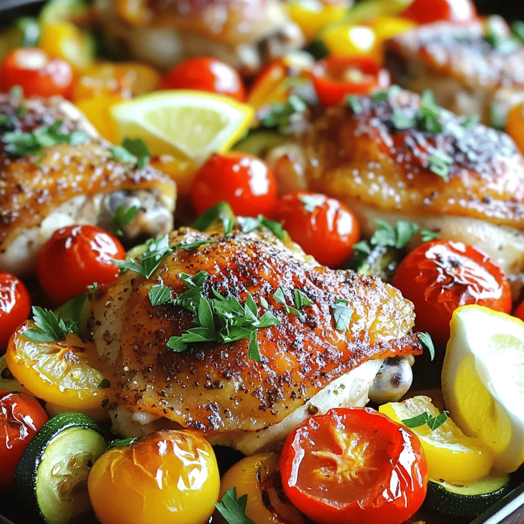 To make Sheet Pan Mediterranean Chicken Veggies, gather the following items: - 4 boneless, skinless chicken thighs - 1 cup cherry tomatoes, halved - 1 red bell pepper, sliced - 1 yellow bell pepper, sliced - 1 medium red onion, cut into wedges - 1 zucchini, sliced - 3 cloves garlic, minced - 1 teaspoon dried oregano - 1 teaspoon dried thyme - 1 teaspoon paprika - ½ teaspoon crushed red pepper flakes (optional for spice) - ¼ cup olive oil - Salt and pepper to taste - Fresh parsley, chopped (for garnish) - Lemon wedges (for serving) Here are the measurements for each ingredient: - Chicken thighs: 4 pieces (boneless, skinless) - Cherry tomatoes: 1 cup (halved) - Red bell pepper: 1 (sliced) - Yellow bell pepper: 1 (sliced) - Red onion: 1 medium (cut into wedges) - Zucchini: 1 (sliced) - Garlic: 3 cloves (minced) - Dried oregano: 1 teaspoon - Dried thyme: 1 teaspoon - Paprika: 1 teaspoon - Crushed red pepper flakes: ½ teaspoon (optional) - Olive oil: ¼ cup - Salt and pepper: to taste - Fresh parsley: for garnish - Lemon wedges: for serving To boost the taste, consider adding: - Fresh herbs like basil or rosemary - Feta cheese, crumbled, for a tangy kick - Kalamata olives for a salty touch - A splash of balsamic vinegar for depth - Extra spices like cumin or coriander for a twist These optional items can elevate your dish and make it more exciting. Try mixing and matching based on what you enjoy! First, gather your ingredients. You will need: - 4 boneless, skinless chicken thighs - 1 cup cherry tomatoes, halved - 1 red bell pepper, sliced - 1 yellow bell pepper, sliced - 1 medium red onion, cut into wedges - 1 zucchini, sliced - 3 cloves garlic, minced - 1 teaspoon dried oregano - 1 teaspoon dried thyme - 1 teaspoon paprika - ½ teaspoon crushed red pepper flakes (optional for spice) - ¼ cup olive oil - Salt and pepper to taste - Fresh parsley, chopped (for garnish) - Lemon wedges (for serving) Next, preheat your oven to 425°F (220°C). While it warms up, get a large bowl. Add the chicken thighs, olive oil, minced garlic, oregano, thyme, paprika, crushed red pepper, salt, and pepper. Mix everything well to coat the chicken. Now, grab a large sheet pan. Place the seasoned chicken thighs in the center. Surround them with cherry tomatoes, bell peppers, red onion wedges, and zucchini slices. This makes a colorful and tasty mix. Drizzle a bit more olive oil over the veggies. Sprinkle with extra salt, pepper, and a touch of oregano. Use your hands to toss everything gently. This helps the flavors blend. Put the sheet pan in the preheated oven. Roast for about 25-30 minutes. Check that the chicken reaches an internal temperature of 165°F (75°C). The veggies should be tender with a nice char. Once cooked, carefully take the pan out of the oven. Let it cool for a few minutes. While it cools, chop some fresh parsley for garnish. To serve, place the chicken and veggies on plates. Add the chopped parsley on top. Serve with lemon wedges on the side for a zesty kick. Enjoy your delicious Mediterranean meal! To boost the taste of your dish, use fresh herbs. Fresh thyme and parsley add great flavor. Squeeze fresh lemon juice over the chicken and veggies right before serving. This gives a bright touch that wakes up the dish. Don't forget to adjust the spices to match your taste. If you love heat, add more crushed red pepper flakes. Oven times can vary. Check your chicken at 25 minutes. It should reach 165°F (75°C) for safety. If you use larger chicken pieces, they may need extra time. For veggies, ensure they are tender and slightly charred. If you want more crispness, turn on the broiler for the last few minutes. Don't overcrowd the pan. This can make the veggies steam instead of roast. Spread everything out for even cooking. Also, don’t skip the oil. It helps the chicken and veggies brown nicely. Lastly, remember to season well. A pinch of salt and pepper can make a big difference! {{image_2}} You can switch the chicken thighs for other proteins. Try using chicken breasts for a leaner option. Turkey thighs also work well and have a rich flavor. If you want a meat-free meal, use chickpeas or tofu. Both options soak up flavors nicely. You can mix up the veggies based on your taste. Broccoli or asparagus make great additions. Carrots or sweet potatoes bring a sweet touch. Feel free to use any seasonal veggies you like. Just ensure they roast well and cook evenly. To change the flavor, use different herbs and spices. Swap oregano for basil or rosemary for a fresh twist. Add lemon zest for brightness or balsamic vinegar for depth. You can even toss in some feta cheese for a creamy finish. Each change adds a new layer to your dish. After you make the Mediterranean chicken and veggies, let them cool. Place any leftovers in an airtight container. They will last in the fridge for up to three days. When you are ready to eat, just take them out and enjoy! If you want to save some for later, freezing is a great option. Allow the dish to cool completely before freezing. Use freezer-safe containers or bags. This meal can stay good for up to three months in the freezer. Make sure to label your container with the date. When you are ready to eat your frozen meal, thaw it in the fridge overnight. For reheating, you can use the microwave or oven. If using the oven, preheat it to 350°F (175°C). Place the chicken and veggies in a baking dish and cover with foil. Heat for about 20 minutes or until it’s hot throughout. If you want to keep it juicy, add a splash of olive oil before reheating. Enjoy the flavors! Yes, you can use frozen chicken. Just make sure to thaw it first. Thaw the chicken in the fridge overnight for best results. If you don’t have time, you can use the microwave. Just be careful not to cook it in the microwave. You want it thawed, not cooked. After thawing, follow the same steps for seasoning and cooking as fresh chicken. To add spice, use crushed red pepper flakes. The recipe already includes half a teaspoon. You can add more if you like heat. Another option is to use spicy paprika or even cayenne pepper. These spices boost heat and flavor. Just remember to taste as you go. You want to enjoy the heat, not overpower the dish. This dish pairs well with many sides. Here are a few ideas: - Quinoa: It adds a nice nutty flavor. - Rice: White or brown rice works well. - Pita Bread: Great for scooping up veggies. - Tzatziki Sauce: A cool dip that balances the spices. - Salad: A light green salad adds freshness. Feel free to mix and match to find your perfect meal! This blog post covers key elements for a great dish. We explored the ingredients, including measurements and optional flavors. I shared easy steps for preparation, cooking, and serving. You learned valuable tips to enhance taste and avoid common mistakes. We also discussed tasty variations, storage methods, and important FAQs. Remember, cooking is about experimenting. You can make this dish your own with simple changes. Enjoy creating a meal that everyone will love.
