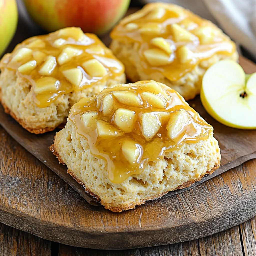 - 2 cups all-purpose flour - 1/2 cup granulated sugar - 1 tablespoon baking powder - 1/2 teaspoon salt - 1/2 teaspoon ground cinnamon - 1/2 cup cold unsalted butter, cubed - 1/2 cup buttermilk - 1 small apple, peeled, cored, and diced (about 1 cup) - 1/2 teaspoon vanilla extract - 1/4 cup maple syrup (for glaze) - 1/2 cup powdered sugar Gathering the right ingredients is key. I always start with the dry ones. Measure 2 cups of all-purpose flour. Add 1/2 cup of granulated sugar for sweetness. Next, mix in 1 tablespoon of baking powder. This helps the scones rise. Sprinkle in 1/2 teaspoon of salt and 1/2 teaspoon of ground cinnamon for flavor. Now, for the wet ingredients. Cut 1/2 cup of cold unsalted butter into cubes. This cold butter makes the scones flaky. Pour in 1/2 cup of buttermilk. Dice 1 small apple to get about 1 cup. Add 1/2 teaspoon of vanilla extract for a lovely aroma. For the glaze, you need 1/4 cup of maple syrup and 1/2 cup of powdered sugar. This mix of ingredients creates a wonderful blend of flavors. You will enjoy the sweet, warm notes of maple and apple in every bite. Preheating the Oven and Preparing the Baking Sheet Start by preheating your oven to 400°F (200°C). While it heats up, grab a baking sheet and line it with parchment paper. This helps the scones not stick. Mixing the Dry Ingredients In a large bowl, whisk together the dry ingredients. Combine 2 cups of all-purpose flour, 1/2 cup of granulated sugar, 1 tablespoon of baking powder, 1/2 teaspoon of salt, and 1/2 teaspoon of ground cinnamon. Make sure everything is well mixed. Incorporating the Butter into the Dry Mixture Next, take 1/2 cup of cold unsalted butter, cubed. Add it to the dry mix. Use a pastry cutter or your fingers to blend it in. You want the mixture to look like coarse crumbs. This is key for a flaky scone. Adding Buttermilk and Apple Mixture Now, in a separate bowl, combine 1/2 cup of buttermilk, 1 small apple that is peeled, cored, and diced, and 1/2 teaspoon of vanilla extract. Pour this into the flour mixture. Stir gently until it is just combined. Be careful not to overmix; this keeps your scones light. Kneading the Dough and Shaping Scones Lightly flour your surface and turn out the dough. Knead it gently just a couple of times. Then, pat it into a circle about 1 inch thick. This is where you shape it into a scone format. Baking Time and Checking for Doneness Cut the dough into 8 wedges and place them on your lined baking sheet. Bake for 15-20 minutes. Keep an eye on them. They should turn a light golden brown. Once done, take them out and let them cool slightly before glazing. How to Achieve a Flaky Texture To get that perfect flaky texture, keep your butter cold. Cold butter helps create steam, which gives the scones their lightness. I like to cut the butter into small cubes and chill it before mixing. When you combine it with the flour, use your fingers or a pastry cutter. You want to mix just until it looks like coarse crumbs. Don't overmix! This keeps the scones fluffy. Importance of Cold Ingredients Using cold ingredients is key. Cold buttermilk, for example, helps keep the dough cool while you mix. It also helps the scones rise well in the oven. I suggest chilling your mixing bowl too. Every bit of cold helps you achieve that flaky texture. Techniques for Drizzling the Maple Glaze For the glaze, I whisk together maple syrup and powdered sugar until smooth. You can use a spoon to drizzle it over the warm scones. If you want a more precise look, use a piping bag. This makes the glaze more fun and adds a personal touch. Adding Decorative Touches To make your scones look fancy, consider adding apple slices or a sprinkle of cinnamon on top after glazing. This adds some color and makes your scones more inviting. Presentation matters, so don’t skip this step! Using a rustic wooden platter can also enhance the overall look. {{image_2}} Adding Nuts or Dried Fruits You can make your scones even better by adding nuts or dried fruits. Try chopped walnuts or pecans for a nice crunch. Dried cranberries or raisins add a sweet touch. Mix in about half a cup of either to the dough before shaping. This makes each bite a new surprise. Using Different Types of Apples Different apples change the taste of your scones. Sweet apples, like Fuji or Honeycrisp, add a nice flavor. Tart apples, like Granny Smith, give a fun contrast to the sweetness. Use your favorite or whatever you have on hand. Just remember to peel, core, and dice the apples first. Gluten-Free Options If you want gluten-free scones, use a good gluten-free flour blend. Check the mix for xanthan gum, which helps with texture. You may need to adjust the liquid a bit. Start with the same amount and add more if needed. This way, your scones will still rise and taste great. Vegan Alternatives to Butter and Buttermilk You can make these scones vegan by swapping out the butter and buttermilk. Use coconut oil or vegan butter instead of regular butter. For buttermilk, mix one cup of plant milk with a tablespoon of vinegar. Let it sit for five minutes. This will give you a nice vegan scone that everyone can enjoy. To keep your leftover scones fresh, follow these simple steps: - Best Practices for Storing in the Fridge: Place the scones in an airtight container. This will keep them moist and prevent them from drying out. You can also wrap them in plastic wrap for extra protection. - Freezing Options for Extended Shelf Life: If you want to save scones for later, freeze them. Wrap each scone in plastic wrap and place them in a freezer-safe bag. They can last up to three months in the freezer. To enjoy your scones again, reheat them properly: - How to Reheat for Optimal Freshness: Preheat your oven to 350°F (175°C). Place the scones on a baking sheet and heat for about 10 minutes. This will make them warm and soft again. You can also use a microwave for quick reheating. Just heat for 15-20 seconds. Enjoy them with a drizzle of maple syrup! Yes, you can make the scones ahead of time. You can prepare the dough and shape it into wedges. Then, wrap the dough tightly and store it in the fridge for up to 24 hours. When you are ready to bake, just take them out and bake as directed. If you don’t have buttermilk, don’t worry. You can mix regular milk with vinegar or lemon juice. Use 1 cup of milk and add 1 tablespoon of vinegar or lemon juice. Let it sit for about 5 minutes before using it in your recipe. These scones stay fresh for about 2-3 days when stored in an airtight container. If you want them to last longer, you can freeze them. Just make sure they cool completely before sealing them in a freezer bag. Absolutely! If you want a different flavor, you can try a cinnamon glaze. Just mix powdered sugar with a bit of milk and cinnamon. You could also use a simple lemon glaze by mixing powdered sugar with lemon juice for a bright taste. You learned how to make delicious scones in this post. We covered the right ingredients, step-by-step instructions, and helpful tips. You can create tasty variations and find ways to store your scones. The key is using cold ingredients for a flaky texture. With practice, you can impress anyone with your baking skills. Enjoy sharing these treats with friends and family. They will love the flavors and textures you bring to life. Happy baking!