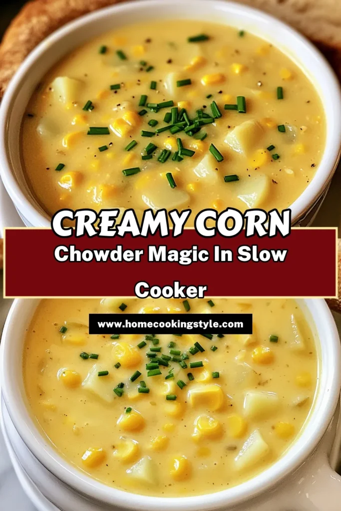 Warm up your day with this delicious Slow Cooker Creamy Corn Chowder! Packed with fresh corn, tender potatoes, and rich flavor, this easy recipe is perfect for weeknight dinners or cozy gatherings. Just toss the ingredients into your slow cooker and let it do the magic. Ready to savor a bowl of comfort? Click through to explore this creamy delight and discover other tasty recipes! #SlowCookerRecipes #CornChowder #ComfortFood #EasyCooking