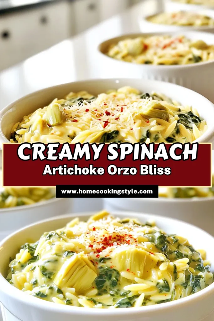 Savor the deliciousness of Creamy Spinach Artichoke Orzo, a quick and satisfying dish perfect for any meal. With just a few simple ingredients like orzo, creamy cheeses, and fresh veggies, you can create a delightful bowl that's packed with flavor. Ready to impress your taste buds? Click through for the full recipe and see how easy it is to make this creamy treat at home! #SpinachArtichoke #OrzoRecipes #ComfortFood #EasyMeals